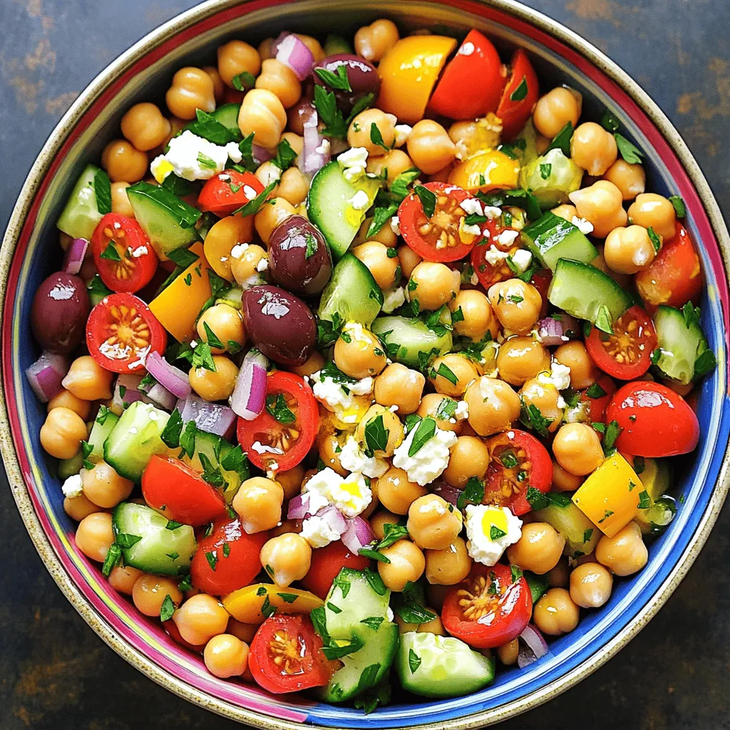 To make a tasty Mediterranean chickpea salad, gather these ingredients: - 1 can (15 oz) chickpeas, thoroughly rinsed and drained - 1 cup cherry tomatoes, halved for sweetness - 1 medium cucumber, diced for crunch - ½ small red onion, finely chopped for a mild bite - 1 bell pepper (any vibrant color), diced for color and flavor - ½ cup kalamata olives, pitted and sliced for a briny touch - ¼ cup feta cheese, crumbled to add creaminess - ¼ cup fresh parsley, finely chopped for freshness - 3 tablespoons extra virgin olive oil for a rich dressing - 2 tablespoons freshly squeezed lemon juice for brightness - 1 teaspoon dried oregano for herbal notes - Salt and black pepper, to taste I often use canned chickpeas for their convenience. They save time and are easy to find. Just remember to rinse them well. Fresh chickpeas, if you can find them, offer a firmer texture. You can cook them from dried, but it takes longer. Choose based on your time and taste. Feel free to personalize your salad! Here are some fun ideas: - Add diced avocado for creaminess. - Toss in some arugula for a peppery kick. - Include diced artichokes for a tangy flavor. - Try roasted red peppers for a smoky taste. These add-ins can make your salad even more exciting. Mix and match to find your favorite twist! For the full recipe, check out the detailed instructions. Start by rinsing and draining the chickpeas. Use a can of chickpeas for ease. Next, cut the cherry tomatoes in half. Dice the cucumber into small pieces. Finely chop the red onion. Dice the bell pepper into bite-sized chunks. Lastly, slice the kalamata olives. This mix of fresh veggies will create a colorful salad. In a large mixing bowl, combine the chickpeas, cherry tomatoes, cucumber, red onion, bell pepper, and olives. This step brings together a variety of flavors and textures. Next, sprinkle in the crumbled feta cheese and chopped parsley. This adds a creamy touch and fresh taste to the mix. In a separate small bowl, whisk together three tablespoons of extra virgin olive oil and two tablespoons of freshly squeezed lemon juice. Add one teaspoon of dried oregano, salt, and black pepper. Whisk until the dressing is smooth. This dressing will bring all the salad flavors together. Drizzle the dressing over the chickpea mixture. Use a large spoon or spatula to gently toss everything together. Make sure every ingredient is coated with the dressing. This ensures each bite is full of flavor. Taste the salad and adjust the flavors to your liking. You may want more salt, black pepper, or lemon juice. Feel free to tweak it until it’s perfect for you. Let the salad sit for at least 15 minutes. This resting time helps the flavors meld. Enjoy your Mediterranean Chickpea Salad! For the full recipe, check the details above. Let your Mediterranean chickpea salad rest. I suggest 15 minutes at room temperature. This simple step allows the flavors to mix well. You will notice a big difference in taste. Seasoning can transform your salad. Use salt and black pepper to bring out the flavors. A squeeze of fresh lemon juice adds brightness. You can also try herbs like dill or basil for a twist. Experiment with different spices to find your favorite mix. Make your salad look as good as it tastes. Serve it in a large, colorful bowl to show off the vibrant ingredients. Sprinkle extra feta cheese on top for a creamy touch. Fresh parsley leaves add a pop of green. For a complete meal, pair the salad with warm pita bread or crunchy pita chips. This adds more texture and flavor to your dining experience. For the full recipe, check out the Mediterranean Chickpea Salad details. {{image_4}} You can easily make this salad vegan. Just skip the feta cheese. Use avocado instead for creaminess. If you need a gluten-free option, this salad is already gluten-free! All the ingredients are safe to enjoy. You can swap out ingredients based on what you have. For example, use sunflower seeds instead of feta for a nutty taste. Seasonal veggies add freshness to your salad. In spring, try adding asparagus or snap peas for crunch. In summer, use ripe heirloom tomatoes for sweetness. In fall, roasted butternut squash brings warmth. In winter, kale can add a hearty texture. Using seasonal ingredients makes the salad taste even better. Want to boost protein? Add cooked chicken or tuna for a hearty meal. These options keep the salad filling and flavorful. You can also add more beans, like black beans or kidney beans, for a plant-based boost. Mixing in protein keeps your meal balanced and satisfying. Enjoy the full recipe to explore these delicious options! To keep your Mediterranean chickpea salad fresh, store it in an airtight container. Make sure to remove as much air as possible. This helps prevent spoilage and keeps the flavors intact. If you notice any moisture in the container, use a paper towel to absorb it. Always label the container with the date you made the salad. Your salad will last about 3 to 5 days in the fridge. After three days, check for any changes in smell or appearance. If it looks or smells off, it's best to toss it out. Enjoy the salad within this time frame for the best taste and texture. Freezing the Mediterranean chickpea salad is not recommended. The fresh vegetables can lose their crispness and flavor when thawed. However, you can freeze individual ingredients, like chickpeas or feta cheese. This way, you can easily make a fresh salad later. If you want to enjoy the salad again, it's best to make a new batch instead of freezing it. You can serve this salad with warm pita bread. Pita chips also make a great side. If you want a heartier meal, pair it with grilled chicken or fish. This adds protein and makes your meal more filling. Yes, you can make this salad ahead of time. It tastes even better when the flavors meld. Just keep it in the fridge for up to two days. If you want, add the dressing just before serving to keep it fresh. Absolutely! Mediterranean Chickpea Salad is naturally gluten-free. The main ingredients like chickpeas and veggies do not contain gluten. It is a safe option for anyone avoiding gluten in their diet. To add spice, try adding diced jalapeños or chili flakes. You can also use a spicy olive oil for the dressing. These small changes will give your salad a nice kick without overpowering it. This salad is rich in protein and fiber from the chickpeas. It also has healthy fats from the olive oil and olives. Each serving contains about 200 calories, 8 grams of protein, and 10 grams of healthy fats. For a full recipe, check out the Mediterranean Chickpea Salad section. This Mediterranean Chickpea Salad is healthy, tasty, and easy to make. We covered the key ingredients, like fresh or canned chickpeas, and discussed fun add-ins. I shared step-by-step instructions for making the salad and tips for serving it well. Explore variations to fit your tastes and learn best practices for storage. Whether it's a side dish or main meal, you can enjoy this salad any time. Dive in and create your own delicious version today!