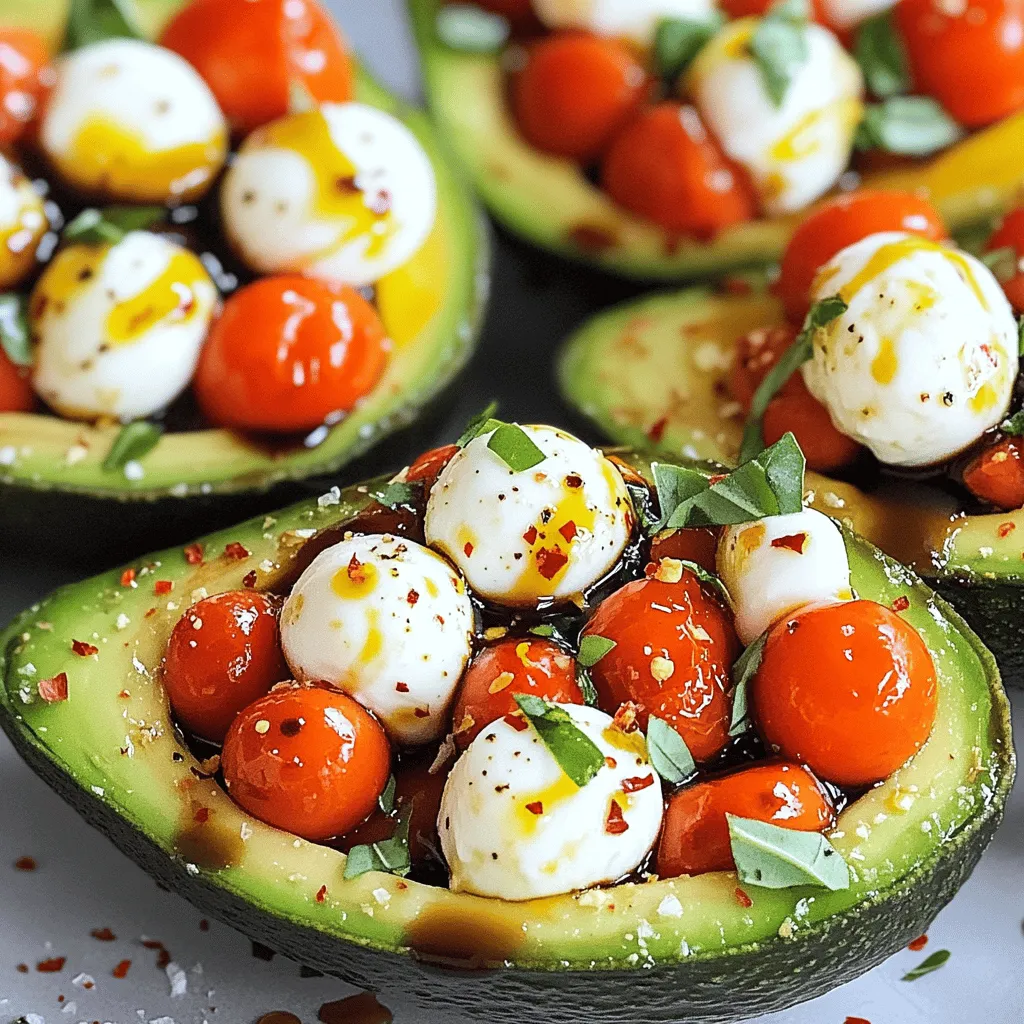 - Two ripe avocados - One cup cherry tomatoes - One cup fresh mozzarella balls - Quarter cup fresh basil leaves - Two tablespoons balsamic glaze - One tablespoon extra virgin olive oil - Salt and pepper to taste - Optional: Crushed red pepper flakes I love using fresh ingredients for this dish. The ripe avocados are creamy and rich. They create a perfect base for the filling. The cherry tomatoes add a burst of sweetness. Fresh mozzarella brings a soft, chewy texture. Basil leaves offer a lovely herbal note that brightens every bite. For the dressing, I drizzle in balsamic glaze. It adds a sweet-tangy flavor that pairs well with the other ingredients. Extra virgin olive oil brings richness and depth. Finally, a sprinkle of salt and pepper enhances all the flavors. If you like heat, the crushed red pepper flakes are a fun option. This dish is simple but packed with flavor. The bright colors make it look beautiful on any table. You can find the Full Recipe to create this delightful meal. Enjoy the fresh tastes of summer with every bite! - Start by cutting each avocado in half lengthwise. - Carefully remove the pit, using a spoon to scoop it out. - Use a spoon to create a small well in each half. This well will hold your filling. - Take the scooped avocado flesh and chop it coarsely. Set it aside in a mixing bowl for later. - In the mixing bowl, add the halved cherry tomatoes and mozzarella balls. - Toss in the chopped basil and the reserved avocado. - Drizzle two tablespoons of extra virgin olive oil and two tablespoons of balsamic glaze over the mix. - Season with salt and pepper to taste. - If you like a bit of heat, add a pinch of crushed red pepper flakes. - Mix all the ingredients until they blend well and the tomatoes are coated. - Grab each avocado half and fill it generously with the Caprese mixture. - Mound the filling high to make it look inviting and colorful. - For presentation, you can drizzle extra balsamic glaze over the top. - Sprinkle more chopped basil for a fresh touch and a pop of color. This recipe is quick and simple, taking only about 10 minutes to prepare. Enjoy the fresh flavors of Caprese stuffed avocados as a delightful meal or snack! For the full recipe, check out the details above. To pick ripe avocados, look for ones that feel slightly soft when you press them gently. They should not feel mushy or hard. A dark green color usually means the avocado is ready. Avoid avocados with brown spots, as they can indicate overripeness. If you want to avoid brown avocados, buy them just before you need them. You can also store them in the fridge to slow down the ripening process. If you cut an avocado and it turns brown, sprinkle lemon juice on it. This helps keep it fresh and green. To boost the taste of your Caprese stuffed avocados, consider adding fresh herbs. Chives, parsley, or oregano pair well with the other ingredients. You can also mix in some diced red onion for a nice crunch and zing. For dressings, a drizzle of lemon vinaigrette can add brightness. A sprinkle of feta cheese adds a salty bite and creamy texture. You can even swap the balsamic glaze for a spicy sriracha for a kick. Caprese stuffed avocados shine as a light lunch or a colorful appetizer. Serve them with crusty bread or a light salad for a full meal. They also work well at parties, picnics, or barbecues. For special occasions, place the stuffed avocados on a beautiful platter. Garnish with whole basil leaves for a pop of color. This makes the dish look inviting and appetizing. You can easily impress your guests with this fresh, simple dish. {{image_4}} To make your Caprese stuffed avocados even heartier, add protein. Grilled chicken or shrimp works great. Cook the chicken or shrimp simply with salt, pepper, and olive oil. Chop it into small pieces and mix it into your Caprese filling. This adds a nice texture and flavor. For a vegetarian or vegan twist, consider using chickpeas, black beans, or tofu. These options boost protein while keeping the dish light and fresh. You can season them with herbs or spices to enhance their flavor. To take your stuffed avocados up a notch, think about flavor enhancements. Adding extra cheese, like feta or goat cheese, can give a tangy twist. You might also try nuts, like pine nuts or walnuts, for a nice crunch. Don’t shy away from exploring spices, either. A sprinkle of Italian seasoning or a dash of chili powder can add depth. If you like heat, consider adding jalapeños or a splash of hot sauce to your filling. Why not give your Caprese stuffed avocados an international flair? You can create a Mediterranean-style version. Swap in olives, artichokes, or sun-dried tomatoes for a new taste. For a fusion idea, think about using Asian flavors. Add sesame oil and diced cucumbers for a refreshing take. You can even drizzle a bit of soy sauce for a unique twist. Feel free to experiment and create your own version of this fresh and simple recipe. For the full recipe, check out the details above! To keep your Caprese stuffed avocados fresh, store them in an airtight container. This helps prevent browning. You can place a piece of plastic wrap directly on the filling. This extra step keeps air from reaching the exposed avocado. I recommend serving these stuffed avocados cold. Reheating can make the avocado mushy. If you prefer warmth, heat the filling in a skillet, but avoid the avocado. This way, you keep the best texture and flavor intact. The filling can last up to two days in the fridge. Watch for signs of spoilage like a sour smell or slimy texture. If the avocado turns brown, it’s best to toss it. Enjoy your delicious Caprese stuffed avocados while they are fresh! If you want to switch up the cheese, try using burrata. It has a creamy texture and rich taste. Feta cheese is another great option, giving a salty kick. Goat cheese also works well, adding tanginess. Each cheese brings its own flavor, making your dish unique. Yes, you can prep the filling ahead of time. Just store it in a sealed container in the fridge. However, I recommend waiting to stuff the avocados until you serve them. This keeps the avocados from browning. If you must stuff them early, add a little lemon juice to slow the browning. Absolutely! Avocados are low in carbs and high in healthy fats. Mozzarella is also low in carbs, making this dish great for keto diets. The tomatoes do add some carbs, but they are packed with nutrients. Enjoy this dish without guilt if you follow a keto plan. Yes, you can use different tomatoes based on your taste. Grape tomatoes bring a sweet burst. Heirloom tomatoes add rich flavors and colors. Roma tomatoes work well too, as they are meaty and less watery. Each type of tomato changes the taste, so feel free to experiment! Caprese stuffed avocados combine fresh ingredients for a tasty dish. From selecting ripe avocados to creating a flavorful filling, these steps are easy to follow. You can even customize the recipe with protein or spices to suit your taste. Remember to store leftovers properly for the best flavor. With this simple guide, you can impress friends and family at any gathering. Enjoy the deliciousness of your creation, and feel free to experiment with your favorite flavors!