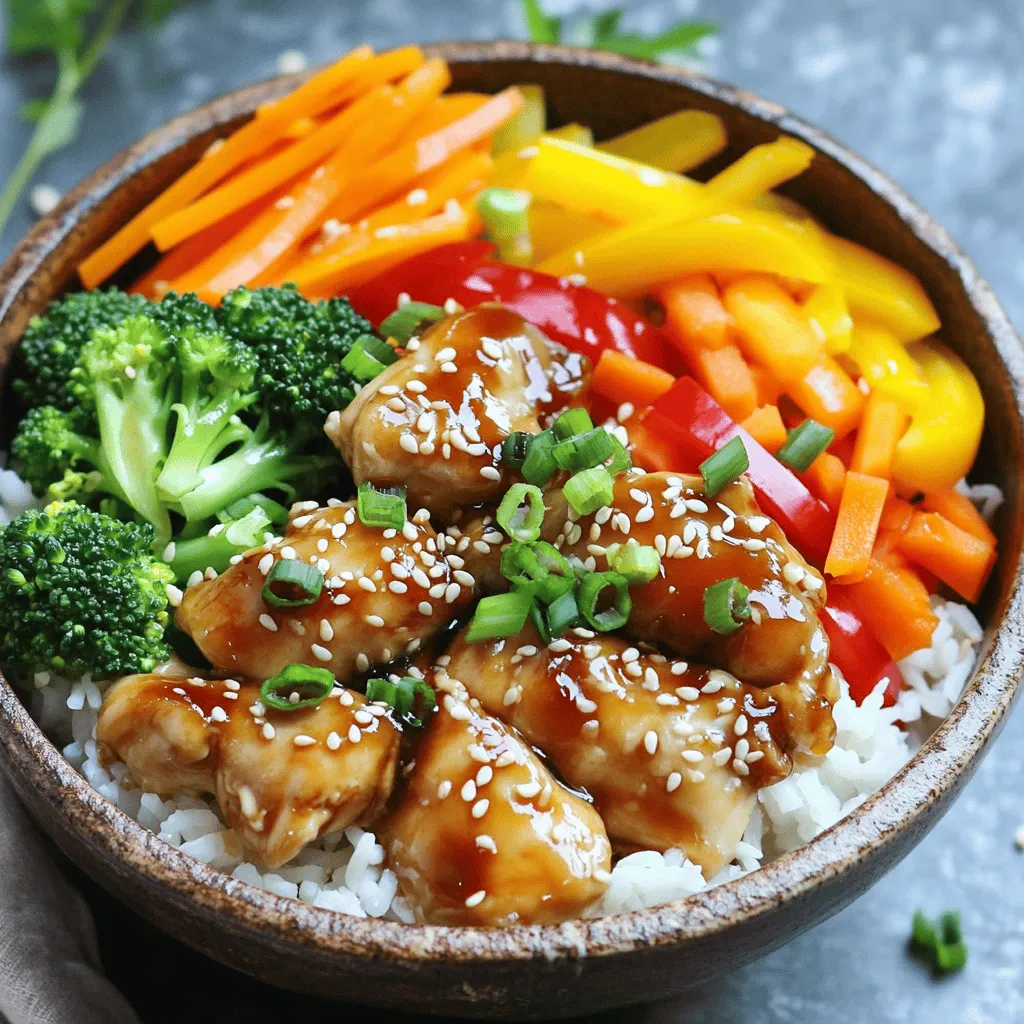 - 1 lb boneless, skinless chicken thighs - 1 cup cooked jasmine rice - 1 bell pepper (red or yellow) - 1 cup broccoli florets - 1 medium carrot - 3 green onions - 1 tablespoon sesame oil - 2 tablespoons low-sodium soy sauce - 3 tablespoons teriyaki sauce - 1 tablespoon fresh ginger - 2 cloves garlic - Sesame seeds The ingredients for teriyaki chicken bowls are simple yet flavorful. I choose boneless, skinless chicken thighs because they stay juicy and tender. You can use jasmine rice for a fragrant base that pairs well with the dish. For veggies, I love using bell peppers, broccoli, and carrots. They add color and crunch. Fresh green onions and sesame seeds make the dish look great and add extra taste. - Calories per serving: About 400 calories - Carbohydrates: 45g - Protein: 27g - Fat: 12g These bowls are packed with nutrients. The chicken provides protein, while the veggies offer vitamins and fiber. Eating colorful vegetables boosts your health and keeps meals exciting. For a balanced meal, this dish covers protein, carbs, and healthy fats. You can enjoy teriyaki chicken bowls guilt-free. If you'd like to dive deeper into the preparation, check out the Full Recipe for all the details. To start, you need to marinate the chicken. In a bowl, combine chopped chicken thighs, minced ginger, minced garlic, soy sauce, and teriyaki sauce. Mix it well so the chicken is coated. Let it marinate for at least 15 minutes. This time allows the flavors to blend and enrich the chicken. Next, heat sesame oil in a large skillet over medium heat. Once hot, add the marinated chicken along with all the marinade. Cook the chicken for about 7-10 minutes. Stir occasionally to ensure even cooking. Check for doneness by making sure the chicken reaches 165°F or 74°C internally. After the chicken is cooked, it’s time for the vegetables. Add sliced bell pepper, broccoli florets, and julienned carrot to the skillet. Stir-fry them for about 5 minutes. You want the vegetables to be bright and tender, but still crisp. This keeps them full of flavor and nutrients. Now, it’s time to put everything together. Start by dividing the warm jasmine rice into four bowls. Spread the rice to create a nice base. Then, top each bowl with the teriyaki chicken and vegetable stir-fry. This layering makes each bowl look inviting and tasty. For the finishing touch, sprinkle chopped green onions and sesame seeds on top of the bowls. This adds flavor and makes the dish more appealing. You can also drizzle extra teriyaki sauce if you like. Enjoy your beautiful teriyaki chicken bowls! For the best results, use a non-stick skillet or wok. This makes cooking easy and helps avoid sticking. To avoid overcooking the chicken, cook it until it turns golden brown. Use a meat thermometer to check that the inside reaches 165°F. This way, your chicken stays juicy and tender. Want more flavor? Try adding a pinch of red pepper flakes for some heat. You can also mix in a little honey for a sweet touch. If you like it spicy, try sriracha or chili garlic sauce. These will elevate your teriyaki bowl. Make your bowls pop with color! Use vibrant bowls and arrange the rice, chicken, and veggies neatly. Add lime wedges on the side for a fresh kick. You can also serve with green tea or sparkling water, which pairs well with this dish. For a final touch, sprinkle extra sesame seeds on top for that gourmet finish. For the full recipe, check out the Full Recipe section. {{image_4}} If you want a vegetarian or vegan teriyaki bowl, there are great substitutes for chicken. You can use tofu, tempeh, or even seitan. These options absorb flavor well and cook nicely. For sauces, swap teriyaki sauce with a mix of soy sauce, maple syrup, and rice vinegar. This blend gives a sweet and savory taste, just like traditional teriyaki. For those needing gluten-free options, look for gluten-free soy sauce. Brands like Tamari work well and still keep the umami flavor. You can also replace regular rice with quinoa or cauliflower rice. These choices are tasty and fit well in the bowl. Teriyaki bowls have many styles worldwide. In Japan, you might find them topped with grilled veggies and served over sushi rice. In Hawaii, people add pineapple for a sweet twist. You can also explore Korean flavors by adding kimchi. Each style adds a unique touch, so feel free to experiment! If you want the full recipe, check out the Teriyaki Chicken Bowls section above. To keep your teriyaki chicken bowls fresh, use airtight containers. Glass containers work great for this purpose. Aim to store your leftovers within two hours of cooking. This will help keep the chicken safe to eat. The dish lasts for about three to four days in the fridge. If you want to freeze your teriyaki chicken bowls, first let them cool completely. Use freezer-safe bags or containers for storage. Make sure to remove as much air as possible. You can freeze the bowls for up to three months. To reheat, thaw in the fridge overnight. Then, heat gently on the stove or in the microwave. Stir well to ensure even heating. Meal prep can save you time during busy weeks. Chop your vegetables and chicken ahead of time. Store them in separate containers. You can also cook the rice in advance and keep it in the fridge. When ready to eat, assemble your bowls quickly. Just combine the rice, chicken, and veggies for a delicious meal in minutes. To make teriyaki chicken, you need a few basic ingredients. You will need chicken thighs, soy sauce, and teriyaki sauce. Here’s how to make it: - Combine chicken with minced ginger, garlic, soy sauce, and teriyaki sauce. - Let it marinate for at least 15 minutes. - Cook the chicken in sesame oil until browned. This simple method brings out the rich flavors of the chicken. You can pair teriyaki chicken bowls with different side dishes. Here are some tasty options: - Steamed edamame for added protein. - Cucumber salad for a refreshing crunch. - Miso soup for a warm, savory touch. These sides balance the flavors and add variety to your meal. Yes, teriyaki chicken bowls can be made ahead of time. Here are some tips for prepping in advance: - Cook the chicken and vegetables, then store them in the fridge. - Prepare the rice separately to keep it fresh. - Assemble the bowls right before serving to maintain texture. This makes meal time quick and easy. The best rice for teriyaki chicken bowls is jasmine rice. It has a fragrant flavor and fluffy texture. Here are some rice options to consider: - Jasmine rice: Soft and aromatic, perfect for soaking up sauce. - Brown rice: A healthier option, with more fiber and nutrients. - Sushi rice: Sticky and holds together well, great for bowls. Each rice type brings a unique taste to the dish. Teriyaki chicken is not very spicy. It has a sweet and savory flavor profile. If you want to adjust the spice level, you can: - Add red pepper flakes for heat. - Use spicy teriyaki sauce if you like it hot. - Serve with sliced jalapeños for an extra kick. This way, you can customize your meal to fit your taste. In this post, we explored making delicious teriyaki chicken bowls with easy steps. We covered key ingredients, cooking tips, and meal prep ideas. This dish is healthy and tasty, packed with veggies and protein. You can customize it to suit your diet, whether vegetarian, gluten-free, or different flavors. Storing leftovers is easy for quick meals next time. Enjoy this dish and get creative with your variations!