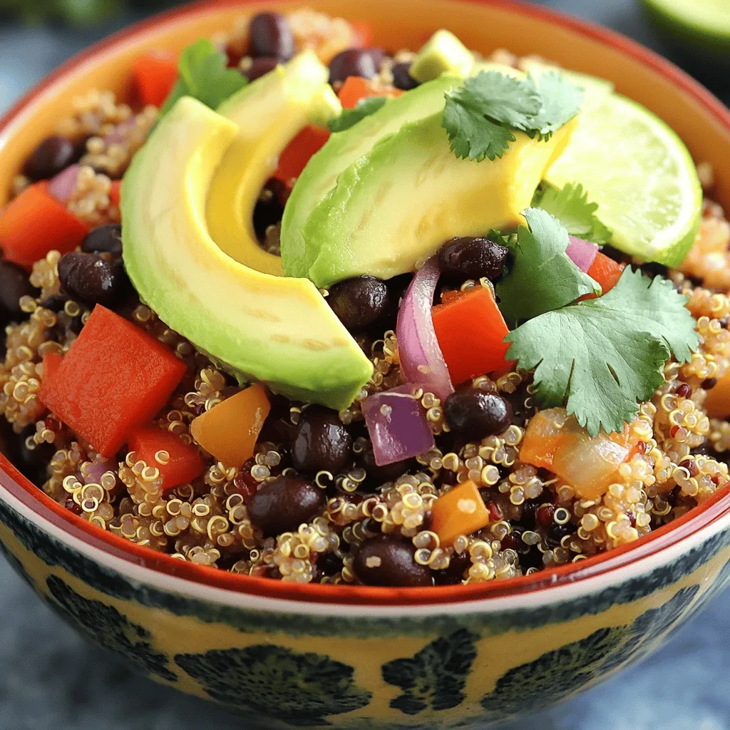 When making a Savory Quinoa and Black Bean Bowl, you need simple and fresh ingredients. Here’s what you'll need: - 1 cup quinoa, thoroughly rinsed - 2 cups vegetable broth (preferably low-sodium) - 1 can (15 oz) black beans, rinsed and drained - 1 red bell pepper, finely diced - 1 small red onion, finely chopped - 2 cloves garlic, minced - 1 teaspoon ground cumin - 1 teaspoon smoked paprika - 1 tablespoon olive oil - Juice of 1 lime (freshly squeezed) - Salt and freshly ground black pepper, to taste - Optional toppings: - 1 ripe avocado, sliced - 1 cup fresh cilantro, coarsely chopped These ingredients bring together a delightful mix of taste and nutrition. The quinoa serves as a great base. It is rich in protein and gluten-free. Black beans add fiber and depth of flavor. Fresh vegetables like bell pepper, onion, and garlic lend crunch and aroma. Using spices like cumin and smoked paprika gives your bowl a warm, earthy flavor. Olive oil and lime juice bring freshness and richness. You can also customize your bowl with avocado and cilantro for extra creaminess and brightness. For the full recipe, refer to the cooking section where you’ll find step-by-step instructions to create this delicious meal. Enjoy the balanced flavors and textures in each bite! 1. Start by boiling the vegetable broth in a medium saucepan over medium-high heat. 2. Once it boils, add the rinsed quinoa. 3. Lower the heat to low and cover the pot. 4. Let it simmer for about 15 minutes. 5. After 15 minutes, check if the liquid is absorbed. 6. Remove from heat and let it rest, covered, for 5 minutes. 1. While the quinoa cooks, heat olive oil in a large skillet over medium heat. 2. Add the chopped onion and sauté for 3-4 minutes until it turns soft and clear. 3. Stir in the minced garlic and diced red bell pepper. 4. Sprinkle in the ground cumin and smoked paprika. 5. Cook for another 3-4 minutes, stirring often until the bell pepper is tender. 6. Gently mix in the black beans. 7. Heat the mixture for 2-3 minutes, stirring occasionally. 8. Add salt and black pepper to taste. 1. Once the quinoa has rested, fluff it with a fork. 2. Divide the quinoa into serving bowls as a base. 3. Spoon the vegetable and black bean mixture on top. 4. Add slices of avocado and a sprinkle of fresh cilantro. 5. Finish by drizzling fresh lime juice over the top. For the full recipe, check the details above. Enjoy every bite of this healthy delight! - Rinsing quinoa properly: Rinse your quinoa well before cooking. This step removes saponins, which can make quinoa taste bitter. Use a fine-mesh strainer and cold water. Swirl the quinoa around a bit for the best results. - Ensuring flavor balance: Balancing flavors is key. Use low-sodium vegetable broth for cooking quinoa. This adds flavor without too much salt. When sautéing vegetables, mix in spices early. This helps release their full aroma and flavor. - Colorful serving bowls: Choose vibrant bowls to serve your dish. Bright colors like turquoise or sunny yellow make the meal pop. This adds fun and excitement to your dining experience. - Optimal garnishing techniques: Garnish your bowl with fresh cilantro and lime wedges. This not only adds color but also freshness. Arrange the toppings carefully for a beautiful look. A well-presented dish is more appetizing. - Alternatives for fresh vegetables: If you lack fresh veggies, use frozen ones. They are quick and easy. You can also swap red bell pepper for zucchini or corn for a different taste. - Adjustments for dietary preferences: For a protein boost, add grilled chicken or tofu. If you prefer a different bean, try pinto or kidney beans. This recipe is flexible to fit your needs and tastes. For the full recipe, check out the Savory Quinoa and Black Bean Bowl. {{image_4}} You can boost the protein in your savory quinoa and black bean bowl easily. Grilled chicken adds a hearty touch. Just slice it and place it on top. If you prefer a plant-based option, tofu works great. Cube it and grill or sauté it until golden. For an extra protein punch, consider using different beans, like pinto or kidney beans. Mixing beans adds flavor and texture to the dish. Want to spice things up? Adding jalapeños gives a nice kick. You can also drizzle some hot sauce over the top for heat. Don't forget fresh herbs! Cilantro and parsley brighten the bowl. Other seasonings, like chili powder or oregano, can deepen the taste. Experiment with what you love. Your bowl can be a burst of flavor! How you serve this dish can change the experience. You can wrap the quinoa and beans in a tortilla for a tasty burrito. It’s a fun way to eat it on the go! Alternatively, serve it as a cold salad. Just let the bowl cool and add fresh greens. This makes it a refreshing meal, perfect for warm days. Each style offers a unique twist to enjoy your savory quinoa and black bean bowl! To keep your Savory Quinoa and Black Bean Bowl fresh, store leftovers in an airtight container. This helps maintain the flavors and texture. You can keep it in the fridge for up to three days. After that, the taste and quality may decline. When reheating, avoid the microwave if you can. Instead, use a stove. Heat it in a pan over low heat. Add a splash of water or broth to keep it moist. Aim to heat it to around 165°F for the best flavor and safety. This method helps keep the quinoa fluffy and the beans tender. To make busy days easier, you can prep this meal ahead of time. Cook a big batch of quinoa and the vegetable mixture at the start of the week. Divide them into portions for easy meals. Store them in separate containers. This way, you can mix and match as you like. You can also add toppings like avocado just before eating. This keeps everything fresh and tasty. For the full recipe, check out the complete guide I shared. Cooking quinoa takes about 20 minutes in total. First, boil the vegetable broth. Once boiling, add the rinsed quinoa. Lower the heat and cover it. Let it simmer for 15 minutes. After that, let it sit for 5 more minutes off the heat. The quinoa is ready when it is fluffy. Yes, this recipe is naturally vegan! The main ingredients are quinoa and black beans. Both are plant-based. You can add more veggies if you like. Try using different beans or grains. This bowl is flexible for your taste. To store leftovers, put them in an airtight container. Refrigerate the bowl within two hours of making it. It will last for about 3-5 days in the fridge. When ready to eat, reheat the bowl in the microwave or on the stove. Be sure to stir well to warm it evenly. This blog post covered a tasty and nutritious Savory Quinoa and Black Bean Bowl. You learned about key ingredients, step-by-step cooking methods, and helpful tips. I shared how to store leftovers and offered variations to fit your taste. This dish is easy to make and perfect for meal prep. With various options, you can adapt it to suit your needs. Enjoy this healthy meal for lunch or dinner, knowing it’s packed with flavor and nutrition.