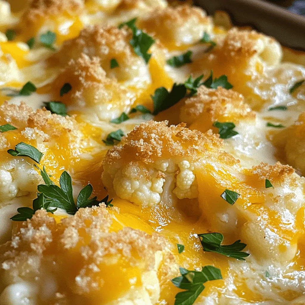 - 1 large head of cauliflower, cut into bite-sized florets - 1 cup sharp cheddar cheese, freshly shredded - 1/2 cup mozzarella cheese, freshly shredded - 1/2 cup cream cheese, softened at room temperature - 1/2 cup sour cream - 1/4 cup grated Parmesan cheese - 1 teaspoon garlic powder - 1 teaspoon onion powder - 1/4 teaspoon smoked paprika - Salt and black pepper to taste - 1/2 cup breadcrumbs (optional) - 2 tablespoons fresh parsley, finely chopped Each ingredient plays a key role in making the casserole rich and cheesy. The cauliflower is the star, giving it that wonderful texture. The sharp cheddar and mozzarella create a gooey, melty layer that everyone loves. Cream cheese and sour cream add creaminess, while Parmesan brings a salty kick. Garlic and onion powder give depth, and smoked paprika adds a hint of warmth. Adjust salt and pepper to suit your taste. Breadcrumbs are optional but can add crunch. If you need a dairy-free option, use vegan cream cheese and sour cream. For cheese, try a dairy-free blend. You can swap cauliflower for broccoli. If you want more spice, add red pepper flakes. For a lighter version, use Greek yogurt instead of sour cream. Be creative! Each change can lead to new flavors. Remember, cooking is all about personal taste. For the full recipe, check out the details above. Start by preheating your oven to 375°F (190°C). This step is key. A hot oven helps the cheese melt and bubble nicely. Next, we need to steam the cauliflower. Cut one large head into bite-sized florets. You can use a pot with a steaming basket or a microwave-safe bowl. Steam for 5-7 minutes on the stove or 4-5 minutes in the microwave. The goal is to make them tender but not mushy. In a large bowl, mix the softened cream cheese and sour cream. Add the garlic powder, onion powder, smoked paprika, salt, and black pepper. Use a whisk or spoon to blend until smooth. This is your creamy base. Gently fold in the steamed cauliflower. Add half of the shredded cheddar and mozzarella cheeses, mixing well. Pour this mixture into a greased 9x13 inch baking dish. Spread it out evenly. Top with the rest of the cheddar and mozzarella cheeses. Dust with grated Parmesan cheese. If you want a crunchy top, add breadcrumbs now. Place the dish in the oven. Bake for 25-30 minutes. Look for bubbling cheese and a golden top. When done, take it out and let it cool for 5-10 minutes. This makes it easier to serve. Before enjoying, sprinkle with fresh parsley for a nice touch. For the full recipe, refer to the detailed instructions above. To get the best texture in your casserole, steam the cauliflower just right. Steam it until it is tender but not mushy. If you overcook it, the cauliflower will break apart and become watery. Aim for about 5-7 minutes of steaming. This keeps the florets firm, giving you that nice bite. Want to boost the flavor? Add some chopped green onions or sautéed mushrooms to the mix. These will bring a fresh taste to the dish. You can also swap in different cheeses like gouda or pepper jack for a fun twist. A sprinkle of fresh herbs like thyme or basil before serving adds a nice pop of flavor. One common mistake is not seasoning the mixture enough. Make sure to taste and adjust salt and pepper as needed. Another mistake is skipping the breadcrumbs if you want a crispy topping. They add nice texture. Lastly, don’t rush the cooling time after baking. Let it cool for a few minutes to help it set. For more tips, check out the Full Recipe. {{image_4}} You can make this dish lighter by swapping some ingredients. Use Greek yogurt instead of sour cream. This change adds protein and cuts calories. For cheese, try using low-fat options. They melt well and keep the flavor. You can also reduce the amount of cheese by a half-cup. This way, you still keep the flavor without all the fat. To boost the protein in your casserole, add cooked chicken, turkey, or tofu. Shredded rotisserie chicken works great. Just mix it with the cauliflower before baking. If you prefer plant-based protein, chickpeas or lentils are good options. They add texture and fill you up. For a vegetarian version, ensure all cheeses used are rennet-free. You can also use almond or cashew cream to replace cream cheese. To make it vegan, skip the cheese. Instead, use nutritional yeast for a cheesy flavor. Combine it with a vegan cream substitute. This keeps the dish creamy and delicious while being plant-based. Explore these variations to find your favorite twist on the cheesy cauliflower casserole. For the full recipe, check out the details above. After enjoying your cheesy cauliflower casserole, store leftovers in an airtight container. This keeps the flavors fresh. Make sure to cool the casserole to room temperature first. It will last in the fridge for up to three days. Label your container with the date. For the best taste, reheat your casserole in the oven. Set it to 350°F (175°C). Cover the dish with foil to keep moisture. Heat for about 20 minutes or until warm. You can also use the microwave. Heat a single serving for 1-2 minutes. Stir halfway for even warmth. Want to save some for later? You can freeze it! First, let the casserole cool completely. Then, place it in a freezer-safe container. It will last for about three months. When ready to eat, thaw it in the fridge overnight. Reheat as mentioned above for a tasty meal. Cheesy Cauliflower Casserole is a creamy dish made with cauliflower and cheese. It combines steamed cauliflower with a rich cheese mixture. You can taste sharp cheddar, mozzarella, and cream cheese in each bite. This dish is warm and comforting, perfect for family dinners or cozy nights in. You can find the full recipe [here](#). To add some heat, you can mix in crushed red pepper flakes. Start with a small amount, about 1/4 teaspoon, and taste as you go. You can also add diced jalapeños or a dash of hot sauce. These ingredients will give the casserole a nice kick without overpowering the cheese flavor. Yes, you can use frozen cauliflower! It’s a great time-saver. Just steam it according to the package directions. Make sure to drain any excess water before mixing it with the cheese mixture. This will keep your casserole from becoming too watery. This casserole pairs well with many dishes. You can serve it with grilled chicken, steak, or fish. It also goes great with a fresh salad. For a full meal, consider serving it alongside rice or quinoa to balance the flavors. The casserole is done when the cheese is bubbly and golden brown on top. You can check it after 25 minutes in the oven. If the cheese looks too pale, let it bake for a few more minutes. Just keep an eye on it to avoid burning. Cheesy Cauliflower Casserole is a warm dish that brings comfort. It has rich flavors, and it’s easy to make. You will need simple ingredients to create this tasty meal. Ingredients: - 1 large head of cauliflower, cut into bite-sized florets - 1 cup sharp cheddar cheese, freshly shredded - 1/2 cup mozzarella cheese, freshly shredded - 1/2 cup cream cheese, softened at room temperature - 1/2 cup sour cream - 1/4 cup grated Parmesan cheese - 1 teaspoon garlic powder - 1 teaspoon onion powder - 1/4 teaspoon smoked paprika - Salt and black pepper to taste - 1/2 cup breadcrumbs (optional) - 2 tablespoons fresh parsley, finely chopped This dish is good for family dinners or potlucks. You can prep it in about 15 minutes, and it bakes in 25-30 minutes. I like to steam the cauliflower until it's tender but still holds its shape. This keeps the texture nice. You can use a pot or even a microwave for this step. Next, mix the cream cheese and sour cream with the spices. This creamy mix is what makes the casserole so rich. Be sure to blend it well for a smooth texture. Then, fold the cauliflower into the creamy mixture. Add half of the cheeses here. This step coats each floret in cheesy goodness. When you place the mix in your baking dish, spread it evenly. Top it with the rest of the cheese and Parmesan. If you want a crunchy top, sprinkle some breadcrumbs. Bake until the cheese bubbles and turns golden. The smell will fill your kitchen! Let it cool for a few minutes before serving. Sprinkle parsley for color. This dish is not just tasty; it’s also a great way to enjoy veggies. You can find the full recipe above to try it yourself! This blog post shared how to make Cheesy Cauliflower Casserole. We covered ingredients, measurements, and substitution notes. The step-by-step guide made it simple to prepare and bake. I also shared tips, variations, and storage options. Remember, this dish can fit many diets and tastes. Enjoy trying new flavors and textures. You now have all the tools to make a great casserole that you can share with others. Happy cooking!