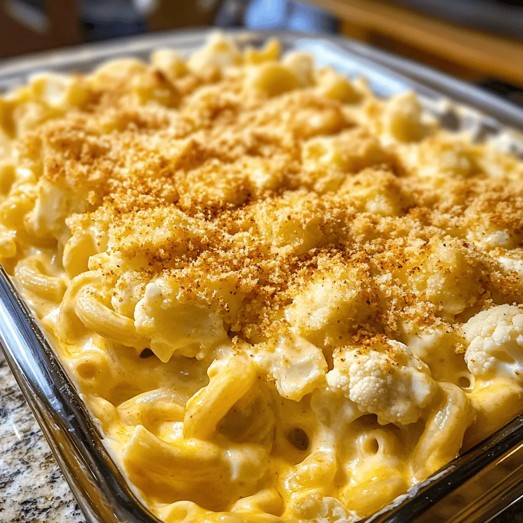- 1 medium head of cauliflower - 8 oz elbow macaroni (or gluten-free option) - 2 cups shredded sharp cheddar cheese - 1 cup cream cheese - 1 cup milk (dairy or non-dairy) - 1 teaspoon garlic powder - 1 teaspoon onion powder - 1/2 teaspoon smoked paprika - Salt and freshly ground black pepper - 1/2 cup breadcrumbs - 2 tablespoons olive oil or melted butter I love using fresh ingredients in this dish because they make it taste amazing. The cauliflower gives a nice texture and a subtle flavor. The elbow macaroni adds a comforting bite. Sharp cheddar cheese is my favorite for its rich taste. Cream cheese makes the sauce super creamy, while milk keeps everything smooth and luscious. For flavor, I use garlic powder and onion powder. They add depth without being too strong. Smoked paprika gives a lovely hint of smoke that warms the dish. You can adjust the salt and pepper to your taste. If you want a crunchy topping, breadcrumbs mixed with olive oil or butter are perfect. They add a nice contrast to the creamy base. You can find the full recipe at the top of this article. It’s easy to follow and perfect for a cozy meal. Enjoy cooking! - Bring salted water to a boil and add elbow macaroni. - Cook until al dente, then drain the pasta and set aside. - In a pot, boil salted water and add cauliflower florets. - Blanch for 3-4 minutes until tender but still crisp. Drain and set aside. - In the same pot, reduce heat to low. - Combine softened cream cheese and milk, stirring until smooth. - Gradually mix in shredded cheddar cheese, garlic powder, onion powder, smoked paprika, salt, and pepper. Stir until cheese melts and sauce is creamy. - Gently fold macaroni and blanched cauliflower into the cheese sauce. - Ensure everything is evenly coated and mixed well. - If using, prepare the breadcrumb topping by mixing breadcrumbs with olive oil or melted butter. - Pour the creamy mixture into a greased baking dish. Sprinkle the breadcrumb mixture on top. - Preheat your oven to 350°F (175°C) and bake for 20-25 minutes until the top is golden brown. - Broil for an additional 2-3 minutes for extra crunch. - Watch closely to avoid burning. This creamy comfort dish is now ready to serve. For the full recipe, check out the complete details. To get a smooth cheese sauce, start with cream cheese. Make sure it is at room temperature. Cold cream cheese will clump and not blend well. Stir the mixture continuously. This keeps it from sticking to the pot. Play with different cheeses to find your favorite taste. Gouda adds a nice smoky flavor, while mozzarella brings creaminess. You can also add spices to boost the flavor. Try a pinch of cayenne for heat or a dash of nutmeg for warmth. Serve this dish with fresh salad or steamed veggies. The crunch of fresh greens pairs well with creamy mac and cheese. You can also garnish with fresh herbs. Chopped parsley or chives give a pop of color and flavor. For the full recipe, check the original. {{image_4}} You can make this dish lighter. Try using whole grain or legume-based pasta. This change adds fiber and nutrients. Low-fat cheeses or dairy-free cheese can also help. These swaps keep the creamy taste while cutting calories. Want to add some fun? Cooked bacon or pancetta gives a savory twist. The salty crunch pairs well with the creamy sauce. You can also toss in broccoli florets. This adds color, nutrition, and texture to your meal. For a gluten-free version, use gluten-free pasta and breadcrumbs. This keeps the dish tasty for those with gluten sensitivities. If you follow a vegan diet, swap the cheese for plant-based options. These changes make the dish suitable for everyone. For the full recipe, check out the detailed guide. Store any leftover cauliflower mac and cheese in an airtight container. It will stay fresh for up to 4 days in the fridge. Make sure it cools completely before sealing it up. You can freeze portions of this dish for up to 3 months. To do this, let it cool, then place it in freezer-safe containers. When you want to eat it, just reheat it in the oven for the best taste and texture. For the best results, reheat in the oven. Set the temperature to 350°F (175°C). Cover with foil to keep it moist. If you need to heat it quickly, the microwave works too. Just remember to stir it partway through heating for even warmth. If you want to try making this dish, check out the Full Recipe for all the details! Yes, you can prepare the dish in advance. Just put the mixed ingredients in a baking dish and refrigerate before baking. When you're ready, bake it straight from the fridge. This saves time and makes meal prep easier. To add some heat, add crushed red pepper flakes or more smoked paprika. You can also try a dash of hot sauce in the cheese sauce. Adjust the spice to suit your taste. Absolutely! Kids often enjoy this dish because it has a creamy texture and cheesy flavor. The cauliflower adds nutrition without being too strong in taste. You can even let the kids help in the kitchen for more fun. Cauliflower is low in calories, making it a great substitute for pasta. It is high in fiber, which helps with digestion. Plus, it is packed with vitamins C and K, and provides essential minerals. This makes every serving a healthy choice while still being delicious. Cauliflower mac and cheese combines fresh ingredients like sharp cheddar and cream cheese with tasty seasonings. You learned cooking steps, tips, and ways to adapt the dish. Remember, cauliflower gives this meal a healthy twist. It’s easy to make and fun to share. Whether you want a comforting dinner or a nutritious option for kids, this dish fits the bill. Keep experimenting with flavors and ingredients to make it your own! Enjoy your delicious and creamy meal!