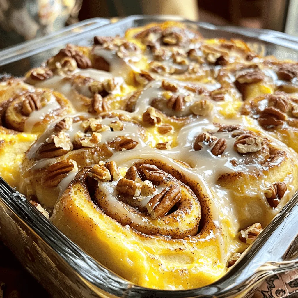 When making a Cinnamon Roll Casserole, you need some simple ingredients. Here’s what you will need: - 2 cans of refrigerated cinnamon roll dough (12 rolls each) - 4 large eggs - 1 cup whole milk - 1 teaspoon pure vanilla extract - 1 teaspoon ground cinnamon - 1/2 teaspoon freshly grated nutmeg - 1/4 cup packed brown sugar - 1/2 cup chopped pecans (optional for crunch) - 1/2 cup pure maple syrup - 1/2 cup powdered sugar (for icing) - 2 tablespoons milk (for icing) These ingredients make this dish a sweet and warm treat. The cinnamon rolls bring a fluffy base. Eggs and milk create a custard-like mixture. Spices add depth and warmth. Pecans give a nice crunch. Maple syrup and icing make it extra special. For the full recipe, check out the detailed instructions. Enjoy making this comforting breakfast dish! - Preheat oven to 350°F (175°C). - Grease baking dish with butter or non-stick spray. - Cut each roll into quarters. - Distribute pieces evenly in the baking dish. - Whisk together eggs, milk, vanilla, spices, and sugar. - Pour mixture over cinnamon roll pieces. - Sprinkle with pecans (if using). - Bake for 25-30 minutes until golden brown. - Prepare icing while baking. - Drizzle maple syrup and icing before serving. Follow these steps closely for a perfect dish. The cinnamon roll casserole will be soft, warm, and a delight to eat. Enjoy the sweet smell that fills your kitchen as it bakes. It’s a great way to start your day! If you want to make it even better, check out the Full Recipe for more details. - Ensure even spacing when placing cinnamon roll pieces. This helps them cook evenly. - Check for doneness with a toothpick. Insert it into the center; it should come out clean. - Serve warm with fresh berries or whipped cream. This adds a nice touch of flavor. - Dust with powdered sugar for a beautiful presentation. It makes the dish look fancy. - Overmixing the egg mixture can lead to a tough texture. Mix just until combined. - Not greasing the baking dish properly can cause sticking. Use plenty of butter or spray. These tips will help you create a perfect cinnamon roll casserole every time! For the complete details, check the Full Recipe. {{image_4}} You can make this dish even more fun with some simple twists. - Add chocolate chips or dried fruit to your mixture for extra sweetness. - Try different nuts like walnuts or almonds for a crunchy surprise. Want to tailor the recipe to fit your needs? Here’s how: - Use gluten-free dough to make it safe for gluten-free diets. - Swap regular milk and eggs with plant-based options for a dairy-free treat. Icing can change the whole vibe of your casserole! - Try cream cheese icing instead of the usual powdered sugar icing. - Add orange or lemon zest to your icing for a zesty kick. These variations keep your cinnamon roll casserole fresh and exciting. You can enjoy it your way! For the full recipe, check out the details above. Keep any leftover Cinnamon Roll Casserole in an airtight container. Place it in the refrigerator. This helps keep it fresh for 3 to 4 days. When ready to eat, you’ll enjoy every bite. To warm up your casserole, use a microwave or oven. If using the microwave, heat it in short bursts. Check every 30 seconds to avoid overheating. For the oven, set it to 350°F (175°C) and warm for about 10-15 minutes. You can freeze the uncooked mixture for later baking. Just assemble it in the dish, cover tightly, and place it in the freezer. When you’re ready to bake, thaw it in the fridge overnight. This way, you can enjoy this tasty dish anytime! Yes, you can prepare this dish and refrigerate it before baking. This makes mornings easier. Simply cover the dish and place it in the fridge overnight. When you wake up, just pop it in the oven! If you don't have nutmeg, you can skip it. The casserole will still taste great. Alternatively, you can add a bit more cinnamon to enhance the flavor. Look for a puffed-up texture and a golden-brown color on top. It should be beautiful! You can also insert a toothpick into the center. If it comes out clean, the casserole is done. Yes, you can double the recipe! Just use a larger baking dish and adjust the baking time as needed. Keep an eye on it to make sure it cooks evenly. This cinnamon roll casserole is delicious and easy to make. You learned about the simple ingredients, step-by-step instructions, and ways to avoid common mistakes. Don't hesitate to add your favorite twists or adjust the recipe for dietary needs. Remember, you can also store or freeze leftovers for later enjoyment. Enjoy warm servings with fresh toppings! Baking should be fun and creative, so make this dish your own and share it with family and friends.