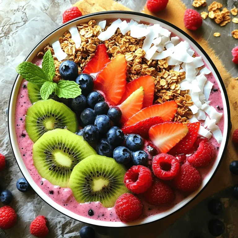 - 1 cup mixed berries (fresh or frozen: strawberries, blueberries, raspberries) - 1 ripe banana, sliced - 1 cup unsweetened almond milk (or any milk of your choice) - 1 tablespoon chia seeds - 1 tablespoon honey or maple syrup (optional, for added sweetness) - 1/2 teaspoon pure vanilla extract - Granola - 1 sliced kiwi - Coconut flakes - Fresh mint leaves When making a berry smoothie bowl, I love using fresh or frozen mixed berries. They add great flavor and nutrition. I often choose strawberries, blueberries, and raspberries. Each berry brings its unique taste and health benefits. Next, I add a ripe banana. It makes the smoothie creamy and sweet. I slice the banana before adding it to the blender. For the liquid base, I use unsweetened almond milk. It keeps the recipe light and tasty. You can swap it for any milk you prefer. Optional ingredients like chia seeds boost the fiber and protein. If you want some extra sweetness, honey or maple syrup works well. A little vanilla extract adds a nice touch of flavor. Now, for toppings, I go for granola. It adds crunch to the smooth texture. Sliced kiwi gives a bright color and fresh taste. I sprinkle coconut flakes on top for a tropical vibe. Finally, I finish with fresh mint leaves for a pop of color and flavor. Check out the Full Recipe for all the details on this delicious dish! To make your berry smoothie bowl, first, gather all your ingredients. You will need: - 1 cup mixed berries (fresh or frozen: strawberries, blueberries, raspberries) - 1 ripe banana, sliced - 1 cup unsweetened almond milk (or any milk of your choice) - 1 tablespoon chia seeds - 1 tablespoon honey or maple syrup (optional, for added sweetness) - 1/2 teaspoon pure vanilla extract - Toppings: Granola, 1 sliced kiwi, coconut flakes, an extra handful of mixed berries, and fresh mint leaves for garnish Next, measure out each ingredient carefully. This ensures you get the right taste and texture. Now it’s time to blend! Place all the measured ingredients into your blender. Start with the mixed berries, then add the sliced banana, almond milk, chia seeds, and sweetener if you choose to use it. Don’t forget the vanilla extract for extra flavor. Blend on high speed until the mix is smooth and creamy. If it feels too thick, add a splash of almond milk. Blend again until you reach the right consistency. Once your smoothie is ready, pour it into a bowl. Aim for a nice, thick layer. Now, for the fun part—arranging the toppings! Sprinkle granola over the top. Then, add your sliced kiwi and scatter extra berries. Finish with a sprinkle of coconut flakes. Garnish with fresh mint leaves for a beautiful look. Now, dive in and enjoy your Berry Bliss Smoothie Bowl! When you pick berries, choose fresh ones. Strawberries, blueberries, and raspberries all pack a punch of vitamins. Blueberries are high in antioxidants. Strawberries offer a good dose of vitamin C. Raspberries are full of fiber. *Seasonal choices make a big difference.* In summer, you can find many berries fresh. In winter, frozen berries work just as well. They are often picked at peak ripeness and taste great. To achieve that perfect creamy texture, start with a ripe banana. Its natural sweetness helps, too. If you want it thicker, add more banana or berries. If it’s too thick for your liking, pour in a splash of almond milk. Blend it again until it’s smooth. *You can also try different liquids to mix.* Coconut milk adds a tropical twist. Yogurt can make it super creamy. Just remember that each liquid changes the taste. To adjust the sweetness, taste your blend before serving. If it needs more sweetness, add a little honey or maple syrup. Start with a small amount, then blend again. You can always add more, but it’s hard to take it out! *Consider healthy sweeteners like agave syrup or dates.* They add sweetness without refined sugars. Using ripe bananas also boosts the natural sweetness in your bowl. For the full recipe, check out the Berry Bliss Smoothie Bowl recipe above! {{image_4}} You can boost your berry smoothie bowl with fun add-ins. Adding spinach or kale is an easy way to get more nutrients. These greens mix well without changing the taste. You won’t even notice them! Nut butter is another great choice. Almond or peanut butter adds a creamy texture and rich flavor. Just a tablespoon can make your bowl feel extra special. The base of your smoothie bowl can change the taste. You can use yogurt for a thick and creamy feel. Greek yogurt adds protein too. Coconut milk is another option. It gives a tropical twist and a hint of sweetness. If you prefer non-dairy options, almond milk works great. Oat milk is another nice choice. It has a mild flavor that complements the berries well. Seasonal fruits can add fun and variety to your bowl. In summer, try using fresh strawberries, blueberries, and blackberries. They are sweet and juicy, perfect for a refreshing treat. In fall, consider adding apples or pears. You can also spice things up with a dash of cinnamon. This gives your bowl a warm, cozy feel. For the full recipe, check out the Berry Bliss Smoothie Bowl! To keep fresh berries tasty, store them in the fridge. Place them in a container with a lid. This helps keep them dry and cool. Avoid washing them until you are ready to eat. Moisture can cause mold. For almond milk, keep it in a cool place. Seal the carton tightly after each use. This prevents spoilage and keeps the milk fresh for longer. You can make smoothie packs for easy mornings. Just combine your berries, banana, and chia seeds in bags. Freeze them until you are ready to blend. In the morning, just grab a pack, add almond milk, and blend. For storing blended smoothie bowls, use an airtight container. Keep it in the fridge for up to 24 hours. The bowl may separate a bit, but a quick stir will fix that. Freezing smoothies is a great way to save time. Pour your smoothie into ice cube trays or freezer bags. This method lets you use small portions later. Smoothies can last in the freezer for up to three months. Just remember to label your bags with the date. This way, you’ll know when to use them again. For the best taste, enjoy them fresh! To make a vegan berry smoothie bowl, you can easily swap ingredients. Instead of honey, use maple syrup for sweetness. You can also replace almond milk with any plant-based milk like coconut or oat milk. These changes keep your bowl creamy and delicious. Yes, you can use yogurt instead of almond milk. This swap will make your smoothie bowl thicker and creamier. Yogurt adds a tangy flavor, which can be refreshing. If you choose yogurt, you might want to add a bit more liquid to keep it pourable. Berry smoothie bowls offer many health benefits. Berries are rich in vitamins and antioxidants. They boost your immune system and fight inflammation. Bananas add potassium, which is great for your heart. Chia seeds provide fiber and healthy fats. Overall, this bowl is not just tasty but also packs a nutritious punch. A berry smoothie bowl is simple and fun to make. You blend mixed berries, a banana, and almond milk for a tasty treat. You can add optional items like chia seeds or sweeteners. Top it off with granola, kiwi, or coconut flakes for a burst of flavor. Try different variations and enjoy what suits you best. With tips for prep and storage, you can make this bowl healthy and easy to share. Embrace the joy of creating your own smoothie bowl masterpiece!