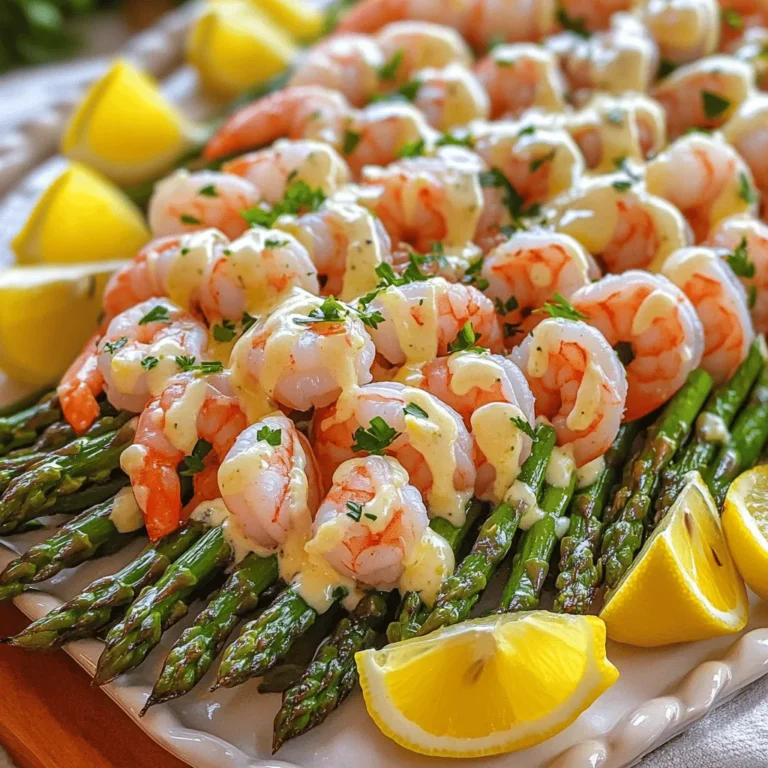 Garlic Butter Shrimp and Asparagus is a quick dish. It brings bright flavors and a satisfying crunch. This dish is perfect for busy weeknights or special gatherings. - 1 pound large shrimp, peeled and deveined - 1 bunch asparagus, trimmed and cut into 2-inch segments - 4 tablespoons unsalted butter - 4 cloves garlic, finely minced - 1 teaspoon red pepper flakes - 2 tablespoons freshly squeezed lemon juice - Zest of 1 lemon - Salt and freshly ground black pepper, to taste - Fresh parsley, chopped, for garnish You can add a pinch of smoked paprika for a warm flavor. Try fresh basil or chives for a different twist. A sprinkle of grated Parmesan can add a savory touch. Lemon wedges on the side brighten the dish. 1. Pat the shrimp dry with paper towels. This helps them sear better. 2. Season the shrimp with salt and pepper. Let them sit for a few minutes. 3. Trim the asparagus and cut it into 2-inch pieces. This makes it easier to cook. 4. Mince the garlic finely. The smaller the pieces, the better the flavor. 5. Gather all your ingredients. This keeps the process smooth and easy. 1. Heat a large skillet over medium heat. Add 2 tablespoons of butter and let it melt. 2. When the butter foams, add the minced garlic and red pepper flakes. Stir for 1 minute. 3. Increase the heat to medium-high. Add the seasoned shrimp in a single layer. 4. Cook the shrimp for 2-3 minutes on one side. They should turn pink and curl. 5. Flip the shrimp and cook for another 2 minutes. Remove them from the skillet. 6. In the same skillet, add the remaining butter and asparagus. Sauté for 5-6 minutes. 7. When the asparagus is bright green, return the shrimp to the skillet. 8. Drizzle with lemon juice and add lemon zest. Toss everything gently. 9. Taste and adjust seasoning with salt and pepper. 10. Remove from heat and sprinkle with chopped parsley. - Use fresh shrimp for the best taste. Frozen shrimp can work if thawed properly. - Don’t overcrowd the skillet. This ensures even cooking and a nice sear. - Watch the shrimp closely. They cook quickly, and overcooking makes them tough. - Let the shrimp rest briefly after cooking. This keeps them juicy and flavorful. - For more flavor, consider adding a splash of white wine when cooking. Enjoy making this dish using the Full Recipe! To get the best shrimp, start with fresh or thawed shrimp. Dry them well with paper towels. This step helps them sear nicely. Season the shrimp with salt and pepper. Heat your skillet before adding the shrimp. Use medium-high heat for a quick cook. Place the shrimp in a single layer. Cook for 2-3 minutes on one side. Once they turn pink, flip them over. Avoid overcrowding the pan to ensure even cooking. For the garlic butter sauce, use unsalted butter for control over salt. Melt half of the butter in your skillet. Add minced garlic and red pepper flakes. Sauté for just one minute. Stir often to prevent burning the garlic. Once fragrant, add the shrimp. After cooking the shrimp, add the rest of the butter. This keeps the sauce rich and creamy. Finally, finish with lemon juice and zest for a fresh kick. Serve the dish on a large white platter for a beautiful look. Drizzle any leftover sauce over the shrimp and asparagus. Add lemon wedges and fresh parsley on top for color. Pair this dish with rice or crusty bread to soak up the sauce. You can also serve it with a light salad for a healthy twist. This meal is perfect for a quick weeknight dinner or special occasions. For the full recipe, check the earlier section in this article. {{image_4}} You can easily change up this dish. If you prefer, use scallops or chicken instead of shrimp. Both options will bring a new flavor profile. For the asparagus, try green beans or broccoli. They cook nicely and add a different crunch. You can also add vegetables like bell peppers or zucchini. They pair well with garlic and lemon. For a creamier twist, add a splash of heavy cream. This will make a rich sauce that soaks into the shrimp and veggies. While sautéing is quick and tasty, you can grill or bake your shrimp and asparagus. Grilling gives a nice smoky flavor. Simply toss the shrimp and asparagus in the garlic butter, then place them on a grill. Cook for about 3-4 minutes per side. Baking is another easy option. Preheat your oven to 400°F (200°C). Spread the shrimp and asparagus on a baking sheet, drizzle with the garlic butter, and bake for 10-12 minutes. This method is hands-off and allows you to focus on other dishes. Garlic butter shrimp and asparagus fits any meal. For a casual lunch, serve it over rice or pasta. This adds a filling base to catch all the garlic butter goodness. For a fancy dinner, plate it on its own with a lemon wedge. This makes the dish look elegant and fresh. You can also serve it as a starter at a party. Just present small portions on skewers or in small bowls for easy eating. Check the [Full Recipe] for more details on making this delightful dish! To store your leftover garlic butter shrimp and asparagus, first let it cool down. Place it in an airtight container. Make sure it is sealed tightly. You can keep it in the fridge for up to three days. This way, the shrimp and asparagus stay fresh and tasty. When you're ready to eat your leftovers, take them out of the fridge. You can reheat them in a skillet over medium heat. Stir gently until everything is warm. Another option is to use a microwave. Heat in short bursts of 30 seconds, stirring in between. This prevents overcooking and keeps the shrimp tender. If you want to freeze this dish, first let it cool completely. Then, put it in a freezer-safe bag or container. Remove as much air as possible to prevent freezer burn. You can freeze it for up to two months. When you're ready to enjoy it, thaw in the fridge overnight before reheating. This keeps the flavors intact and makes for a quick meal. For more detailed steps, you can refer to the Full Recipe. Yes, you can use frozen shrimp. Just make sure to thaw them first. Place the shrimp in a bowl of cold water for about 15-20 minutes. This helps them thaw quickly. After thawing, pat them dry. This step helps them sear better in the pan. Garlic butter shrimp and asparagus go well with many sides. Here are some tasty options: - Rice, either white or brown - Quinoa for a healthy twist - A crisp green salad for added freshness - Crusty bread to soak up the garlic butter sauce - Mashed potatoes for a hearty option These sides balance the lightness of the shrimp and asparagus. You can tell shrimp are cooked when they turn bright pink. They should curl slightly and feel firm to the touch. Cooking usually takes about 4-6 minutes total. Use a meat thermometer if you want to be extra sure. The internal temperature should reach 120°F. This ensures they are safe to eat and juicy. For a detailed recipe to follow, check out the Full Recipe. You learned how to make Garlic Butter Shrimp and Asparagus. We covered the ingredients, cooking steps, and storage tips. Remember to try different flavors and cooking methods. This dish fits many settings, from simple dinners to special events. With practice, you’ll master it. Enjoy your cooking and impress your guests with this quick, tasty meal!