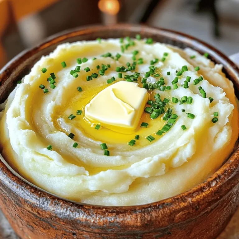 - 2 pounds russet potatoes - 4 cloves of garlic - 1/2 cup unsalted butter - 1 cup heavy cream - 1/2 cup sour cream - Salt and pepper to taste - 1/4 cup fresh chives for garnish Choosing the right type of potato is key. I recommend russet potatoes for their light and fluffy texture. They mash well and soak up flavors nicely. The right potato makes a big difference in your dish. Using fresh garlic is also crucial. Fresh garlic gives a stronger and sweeter flavor than dried. For the best taste, always choose whole cloves over pre-minced options. When you smash the garlic, it releases more oils, adding depth to your mashed potatoes. You can play with the creamy base. Cream cheese adds a tangy twist to the dish. You might also try adding roasted garlic for a sweeter taste. Fresh herbs like rosemary or thyme can elevate the flavor too. These options let you personalize the creamy garlic mashed potatoes to your liking. For the full recipe, check out the link to create this rich and flavorful dish! Start by peeling the russet potatoes. I like to use a sturdy peeler for this task. Cut the potatoes into 1-inch cubes. This size helps them cook evenly. Next, take the garlic cloves and smash them gently with the flat side of a knife. This technique releases the garlic's flavor without making it too fine. In a large pot, add the cubed potatoes and the smashed garlic. Cover them with cold water, ensuring there's about an inch above the ingredients. Add a pinch of salt to the water. Place the pot over medium-high heat and bring it to a vigorous boil. Once boiling, reduce the heat. Let it simmer gently for 15 to 20 minutes. The potatoes should be fork-tender when done. This simmering method keeps the potatoes creamy and avoids breaking them apart. Drain the potatoes and garlic in a colander, then return them to the pot. Let them sit for a couple of minutes. This step helps any extra moisture evaporate. For mashing, you can use a potato masher or a ricer. I prefer a ricer because it gives a fluffier texture. Whichever tool you choose, mash until you reach your desired smoothness. Now, slowly drizzle in the warm butter and cream mixture. Stir continuously until everything is creamy and fluffy. This process is key to achieving the right texture. Finally, gently fold in sour cream. Season with salt and freshly ground black pepper to taste. For the complete preparation, refer to the Full Recipe. To get creamy garlic mashed potatoes, start with steam drying the potatoes. After boiling, let them sit in the pot for a couple of minutes. This step removes excess water. Next, gradually add the warm butter and cream mixture. This helps the potatoes absorb the fat and liquid. The result? A smooth and fluffy texture that melts in your mouth. Roasted garlic adds a deeper flavor to your mashed potatoes. You can roast garlic by wrapping it in foil and baking it until soft. This gives a sweet taste that brightens the dish. When seasoning, remember to taste as you go. Add salt and pepper little by little. This ensures the perfect taste without overwhelming the potatoes. For an elegant look, serve your creamy garlic mashed potatoes in a nice bowl. Create a slight well in the center. Place a small pat of butter here; it will melt beautifully. Finally, sprinkle fresh chives on top. They add color and a fresh taste that elevates the dish. For the full recipe, check out the Creamy Garlic Mashed Potatoes Delight. {{image_4}} You can change the taste of creamy garlic mashed potatoes easily. Adding cheese makes them even richer. Try using Parmesan for a nutty kick or Gouda for a smoky flavor. Both choices melt well and blend smoothly into the potatoes. Herbs also add great flavor. Infuse your mashed potatoes with rosemary or thyme. These herbs bring a fresh taste and a lovely aroma. Just chop them finely and mix them in. You can even roast the garlic for a deeper, sweeter flavor. If you're looking for vegan options, you can swap out a few ingredients. Use plant-based butter and creams to keep it creamy without dairy. This option tastes just as good and is great for vegan friends. For those watching carbs, consider using cauliflower instead of potatoes. Cauliflower mash is light and fluffy. It absorbs garlic and cream well. You can follow the same steps in the recipe to create a delicious low-carb version. Creamy garlic mashed potatoes pair well with many dishes. They go great with grilled meats, roasted chicken, or even a hearty vegetable stew. The creamy texture balances well with savory and rich flavors. To make a complete meal, serve them with a green salad or steamed veggies. This adds color and nutrition to your plate. You can also top the potatoes with sautéed mushrooms or crispy bacon bits for added flair. For the full recipe, check out the details above and enjoy making this classic dish your own! Store your creamy garlic mashed potatoes in the fridge. Use airtight containers to keep them fresh. This helps avoid any weird smells and keeps the flavor intact. Let the potatoes cool to room temperature before sealing them up. This step prevents extra moisture from making them soggy. When you want to enjoy your leftovers, you can reheat them in a few ways. The best method is using the stovetop. Place the mashed potatoes in a pot over low heat. Add a splash of milk or cream to bring back their creaminess. Stir often to avoid sticking. If they are too dry, add a bit more liquid for a smooth texture. You can also use a microwave, but check every 30 seconds to stir and prevent hot spots. If you need to store your mashed potatoes for longer, freezing is an option. Scoop the mashed potatoes into freezer-safe bags. Press out the air before sealing to avoid freezer burn. Label the bags with the date. For the best taste, eat them within a month. When ready to eat, thaw them overnight in the fridge. Reheat on the stovetop or microwave, adding a little cream for the best results. Try using these tips for the perfect creamy garlic mashed potatoes next time you enjoy them from your freezer. For the full recipe, check out the recipe section above. To make mashed potatoes fluffier, start with steaming them. Steaming helps keep moisture out. After boiling, let them sit in the pot for a few minutes. This step allows steam to escape. Use a potato ricer instead of a masher. A ricer gives a lighter, airier texture. Gradually mix in warm butter and cream. This keeps the potatoes fluffy rather than dense. Yes, you can use other types of potatoes. Yukon Gold potatoes are great for a creamy mash. They have a buttery flavor and smooth texture. Russet potatoes are also popular. They are light and fluffy but can be starchy. Avoid using waxy potatoes like red or new potatoes. They can yield a gummy texture. To enhance flavor, consider adding roasted garlic. It gives a sweet, rich taste. Fresh herbs like thyme or rosemary can also work well. For a kick, add a pinch of cayenne pepper. You can mix in cheese like Parmesan or cheddar for a savory twist. A splash of buttermilk adds tanginess and creaminess. To prevent gummy mashed potatoes, don’t overmix them. Mix just until combined after adding cream and butter. Make sure to drain the potatoes well. Extra water can lead to a gummy texture. Use warm ingredients when mixing in butter and cream. This helps keep the potatoes light and fluffy. In this blog post, we explored how to make creamy garlic mashed potatoes. We discussed important ingredients, preparation steps, and tips for perfect flavor and texture. Remember to choose the right potatoes and fresh garlic for the best results. You can also try creative variations to suit your taste. Proper storage and reheating methods ensure your leftovers stay delicious. Enjoy these mashed potatoes as a side dish for any meal, and impress your guests with your cooking skills. Happy mashing!