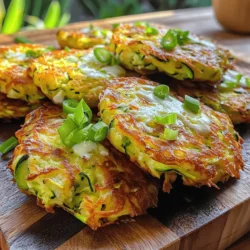 - 2 medium zucchinis, grated - 1 teaspoon salt - 1 cup all-purpose flour - 1/2 cup grated Parmesan cheese - 1/2 cup shredded mozzarella cheese - 2 large eggs - 1/4 cup green onions, finely chopped - 2 cloves garlic, minced - 1/2 teaspoon black pepper - 1/2 teaspoon Italian seasoning - Olive oil for frying Using fresh ingredients is key to making great zucchini fritters. Fresh zucchini has a crisp texture and bright taste. It holds moisture well but also allows for a great crunch once cooked. Fresh herbs, like green onions, enhance the flavor. Cheese should also be fresh for the best melt and taste. Using fresh ingredients will make your fritters more enjoyable. If you don’t have all the ingredients, you can swap some out. For example, you can use whole wheat flour instead of all-purpose flour. You can also try different cheeses like feta or cheddar. If you want a dairy-free option, use a plant-based cheese. For a vegan version, consider using flax eggs instead of regular eggs. These swaps can give you a unique taste while still keeping the dish delicious. For the full recipe, check out the earlier sections. First, grate the zucchinis. Place them in a bowl and sprinkle 1 teaspoon of salt on top. Let them rest for about 10 minutes. This step is key. It draws out excess moisture. After 10 minutes, use a clean kitchen towel to squeeze the grated zucchini. Get rid of as much liquid as you can. This helps the fritters stay crispy. In a large bowl, combine the drained zucchini with the following ingredients: - 1 cup all-purpose flour - 1/2 cup grated Parmesan cheese - 1/2 cup shredded mozzarella cheese - 2 large eggs - 1/4 cup finely chopped green onions - 2 cloves minced garlic - 1/2 teaspoon black pepper - 1/2 teaspoon Italian seasoning Mix everything well until you have a uniform mixture. Now, heat a generous amount of olive oil in a non-stick skillet over medium heat. The oil should be hot but not smoking. Once ready, use a spoon to drop generous dollops of the zucchini mix into the skillet. Flatten each dollop slightly to make patty shapes. Cook the fritters for about 3-4 minutes. Look for a golden-brown color and a crispy texture. Carefully flip them and cook the other side for another 3-4 minutes. Adjust the heat if needed to avoid burning. When done, place the fritters on a plate lined with paper towels. This will help absorb any extra oil. For the best fritters, make sure to really squeeze out the zucchini juice. This is vital for crispiness. Don't overcrowd the skillet; this ensures they fry evenly. Use medium heat to cook them. Too high heat can burn the outside while leaving the inside raw. Serve these warm with dips like creamy Greek yogurt or zesty aioli. They add a nice kick to the dish. For a lovely presentation, arrange the fritters on a platter and garnish with fresh herbs like parsley or chives. To make your fritters crispy, start with dry zucchini. Grate the zucchini and sprinkle it with salt. Let it sit for about 10 minutes. This draws out moisture. After resting, squeeze the zucchini well in a clean towel. Remove as much liquid as you can. This step is key for crispiness. When frying, use hot oil. The oil should shimmer but not smoke. Fry in batches to avoid crowding the pan. This way, each fritter gets enough heat. These fritters are great as snacks or sides. Serve them warm on a nice platter. You can add fresh herbs on top for color. Pair them with a salad for a light meal. They also work well as an appetizer at parties. Just make sure to keep them warm until serving. Dips enhance the flavor of the fritters. Greek yogurt adds creaminess and tang. A spicy aioli gives a nice kick. You can also try a simple marinara for a classic touch. Experiment with your favorite sauces to find the best match. For an extra twist, mix herbs into your dip. Fresh dill or chives can brighten the taste. The right dip makes these fritters even more special. For the full recipe, follow the steps outlined above. {{image_4}} You can change the flavor of your fritters by adding different cheeses. Instead of just Parmesan and mozzarella, try feta for a tangy twist. Goat cheese offers a creamy texture. For a sharp bite, add aged cheddar. Mix and match to find your favorite combination! Feel free to get creative with your fritters. Grated carrots add sweetness and color. Bell peppers bring crunch and flavor. Spinach or kale can boost nutrition. Just make sure to drain any extra moisture, so the fritters stay crispy. If you need gluten-free fritters, substitute all-purpose flour with almond flour or coconut flour. These options work well and keep the fritters tasty. For a low-carb version, you can use finely grated cauliflower instead of zucchini. This keeps the fritters light and healthy. To keep your savory cheesy zucchini fritters fresh, store them in an airtight container. Place parchment paper between layers to prevent sticking. It’s best to keep them in the fridge. They should stay good for about 3 days. Make sure the fritters are completely cool before you store them. This helps avoid extra moisture. When you're ready to enjoy your leftovers, preheat your oven to 350°F (175°C). Place the fritters on a baking sheet lined with parchment paper. Heat them for about 10-15 minutes, or until they are crispy again. You can also use a skillet. Heat a little olive oil over medium heat and cook them for a few minutes on each side. If you want to save some fritters for later, freezing is a good option. First, allow the fritters to cool completely. Then, place them in a single layer on a baking sheet. Freeze them for about 1-2 hours until solid. Transfer the frozen fritters to a freezer-safe bag. They can last for up to 3 months in the freezer. When you are ready to eat them, reheat directly from frozen in the oven. Enjoy your savory cheesy zucchini fritters any time! For the full recipe, check the detailed steps above. Yes, you can use frozen zucchini. First, thaw it and squeeze out the extra water. Frozen zucchini has a softer texture, but it will still work. Just make sure to remove as much moisture as you can. To make vegan fritters, replace the eggs with a flaxseed meal or chia seed mixture. Use 1 tablespoon of flaxseed meal mixed with 3 tablespoons of water for each egg. Let it sit for a few minutes until it thickens. You can also swap the cheeses for vegan cheese options. The best way to season zucchini fritters is to use salt, pepper, and herbs. Italian seasoning adds great flavor. You can also experiment with spices like paprika or cayenne for a kick. Taste the mixture before frying to adjust the flavors. For more detailed instructions, check the Full Recipe. This post covered making delicious zucchini fritters. We explored fresh ingredients, preparation steps, and cooking tips. Crispiness is key, and we discussed serving ideas and dip pairings. You can try new variations with different cheeses or veggies. We also shared storage guides to enjoy fritters later. With these tips, you can create tasty snacks anytime. Happy cooking!