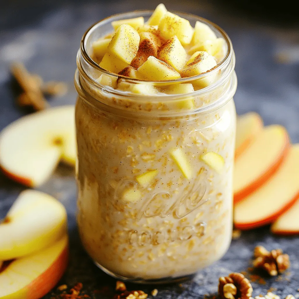 To make delicious apple cinnamon overnight oats, gather these simple items: - 1 cup rolled oats - 1 ½ cups almond milk (or any milk of your choice) - 1 medium apple, diced (I recommend Fuji or Honeycrisp for sweetness) - 1 teaspoon ground cinnamon - 2 tablespoons maple syrup (or honey for a natural sweet touch) - ¼ cup Greek yogurt (optional, adds creaminess) - 2 tablespoons chopped walnuts or pecans (for a nice crunch) - A pinch of salt - Additional apple slices and a sprinkle of cinnamon for topping You can easily swap some ingredients if you need to: - Instead of almond milk, use oat milk or cow's milk. - Any apple can work, but sweeter ones taste best. - Swap maple syrup for agave nectar or brown sugar. - If you don't have Greek yogurt, regular yogurt works too. - Use any nuts you prefer, like almonds or hazelnuts, for crunch. Toppings make your oats even better. Here are some tasty ideas: - More apple slices for extra fruitiness. - A sprinkle of nutmeg for a warm spice. - A dollop of yogurt for added creaminess. - A drizzle of honey or maple syrup for extra sweetness. - Shredded coconut for a tropical twist. These tips and ideas help you make the best apple cinnamon overnight oats. Enjoy! To start, gather your ingredients. You will need rolled oats, almond milk, a medium apple, cinnamon, maple syrup, and optional Greek yogurt. You can also have nuts for crunch. Choose a mixing bowl or a mason jar for this recipe. 1. Add 1 cup of rolled oats to your bowl or jar. 2. Pour in 1 ½ cups of almond milk. 3. Dice your apple and add it in. 4. Sprinkle in 1 teaspoon of cinnamon and 2 tablespoons of maple syrup. 5. If you want creaminess, add ¼ cup of Greek yogurt. 6. Lastly, toss in a pinch of salt. Use a spoon to mix all the ingredients well. Make sure the oats soak up the flavors. You want every bite to be tasty. If you see any dry oats, give them a little extra love with your spoon. Cover your bowl or seal the jar. Place it in the fridge for at least 6 hours, or overnight. Soaking helps the oats become soft and yummy. In the morning, take out your oats. Give them a good stir. If they feel thick, add a splash of milk to thin them out. Serve the oats in bowls. Top with extra apple slices, a sprinkle of cinnamon, and chopped nuts for crunch. This makes your breakfast look great and taste even better. For the full recipe, check out the details above! To boost flavor, select ripe apples like Fuji or Honeycrisp. Their natural sweetness shines. Add spices like nutmeg or ginger for a warm twist. A hint of vanilla extract can elevate the taste. Use fresh ingredients for the best results. Toppings like chopped nuts or seeds provide crunch and flavor. For creamy oats, use enough milk. Start with 1 ½ cups, but adjust as needed. If the oats are thick in the morning, add a splash of milk. Stir well to combine. If you prefer a thicker texture, reduce the milk slightly. Consistency can vary based on the oat brand, so feel free to experiment. Make a big batch for easy breakfasts. Prepare several jars at once. Just multiply the ingredients by the number of servings you want. Store them in the fridge for up to five days. This makes morning meals quick and easy. You can even layer different fruits in each jar for variety. For the full recipe, check the detailed instructions for making Apple Cinnamon Overnight Oats. {{image_4}} You can change the fruit in your apple cinnamon overnight oats. Try using ripe bananas for a sweet touch. Berries, like strawberries or blueberries, add a burst of color and flavor. Chopped peaches or pears also work well. Just remember, use what you enjoy. Each fruit brings its own taste and texture. Mixing in different nuts can change the crunch and taste. Almonds, pecans, or hazelnuts all add great flavor. You can also add seeds like chia or flax for extra nutrition. If you want more spice, add nutmeg or ginger. A dash of vanilla can give your oats a warm, inviting flavor. To keep it vegan, use almond milk or coconut milk instead of dairy milk. Skip the Greek yogurt or swap it for a plant-based yogurt. Maple syrup is a great sweetener. It’s vegan and adds a nice flavor. This way, you enjoy healthy oats without dairy. To store your apple cinnamon overnight oats, use an airtight container. A mason jar works great. Make sure the lid seals tightly. This keeps the oats fresh and tasty. If you make a batch for the week, you can separate them into individual jars. This makes it easy to grab a quick breakfast. Your overnight oats will last in the fridge for up to five days. After that, the oats may get mushy. If you want to keep them longer, freeze them. You can freeze the mixture in jars or freezer bags. Just leave a little space at the top since the oats will expand. They can stay frozen for up to three months. If you prefer warm oats, you can reheat them. Just add a splash of milk to the jar. This helps keep the oats from drying out. Heat them in the microwave for about one minute. Stir well and check the temperature. You want it warm but not hot. Enjoy your warm apple cinnamon oats! For the full recipe, check out the details above. Rolled oats are best for overnight oats. They absorb liquid well. They turn soft but still hold some shape. Quick oats can get mushy. Steel-cut oats take longer to soften. Stick with rolled oats for a perfect texture. Yes, you can use water instead of milk. However, using milk adds creaminess and flavor. Almond milk, oat milk, or regular milk works well. If you want a lighter option, water is fine. Just remember it may taste less rich. To make overnight oats creamier, add Greek yogurt. It boosts creaminess and adds protein. You can also use more milk or add nut butter. Mixing in mashed banana can help too. Adjust the liquid to get your desired texture. Yes, overnight oats are healthy. They are full of fiber and keep you full. Oats support heart health and digestion. Adding fruits and nuts boosts nutrients. Use natural sweeteners like maple syrup for flavor. Overall, they make a balanced breakfast option. We explored everything you need for perfect overnight oats. You learned about key ingredients, substitutions, and tasty toppings. I shared step-by-step instructions and cooking tips for flavor and consistency. We discussed fun variations and how to store them to keep them fresh. Remember, overnight oats are simple, healthy, and customizable. Experiment with fruits and flavors that you love. With these insights, you can create a dish that suits your tastes and needs. Enjoy your delicious, quick breakfasts!