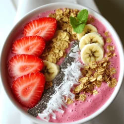 - 1 cup frozen strawberries - 1 ripe banana, peeled and chopped - 1/2 cup Greek yogurt, plain or vanilla - 1/2 cup almond milk (or milk of your preference) - 1 tablespoon honey or maple syrup (optional) - 1/4 teaspoon pure vanilla extract To make a delicious strawberry banana smoothie bowl, you need simple, fresh ingredients. The frozen strawberries give the bowl a thick, creamy base. A ripe banana adds natural sweetness and a smooth texture. Greek yogurt boosts protein and makes it rich. Almond milk, or any milk you like, helps blend everything. If you want it sweeter, add honey or maple syrup. A touch of vanilla extract enhances the flavor. - Fresh strawberries and banana slices - Crunchy granola - Chia seeds and shredded coconut - Fresh mint leaves Toppings are where you can be creative. Fresh fruit like strawberries and banana slices add color and taste. Crunchy granola gives it a nice texture. Chia seeds and shredded coconut add nutrition and fun. Fresh mint leaves make it look fancy and add a burst of freshness. You can mix and match these toppings to make your bowl unique and tasty. For the full recipe, check out the Strawberry Banana Bliss Smoothie Bowl . - Add frozen strawberries and banana to the blender. - Include Greek yogurt, almond milk, honey, and vanilla extract. First, gather all your ingredients. It helps to have everything ready. Take 1 cup of frozen strawberries and 1 ripe banana. Peel and chop the banana before adding it to the blender. Next, add 1/2 cup of Greek yogurt. You can use plain or vanilla yogurt based on your taste. Pour in 1/2 cup of almond milk, or any milk you like. If you want extra sweetness, add 1 tablespoon of honey or maple syrup. Finally, add 1/4 teaspoon of pure vanilla extract for flavor. - Blend on medium-high speed until smooth. - Scrape down sides as necessary. Now it’s time to blend! Start the blender on medium-high speed. Blend until the mixture is smooth and creamy. This usually takes about 30 seconds to a minute. If you see any chunks, stop the blender. Use a spatula to scrape down the sides. Blend again until everything is well mixed. - Pour into a bowl for a thick texture. - Arrange toppings artfully on the smoothie base. Once blended, pour your smoothie into a bowl. A thick texture is best for holding your toppings. Now comes the fun part—adding toppings! Slice fresh strawberries and bananas. Sprinkle crunchy granola for some texture. Add chia seeds for extra nutrition, and don’t forget shredded coconut! For a pop of color, place a couple of mint leaves on top. Enjoy your beautiful smoothie bowl right away! For the full recipe, refer to the earlier section. To blend for creaminess, start with frozen strawberries. They give your bowl a thick and frosty feel. Add the banana next. It adds natural sweetness and creaminess. Use Greek yogurt for a rich texture. Almond milk helps smooth everything out. Blend on medium-high speed until the mixture is smooth. Pause to scrape down the sides if needed. If it is too thick, add a splash more almond milk. If it is too thin, add more yogurt or frozen fruit. For natural sweeteners, honey or maple syrup works well. Both add flavor, but you can skip them. The banana and strawberries are sweet enough for many. To balance flavors, use toppings wisely. Fresh fruit adds sweetness and texture. Crunchy granola can give a nice contrast. Chia seeds add nutrition without adding sweetness. To make your bowl look fancy, arrange your toppings nicely. Start with a base of sliced strawberries and bananas. Then sprinkle granola on top for a crunchy look. A few chia seeds can be scattered for a fun touch. Add shredded coconut for a tropical feel. Finally, place fresh mint leaves on top. The green color pops and makes it look fresh. Remember, a colorful bowl is not just pretty; it makes the dish more inviting. {{image_4}} You can change up the flavors in your smoothie bowl. Adding spinach or kale gives a green boost. This adds vitamins without changing the taste much. You can also mix in nut butter or protein powder. These additions make the bowl creamier and more filling. Plus, they add healthy fats and protein. If you want a dairy-free option, substitute yogurt and milk with plant-based choices. Almond, coconut, or oat milk work well. You can use dairy-free yogurt made from nuts or coconut. For vegan diets, make sure to skip honey and use maple syrup instead. This keeps it sweet and tasty. You can use different fruits based on the season. In summer, swap strawberries for fresh berries like blueberries or raspberries. For a tropical twist, use mango or pineapple. In fall and winter, try apples or pears. They add warmth and flavor to your smoothie bowl. To store your leftover smoothie bowl, first, cover it tightly. You can use plastic wrap or a lid. This keeps the air out and helps maintain the flavor. Place it in the fridge. Use it within 24 hours for the best taste and texture. For extra freshness, consider storing the toppings separately. Keep granola and fruits in small containers. This way, they stay crunchy and vibrant. You cannot really reheat a smoothie bowl. Instead, you can freeze it if you want to save it longer. Just pour the smoothie into an airtight container. Leave some space at the top for expansion. It can last up to a month in the freezer. To enjoy it again, let it thaw in the fridge overnight. If it seems thick, reblend it with a splash of almond milk. This helps make it creamy again. Enjoy your delicious strawberry banana smoothie bowl! A smoothie bowl is a thick smoothie served in a bowl. You eat it with a spoon. Unlike drinks, smoothie bowls have a creamy texture. They are filled with fruits, yogurt, and milk. You can top them with nuts, seeds, or granola. This makes them both tasty and fun to eat. Yes, you can prep this smoothie bowl in advance. Make the smoothie base and store it in the fridge. It will stay fresh for up to two days. If you want to freeze it, pour it into a container. Just leave space for it to expand. When ready, let it thaw in the fridge overnight. Blend it again if needed. This smoothie bowl is packed with nutrients. It has about 300 calories per serving. Strawberries are high in vitamin C and antioxidants. Bananas provide potassium and fiber. Greek yogurt adds protein and probiotics. Almond milk is low in calories and dairy-free. All these ingredients make it a healthy choice. You can change this smoothie bowl to fit your taste. Try adding spinach for a green boost. Use different fruits like mango or blueberries. For a nutty flavor, mix in peanut or almond butter. If you need a dairy-free option, swap Greek yogurt for a plant-based yogurt. This way, you make it work for your diet. In this post, we explored how to create a delicious strawberry banana smoothie bowl. We covered key ingredients like frozen strawberries, banana, and Greek yogurt. You learned step-by-step instructions for blending and serving. Tips on texture, sweetness, and presentation will help you craft the perfect bowl. With flavor variations and storage tips, you can personalize each experience. Smoothie bowls are easy, fun, and packed with nutrition. Try customizing yours today and enjoy a tasty, healthy treat.