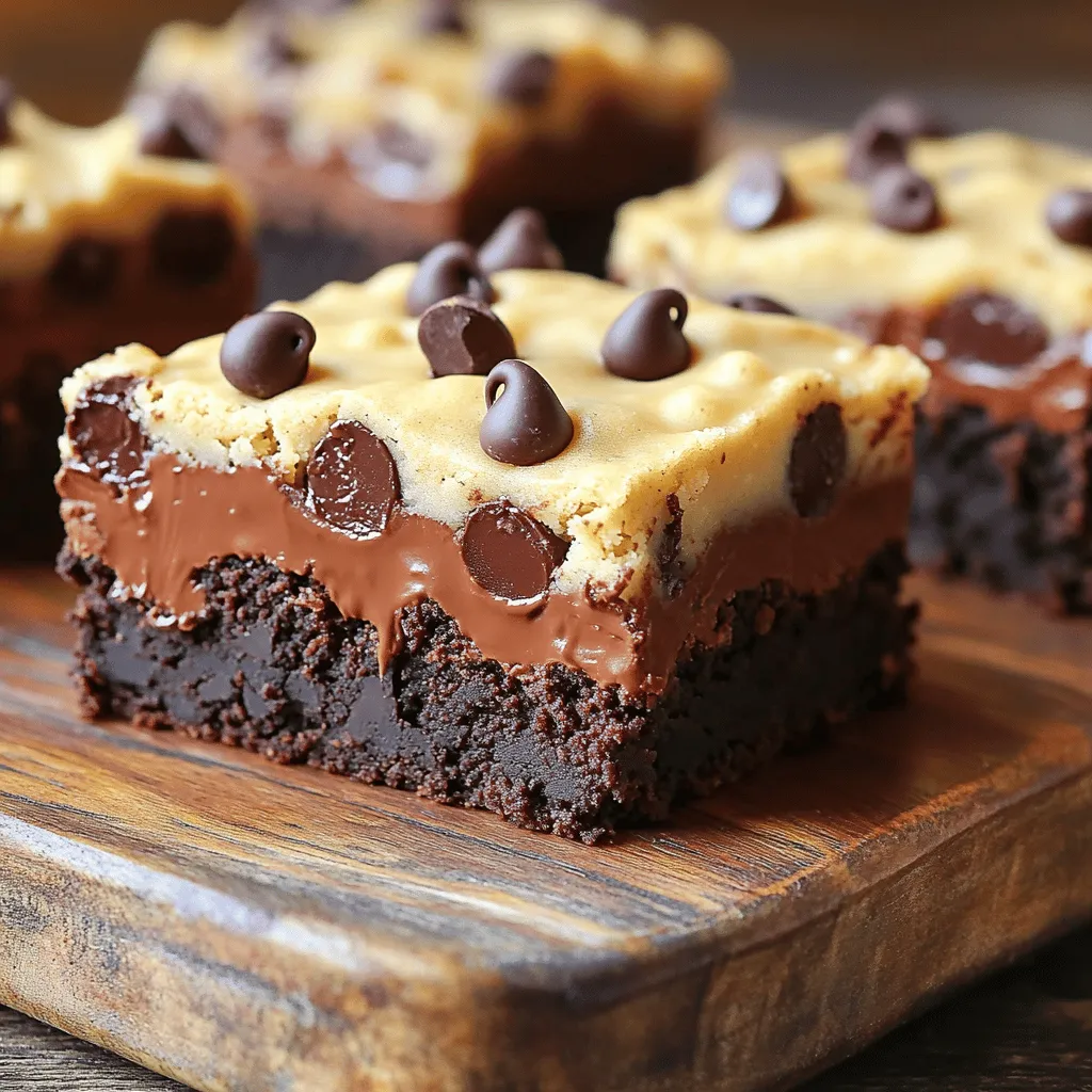 - 1 cup unsalted butter, softened - 2 cups brown sugar, packed - 4 large eggs - 1 teaspoon pure vanilla extract - 1 cup all-purpose flour - 1/2 cup cocoa powder - 1/2 teaspoon baking powder - 1/2 teaspoon salt - 1 cup semi-sweet chocolate chips - 1/2 cup unsalted butter, softened - 3/4 cup brown sugar, packed - 1/4 cup granulated sugar - 2 tablespoons milk - 1 teaspoon pure vanilla extract - 1 cup all-purpose flour (heat-treated for safety) - 1/2 teaspoon salt - 1 cup mini chocolate chips Gather these ingredients to start your delicious journey. For the brownie layer, you need butter, brown sugar, eggs, and more. The cookie dough layer follows with its own butter and sugars. This mix of flavors will delight anyone who tries it. Make sure to soften your butter first. It helps create a smooth and creamy texture. Use packed brown sugar for that rich, sweet flavor. Don’t skip the heat treatment for the flour in the cookie dough layer. This step keeps it safe to eat. These ingredients work together to create a rich brownie base and a sweet cookie dough top. You’ll love the blend of textures and flavors. For the full recipe, check out the detailed instructions. Set the oven to 350°F (175°C). Lightly grease a 9x13 inch baking pan with butter or cooking spray to prevent sticking. In a large bowl, mix 1 cup of softened unsalted butter with 2 cups of packed brown sugar. Beat them until creamy and smooth. Add 4 large eggs, one at a time, mixing well after each. Stir in 1 teaspoon of pure vanilla extract until well combined. In a separate bowl, whisk together 1 cup of all-purpose flour, 1/2 cup of cocoa powder, 1/2 teaspoon of baking powder, and 1/2 teaspoon of salt. Gradually add this dry mixture to the wet mixture. Mix until just combined. Gently fold in 1 cup of semi-sweet chocolate chips. Pour the brownie batter into the prepared baking pan. Spread it evenly with a spatula. Bake for 25-30 minutes. To check for doneness, insert a toothpick into the center. It should come out clean or with a few moist crumbs. Once baked, remove it from the oven and let it cool completely in the pan. In a clean bowl, cream together 1/2 cup of softened unsalted butter, 3/4 cup of packed brown sugar, and 1/4 cup of granulated sugar until smooth. Add 2 tablespoons of milk and 1 teaspoon of pure vanilla extract, mixing until fully combined. Gradually mix in 1 cup of heat-treated all-purpose flour and 1/2 teaspoon of salt until just combined. Finally, fold in 1 cup of mini chocolate chips to finish your cookie dough layer. Once the brownie layer has cooled, spread the cookie dough mixture evenly on top. Use a spatula to smooth it out. For the best results, refrigerate the assembled brownies for at least 30 minutes. This helps the layers firm up and makes cutting easier. You can find the full recipe above for all the ingredients and steps! To start, use room temperature ingredients. This helps the butter and sugar mix smoothly. It makes your brownie batter creamy, which is key for great texture. Next, don’t overbake the brownies. Check them with a toothpick around 25 minutes. If it comes out clean or with a few moist crumbs, they are done. When making the cookie dough, always heat-treat your all-purpose flour. This step makes it safe to eat raw. To heat-treat, spread the flour on a baking sheet and bake it at 350°F (175°C) for five to seven minutes. Let it cool before using. Also, consider using mini chocolate chips. They spread evenly throughout the cookie dough and give each bite a pop of chocolate. Once your brownies are chilled, cut them into neat squares. For a lovely touch, drizzle melted chocolate over the top before serving. This adds shine and flavor. A sprinkle of sea salt can enhance the sweetness too. It creates a delightful contrast that everyone will enjoy. For the full recipe, check the previous sections and get started on this delicious treat! {{image_4}} Add some crunch to your brownies by including nuts. I love adding walnuts or pecans. They create a great texture contrast with the soft brownie and cookie dough layers. Chopped nuts can also enhance the flavor. Just mix them in with the brownie batter before baking. Use about 1 cup of chopped nuts for the best balance. If you need a gluten-free treat, it’s easy to adapt this recipe. Substitute all-purpose flour with a gluten-free flour blend. Many blends work well, so pick one you like. This swap keeps the brownies delicious without gluten. Just make sure to check the blend for any added ingredients or starches. Want to boost the chocolate flavor? Add a pinch of espresso powder to the brownie batter. It deepens the chocolate taste without adding coffee flavor. You can start with 1/2 teaspoon. Mix it in with the dry ingredients. This small change can make a big difference in taste. Keep your brownies in an airtight container at room temperature. This keeps them fresh and tasty. If you use a glass or metal container, it will help them stay soft. Avoid direct sunlight, as heat can dry them out. If you want to extend their freshness, refrigerate the brownies. They can last up to one week this way. Just remember to let them sit at room temperature for a bit before serving. This will help bring back their soft texture. Want to save some for later? Cut the brownies into pieces and freeze them. Use freezer bags to keep them well-sealed. They can stay good for up to three months in the freezer. When you're ready to eat, let them thaw at room temperature or warm them gently in the microwave. Enjoy every bite of these delicious treats! Yes, they can be made a day in advance and stored in the refrigerator. I often prepare them the night before a gathering. This way, they are ready to serve when guests arrive. Just remember to let them cool before you store them. Absolutely! Feel free to substitute with dark chocolate or white chocolate chips. Each type of chocolate can change the flavor. For a richer taste, dark chocolate works best. If you want something sweeter, try white chocolate. They pair well with vanilla ice cream or a dollop of whipped cream. The ice cream adds a nice contrast to the warm brownies. You can also drizzle some chocolate sauce on top for extra sweetness. A toothpick inserted should come out clean or with a few moist crumbs for fudginess. Check around the 25-minute mark for best results. If it’s too wet, bake for a few more minutes. Enjoy the process! This blog post shared an easy way to make delicious Chocolate Chip Cookie Dough Brownies. You learned the key ingredients, step-by-step instructions, and helpful tips. Safety tips for the cookie dough gave you peace of mind. Variations let you customize your brownies. Lastly, storage info helps keep them fresh. Enjoying these treats is fun and simple. Baking opens up a world of tasty creativity. Try your own twist and share your results!