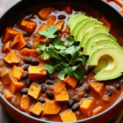 To make a hearty Sweet Potato and Black Bean Chili, gather these main ingredients: - 2 medium sweet potatoes, peeled and cut into 1-inch cubes - 1 can (15 oz) black beans, thoroughly drained and rinsed - 1 can (14 oz) diced tomatoes with their juices - 1/2 medium onion, finely chopped - 2 cloves fresh garlic, minced - 1 bell pepper (any vibrant color), diced - 4 cups vegetable broth - 2 tablespoons extra virgin olive oil - Sea salt and freshly cracked black pepper to taste These ingredients create a rich base full of flavor. Sweet potatoes add natural sweetness and creaminess. The black beans provide heartiness and protein, making this dish filling. The right spices transform this chili into something special. Use these key spices: - 1 teaspoon ground cumin - 1 teaspoon smoked paprika - 1/2 teaspoon cayenne pepper (adjust based on your spice preference) Cumin brings warmth and earthiness. Smoked paprika adds a depth that feels cozy. Cayenne pepper gives it a kick, but you can control the heat. To finish your chili, add these optional garnishes: - Fresh cilantro, roughly chopped, for garnish - Slices of ripe avocado, for serving Cilantro adds a burst of freshness. Avocado provides creaminess and balances the spices. These garnishes make each bowl look and taste great. For the complete list of ingredients and instructions, check the Full Recipe. Start by gathering all your ingredients. You need sweet potatoes, black beans, and tomatoes. - Chop 2 medium sweet potatoes into 1-inch cubes. - Finely chop 1/2 medium onion. - Dice 1 bell pepper in any bright color. - Mince 2 cloves of garlic. - Measure out your spices: 1 teaspoon each of ground cumin and smoked paprika, and 1/2 teaspoon of cayenne pepper. Make sure to rinse and drain the black beans. This removes any extra liquid and keeps the chili from being too watery. In a large pot, heat 2 tablespoons of extra virgin olive oil over medium heat. Once the oil is shimmering, add the chopped onion and bell pepper. Sauté for about 5 minutes until they soften. Next, add the minced garlic, ground cumin, smoked paprika, and cayenne pepper. Stir these spices for 1-2 minutes. This step helps to bring out their bold flavors. Now, mix in the sweet potatoes, black beans, and diced tomatoes with their juices. Stir everything well to combine. Pour in 4 cups of vegetable broth and stir again. Turn up the heat to bring the mixture to a gentle boil. Once it boils, reduce the heat to low. Cover the pot and let it simmer for 25-30 minutes. Stir occasionally until the sweet potatoes are fork-tender. After simmering, taste your chili. Season it with sea salt and freshly cracked black pepper to your liking. If you want a thicker texture, gently mash some sweet potato pieces with the back of a spoon. Serve your chili hot in bowls. Garnish with fresh cilantro and slices of ripe avocado. For an extra zing, drizzle some lime juice over the top. This adds brightness and enhances the flavors. You can find the full recipe in the article. Enjoy your warm and nutritious bowl of chili! To tailor your chili's heat, start with cayenne pepper. Use less for milder chili. You can leave it out if you prefer no spice. Add it slowly to test the heat. For spicier chili, try adding jalapeños or serrano peppers. You can also use hot sauce for a kick. Just remember, you can always add more spice, but you cannot take it out. Cooking sweet potatoes evenly gives your chili the best texture. Cut them into 1-inch cubes for even cooking. Smaller pieces will cook faster, while larger ones may remain firm. When you sauté them, stir often to avoid burning. If you want them soft and creamy, let them simmer long enough. You want them fork-tender for the best bite. A few simple additions can elevate your chili's taste. A squeeze of lime juice brightens the flavors. It adds a zesty twist that pairs well with sweet potatoes. You can also try different broths for added depth. Vegetable broth works well, but chicken broth can add richness. Consider adding a splash of soy sauce for umami. These tweaks can transform your chili into a flavor-packed delight! {{image_4}} You can add protein to your chili for extra flavor and nutrition. Tofu is a great option. Firm tofu holds its shape well. Cube it and sauté it with the onions and peppers. This step adds a nice texture. For meat lovers, try ground turkey or beef. Brown the meat before adding other ingredients. This gives a rich, hearty flavor. Sweet Potato and Black Bean Chili is easy to adjust. For a gluten-free dish, just check your spices and broth. Most are safe, but always read labels. If you want a vegan meal, this recipe is already perfect. Simply skip any animal products. For a low-carb option, replace sweet potatoes with cauliflower. It still tastes great and keeps the chili hearty. Explore different flavors by changing your spices. For a Mexican twist, add some chipotle peppers in adobo sauce. This gives it a smoky heat. You can also sprinkle fresh lime juice over the top. For a Caribbean flair, include coconut milk and curry powder. This adds a creamy texture and unique taste. Each variation makes this dish exciting and new. You can find the Full Recipe to try these ideas. To store your sweet potato and black bean chili, let it cool first. Place it in an airtight container. You can refrigerate it for up to four days. If you want to keep it longer, freeze it. Pour the chili into a freezer-safe container. Leave some space at the top. The chili will expand as it freezes. In the fridge, your chili stays fresh for about four days. If frozen, it can last up to three months. For the best taste, use it within this time. Over time, the flavors may fade and the texture may change. To reheat, you can use the stove or the microwave. If using the stove, pour the chili into a pot. Heat it over medium-low. Stir often until it warms through. For the microwave, place it in a bowl. Heat in short bursts, stirring in between. This helps to keep the chili's texture. If it seems thick, add a splash of vegetable broth or water to thin it out. Enjoy your warm bowl of chili again! Yes, you can make this chili ahead of time. It tastes even better after a day in the fridge. The flavors blend well, making each bite more delicious. To prepare in advance, cook the chili and let it cool. Then, store it in an airtight container in the fridge. You can also freeze it for later. Just thaw it in the fridge overnight before reheating. You can enjoy this chili with many sides. Here are some great options: - Cornbread for a sweet touch. - Rice for a filling addition. - A fresh green salad for crunch. - Tortilla chips for dipping and scooping. - Avocado slices add creaminess and taste. Adjusting spice levels is simple. Here’s how: - For a spicier chili, add more cayenne pepper or diced jalapeños. - You can also mix in hot sauce. - If you prefer a milder dish, cut back on cayenne or choose mild chili powder. - Adding more sweet potatoes or beans helps tone down the heat too. For the full recipe, follow the steps outlined above for a hearty, flavorful meal! This blog covered making a tasty sweet potato and black bean chili. We talked about key ingredients like sweet potatoes, black beans, and spices. You learned step-by-step how to prepare, cook, and present your chili. I shared tips on adjusting spice levels and enhancing flavors. You can even try different protein options or regional twists. Finally, proper storage tips help keep your chili fresh. Enjoy making this dish, and remember, cooking is all about exploring new tastes!