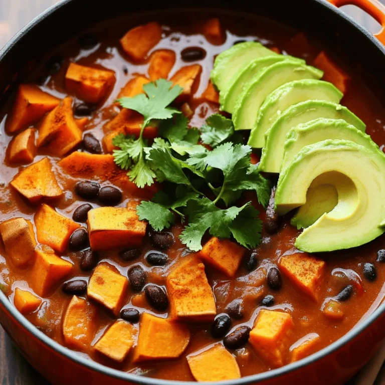 To make a hearty Sweet Potato and Black Bean Chili, gather these main ingredients: - 2 medium sweet potatoes, peeled and cut into 1-inch cubes - 1 can (15 oz) black beans, thoroughly drained and rinsed - 1 can (14 oz) diced tomatoes with their juices - 1/2 medium onion, finely chopped - 2 cloves fresh garlic, minced - 1 bell pepper (any vibrant color), diced - 4 cups vegetable broth - 2 tablespoons extra virgin olive oil - Sea salt and freshly cracked black pepper to taste These ingredients create a rich base full of flavor. Sweet potatoes add natural sweetness and creaminess. The black beans provide heartiness and protein, making this dish filling. The right spices transform this chili into something special. Use these key spices: - 1 teaspoon ground cumin - 1 teaspoon smoked paprika - 1/2 teaspoon cayenne pepper (adjust based on your spice preference) Cumin brings warmth and earthiness. Smoked paprika adds a depth that feels cozy. Cayenne pepper gives it a kick, but you can control the heat. To finish your chili, add these optional garnishes: - Fresh cilantro, roughly chopped, for garnish - Slices of ripe avocado, for serving Cilantro adds a burst of freshness. Avocado provides creaminess and balances the spices. These garnishes make each bowl look and taste great. For the complete list of ingredients and instructions, check the Full Recipe. Start by gathering all your ingredients. You need sweet potatoes, black beans, and tomatoes. - Chop 2 medium sweet potatoes into 1-inch cubes. - Finely chop 1/2 medium onion. - Dice 1 bell pepper in any bright color. - Mince 2 cloves of garlic. - Measure out your spices: 1 teaspoon each of ground cumin and smoked paprika, and 1/2 teaspoon of cayenne pepper. Make sure to rinse and drain the black beans. This removes any extra liquid and keeps the chili from being too watery. In a large pot, heat 2 tablespoons of extra virgin olive oil over medium heat. Once the oil is shimmering, add the chopped onion and bell pepper. Sauté for about 5 minutes until they soften. Next, add the minced garlic, ground cumin, smoked paprika, and cayenne pepper. Stir these spices for 1-2 minutes. This step helps to bring out their bold flavors. Now, mix in the sweet potatoes, black beans, and diced tomatoes with their juices. Stir everything well to combine. Pour in 4 cups of vegetable broth and stir again. Turn up the heat to bring the mixture to a gentle boil. Once it boils, reduce the heat to low. Cover the pot and let it simmer for 25-30 minutes. Stir occasionally until the sweet potatoes are fork-tender. After simmering, taste your chili. Season it with sea salt and freshly cracked black pepper to your liking. If you want a thicker texture, gently mash some sweet potato pieces with the back of a spoon. Serve your chili hot in bowls. Garnish with fresh cilantro and slices of ripe avocado. For an extra zing, drizzle some lime juice over the top. This adds brightness and enhances the flavors. You can find the full recipe in the article. Enjoy your warm and nutritious bowl of chili! To tailor your chili's heat, start with cayenne pepper. Use less for milder chili. You can leave it out if you prefer no spice. Add it slowly to test the heat. For spicier chili, try adding jalapeños or serrano peppers. You can also use hot sauce for a kick. Just remember, you can always add more spice, but you cannot take it out. Cooking sweet potatoes evenly gives your chili the best texture. Cut them into 1-inch cubes for even cooking. Smaller pieces will cook faster, while larger ones may remain firm. When you sauté them, stir often to avoid burning. If you want them soft and creamy, let them simmer long enough. You want them fork-tender for the best bite. A few simple additions can elevate your chili's taste. A squeeze of lime juice brightens the flavors. It adds a zesty twist that pairs well with sweet potatoes. You can also try different broths for added depth. Vegetable broth works well, but chicken broth can add richness. Consider adding a splash of soy sauce for umami. These tweaks can transform your chili into a flavor-packed delight! {{image_4}} You can add protein to your chili for extra flavor and nutrition. Tofu is a great option. Firm tofu holds its shape well. Cube it and sauté it with the onions and peppers. This step adds a nice texture. For meat lovers, try ground turkey or beef. Brown the meat before adding other ingredients. This gives a rich, hearty flavor. Sweet Potato and Black Bean Chili is easy to adjust. For a gluten-free dish, just check your spices and broth. Most are safe, but always read labels. If you want a vegan meal, this recipe is already perfect. Simply skip any animal products. For a low-carb option, replace sweet potatoes with cauliflower. It still tastes great and keeps the chili hearty. Explore different flavors by changing your spices. For a Mexican twist, add some chipotle peppers in adobo sauce. This gives it a smoky heat. You can also sprinkle fresh lime juice over the top. For a Caribbean flair, include coconut milk and curry powder. This adds a creamy texture and unique taste. Each variation makes this dish exciting and new. You can find the Full Recipe to try these ideas. To store your sweet potato and black bean chili, let it cool first. Place it in an airtight container. You can refrigerate it for up to four days. If you want to keep it longer, freeze it. Pour the chili into a freezer-safe container. Leave some space at the top. The chili will expand as it freezes. In the fridge, your chili stays fresh for about four days. If frozen, it can last up to three months. For the best taste, use it within this time. Over time, the flavors may fade and the texture may change. To reheat, you can use the stove or the microwave. If using the stove, pour the chili into a pot. Heat it over medium-low. Stir often until it warms through. For the microwave, place it in a bowl. Heat in short bursts, stirring in between. This helps to keep the chili's texture. If it seems thick, add a splash of vegetable broth or water to thin it out. Enjoy your warm bowl of chili again! Yes, you can make this chili ahead of time. It tastes even better after a day in the fridge. The flavors blend well, making each bite more delicious. To prepare in advance, cook the chili and let it cool. Then, store it in an airtight container in the fridge. You can also freeze it for later. Just thaw it in the fridge overnight before reheating. You can enjoy this chili with many sides. Here are some great options: - Cornbread for a sweet touch. - Rice for a filling addition. - A fresh green salad for crunch. - Tortilla chips for dipping and scooping. - Avocado slices add creaminess and taste. Adjusting spice levels is simple. Here’s how: - For a spicier chili, add more cayenne pepper or diced jalapeños. - You can also mix in hot sauce. - If you prefer a milder dish, cut back on cayenne or choose mild chili powder. - Adding more sweet potatoes or beans helps tone down the heat too. For the full recipe, follow the steps outlined above for a hearty, flavorful meal! This blog covered making a tasty sweet potato and black bean chili. We talked about key ingredients like sweet potatoes, black beans, and spices. You learned step-by-step how to prepare, cook, and present your chili. I shared tips on adjusting spice levels and enhancing flavors. You can even try different protein options or regional twists. Finally, proper storage tips help keep your chili fresh. Enjoy making this dish, and remember, cooking is all about exploring new tastes!