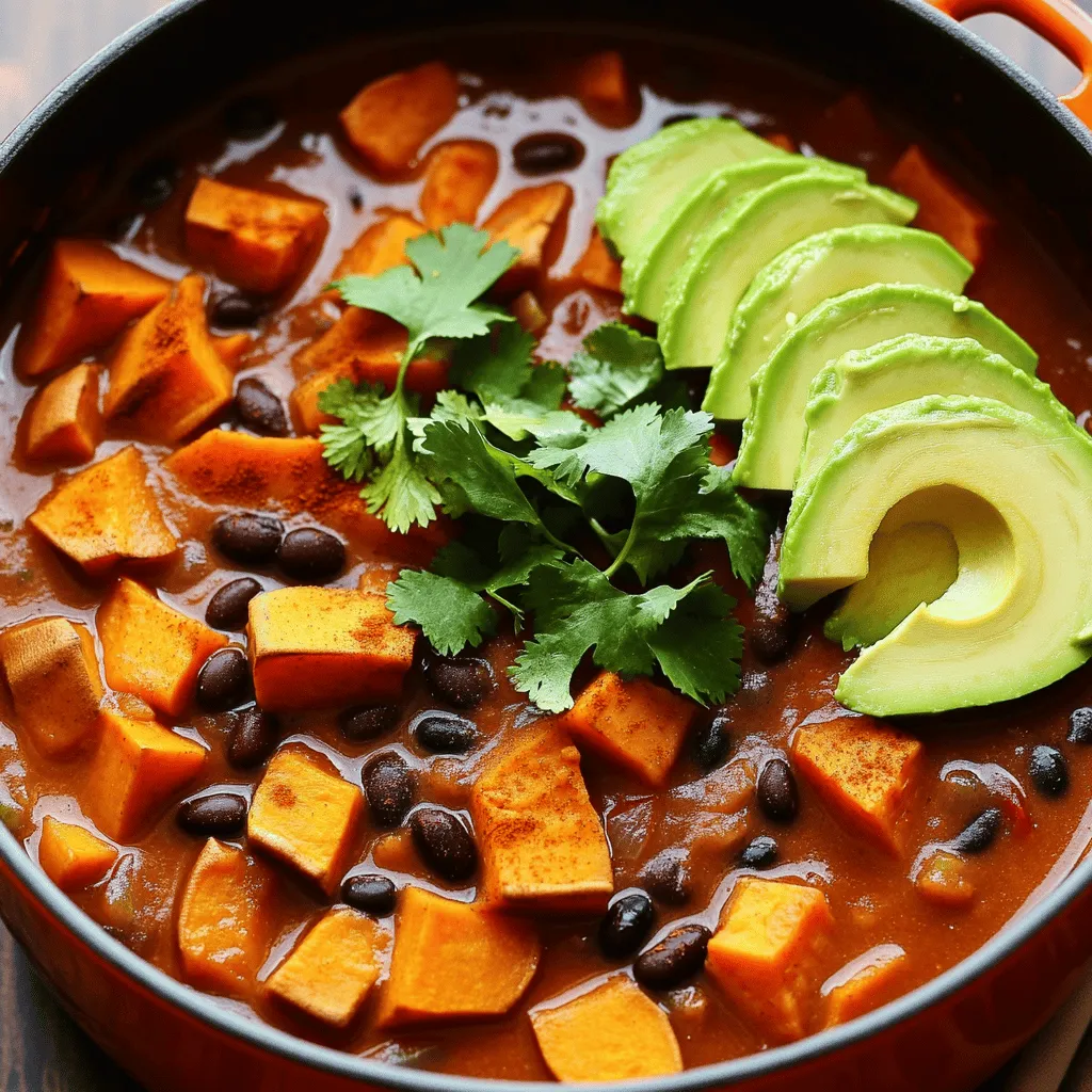 To make a hearty Sweet Potato and Black Bean Chili, gather these main ingredients: - 2 medium sweet potatoes, peeled and cut into 1-inch cubes - 1 can (15 oz) black beans, thoroughly drained and rinsed - 1 can (14 oz) diced tomatoes with their juices - 1/2 medium onion, finely chopped - 2 cloves fresh garlic, minced - 1 bell pepper (any vibrant color), diced - 4 cups vegetable broth - 2 tablespoons extra virgin olive oil - Sea salt and freshly cracked black pepper to taste These ingredients create a rich base full of flavor. Sweet potatoes add natural sweetness and creaminess. The black beans provide heartiness and protein, making this dish filling. The right spices transform this chili into something special. Use these key spices: - 1 teaspoon ground cumin - 1 teaspoon smoked paprika - 1/2 teaspoon cayenne pepper (adjust based on your spice preference) Cumin brings warmth and earthiness. Smoked paprika adds a depth that feels cozy. Cayenne pepper gives it a kick, but you can control the heat. To finish your chili, add these optional garnishes: - Fresh cilantro, roughly chopped, for garnish - Slices of ripe avocado, for serving Cilantro adds a burst of freshness. Avocado provides creaminess and balances the spices. These garnishes make each bowl look and taste great. For the complete list of ingredients and instructions, check the Full Recipe. Start by gathering all your ingredients. You need sweet potatoes, black beans, and tomatoes. - Chop 2 medium sweet potatoes into 1-inch cubes. - Finely chop 1/2 medium onion. - Dice 1 bell pepper in any bright color. - Mince 2 cloves of garlic. - Measure out your spices: 1 teaspoon each of ground cumin and smoked paprika, and 1/2 teaspoon of cayenne pepper. Make sure to rinse and drain the black beans. This removes any extra liquid and keeps the chili from being too watery. In a large pot, heat 2 tablespoons of extra virgin olive oil over medium heat. Once the oil is shimmering, add the chopped onion and bell pepper. Sauté for about 5 minutes until they soften. Next, add the minced garlic, ground cumin, smoked paprika, and cayenne pepper. Stir these spices for 1-2 minutes. This step helps to bring out their bold flavors. Now, mix in the sweet potatoes, black beans, and diced tomatoes with their juices. Stir everything well to combine. Pour in 4 cups of vegetable broth and stir again. Turn up the heat to bring the mixture to a gentle boil. Once it boils, reduce the heat to low. Cover the pot and let it simmer for 25-30 minutes. Stir occasionally until the sweet potatoes are fork-tender. After simmering, taste your chili. Season it with sea salt and freshly cracked black pepper to your liking. If you want a thicker texture, gently mash some sweet potato pieces with the back of a spoon. Serve your chili hot in bowls. Garnish with fresh cilantro and slices of ripe avocado. For an extra zing, drizzle some lime juice over the top. This adds brightness and enhances the flavors. You can find the full recipe in the article. Enjoy your warm and nutritious bowl of chili! To tailor your chili's heat, start with cayenne pepper. Use less for milder chili. You can leave it out if you prefer no spice. Add it slowly to test the heat. For spicier chili, try adding jalapeños or serrano peppers. You can also use hot sauce for a kick. Just remember, you can always add more spice, but you cannot take it out. Cooking sweet potatoes evenly gives your chili the best texture. Cut them into 1-inch cubes for even cooking. Smaller pieces will cook faster, while larger ones may remain firm. When you sauté them, stir often to avoid burning. If you want them soft and creamy, let them simmer long enough. You want them fork-tender for the best bite. A few simple additions can elevate your chili's taste. A squeeze of lime juice brightens the flavors. It adds a zesty twist that pairs well with sweet potatoes. You can also try different broths for added depth. Vegetable broth works well, but chicken broth can add richness. Consider adding a splash of soy sauce for umami. These tweaks can transform your chili into a flavor-packed delight! {{image_4}} You can add protein to your chili for extra flavor and nutrition. Tofu is a great option. Firm tofu holds its shape well. Cube it and sauté it with the onions and peppers. This step adds a nice texture. For meat lovers, try ground turkey or beef. Brown the meat before adding other ingredients. This gives a rich, hearty flavor. Sweet Potato and Black Bean Chili is easy to adjust. For a gluten-free dish, just check your spices and broth. Most are safe, but always read labels. If you want a vegan meal, this recipe is already perfect. Simply skip any animal products. For a low-carb option, replace sweet potatoes with cauliflower. It still tastes great and keeps the chili hearty. Explore different flavors by changing your spices. For a Mexican twist, add some chipotle peppers in adobo sauce. This gives it a smoky heat. You can also sprinkle fresh lime juice over the top. For a Caribbean flair, include coconut milk and curry powder. This adds a creamy texture and unique taste. Each variation makes this dish exciting and new. You can find the Full Recipe to try these ideas. To store your sweet potato and black bean chili, let it cool first. Place it in an airtight container. You can refrigerate it for up to four days. If you want to keep it longer, freeze it. Pour the chili into a freezer-safe container. Leave some space at the top. The chili will expand as it freezes. In the fridge, your chili stays fresh for about four days. If frozen, it can last up to three months. For the best taste, use it within this time. Over time, the flavors may fade and the texture may change. To reheat, you can use the stove or the microwave. If using the stove, pour the chili into a pot. Heat it over medium-low. Stir often until it warms through. For the microwave, place it in a bowl. Heat in short bursts, stirring in between. This helps to keep the chili's texture. If it seems thick, add a splash of vegetable broth or water to thin it out. Enjoy your warm bowl of chili again! Yes, you can make this chili ahead of time. It tastes even better after a day in the fridge. The flavors blend well, making each bite more delicious. To prepare in advance, cook the chili and let it cool. Then, store it in an airtight container in the fridge. You can also freeze it for later. Just thaw it in the fridge overnight before reheating. You can enjoy this chili with many sides. Here are some great options: - Cornbread for a sweet touch. - Rice for a filling addition. - A fresh green salad for crunch. - Tortilla chips for dipping and scooping. - Avocado slices add creaminess and taste. Adjusting spice levels is simple. Here’s how: - For a spicier chili, add more cayenne pepper or diced jalapeños. - You can also mix in hot sauce. - If you prefer a milder dish, cut back on cayenne or choose mild chili powder. - Adding more sweet potatoes or beans helps tone down the heat too. For the full recipe, follow the steps outlined above for a hearty, flavorful meal! This blog covered making a tasty sweet potato and black bean chili. We talked about key ingredients like sweet potatoes, black beans, and spices. You learned step-by-step how to prepare, cook, and present your chili. I shared tips on adjusting spice levels and enhancing flavors. You can even try different protein options or regional twists. Finally, proper storage tips help keep your chili fresh. Enjoy making this dish, and remember, cooking is all about exploring new tastes!