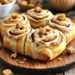 To make Biscoff cookie butter cinnamon rolls, gather these main ingredients: - 2 cups all-purpose flour - 1/4 cup granulated sugar - 1 teaspoon instant yeast - 1/2 teaspoon salt These ingredients form the base of our soft and tasty rolls. Next, you will need these wet ingredients: - 1/2 cup warm milk (about 110°F) - 1 large egg - 1/4 cup unsalted butter, melted These wet ingredients help bind the dough and keep it moist. Finally, let's not forget the star of the show and toppings: - 1/2 cup Biscoff cookie butter - 1 teaspoon ground cinnamon - 1/4 cup brown sugar - 1/2 cup powdered sugar (for icing) - 2 tablespoons milk (for icing) - 1/2 teaspoon vanilla extract The Biscoff cookie butter adds a rich flavor. The icing is the perfect finishing touch. For a full recipe, check the detailed instructions above. - Mix Dry Ingredients: First, grab a big bowl. Whisk 2 cups of all-purpose flour, 1/4 cup of granulated sugar, 1 teaspoon of instant yeast, and 1/2 teaspoon of salt. This mix is key for flavor and rise. - Combine Wet Ingredients: In another bowl, whisk together 1/2 cup of warm milk, 1 large egg, and 1/4 cup of melted unsalted butter. Blend well until smooth. - Form the Dough: Slowly pour the wet mix into the dry mix. Use a spatula to stir until everything sticks together, forming a soft dough. - Knead the Dough: Place the dough on a floured surface. Knead it for 5 to 7 minutes. It should be smooth and stretchy. - First Rise Instructions: Put the kneaded dough in a greased bowl. Cover it with a clean cloth. Let it rise in a warm spot for about 1 hour, or until it doubles in size. - Roll Out the Dough: After rising, gently punch the dough to let out air. Roll it out on a floured surface until it’s a rectangle, about 12x18 inches. - Spread the Biscoff: Take 1/2 cup of Biscoff cookie butter and spread it evenly on the rolled-out dough. Leave a little space at the edges for easy rolling. - Add Sugar and Cinnamon: Mix 1/4 cup of brown sugar with 1 teaspoon of ground cinnamon in a bowl. Sprinkle this sweet mix on top of the Biscoff layer. - Shape the Rolls: Starting from the long side, roll the dough tightly into a log. Pinch the seam to seal it. Cut the log into 12 equal slices. - Instructions for Second Rise: Place the rolls into a greased baking dish. Make sure to space them evenly. Cover again and let them rise for another 30 minutes until they puff up. - Preheat and Bake: While the rolls rise, preheat your oven to 350°F (175°C). Bake the cinnamon rolls for 20 to 25 minutes. They should turn golden brown. - Whisking the Ingredients for Icing: In a small bowl, mix 1/2 cup of powdered sugar, 2 tablespoons of milk, and 1/2 teaspoon of vanilla extract. Whisk until smooth. - Drizzling Instructions: Once the rolls are out of the oven, let them cool for a few minutes. Drizzle the icing over the warm rolls before serving. Follow this guide, and you’ll have Biscoff cookie butter cinnamon rolls that everyone will love! For the complete details, refer to the Full Recipe. To make the best dough, create a warm space for rising. I find a sunny kitchen works well. The dough needs warmth to grow. Aim for a temperature around 75°F to 80°F. Kneading is key to a soft roll. Use your palms to push the dough down and away. Fold it over and repeat. Knead for about 5 to 7 minutes. You want the dough to feel smooth and elastic. Adding spices can take your rolls to the next level. Try a pinch of nutmeg or ginger for warmth. These spices mix well with Biscoff cookie butter. You can also add a hint of vanilla to the dough for extra sweetness. If you want to mix things up, use different fillings. A layer of chocolate chips adds a nice touch. Or, try chopped nuts for crunch. Both options pair well with the cookie butter. Presentation is important for these rolls. Serve them warm on a colorful plate. A nice platter makes them look fancy. Drizzle the icing on top for a sweet finish. For a fun twist, crush some Biscoff cookies and sprinkle them on top. This adds both texture and a visual pop. Guests will love this extra treat on their rolls. {{image_4}} You can easily change the taste of Biscoff cookie butter cinnamon rolls. A great idea is to add chocolate chips. They add a nice, sweet surprise in every bite. Just sprinkle some on top of the Biscoff spread before you roll it up. You can also try nutty combinations. Chopped walnuts or pecans mix well with the sweet Biscoff. They add a crunchy texture that makes the rolls even better. You can stir them into the brown sugar and cinnamon mix for more flavor. If you want to switch it up, you can use different spreads. Nut butters, like almond or peanut butter, are great options. They have a rich taste that pairs well with the dough. Flavored cream cheeses also work nicely. Try a vanilla or caramel cream cheese for a unique twist. Spread it on the dough just like the Biscoff. Each option gives a new taste to your rolls. Making these rolls for special diets is simple. If you want gluten-free rolls, switch to gluten-free flour. Just make sure to check the brand for baking tips. For a vegan version, use plant-based milk and a flax egg instead of a regular egg. You can also replace the butter with coconut oil. These changes keep the taste while fitting different diets. Feel free to explore these variations to make your Biscoff cookie butter cinnamon rolls even more delicious. For the full recipe, check out the details above. To keep your Biscoff cookie butter cinnamon rolls fresh, store them in the fridge. Place them in an airtight container. This helps keep moisture in and air out. They can last up to a week in the fridge. If you want to save them for longer, freezing is a great option. Wrap each roll tightly in plastic wrap. Then, place them in a freezer-safe bag. They can last up to three months in the freezer. When you want to enjoy your leftover rolls, reheating is key. The best method for keeping them soft is to use the microwave. Place a roll on a microwave-safe plate. Cover it with a damp paper towel. Heat it for about 15-20 seconds. If using the oven, preheat it to 350°F. Warm the rolls for about 10 minutes. This method keeps the rolls fresh and tasty. At room temperature, these rolls stay fresh for about two days. Make sure to keep them in a sealed container to avoid drying out. Look for signs of spoilage like a hard texture or an odd smell. If you see mold, it’s best to toss them out. Enjoy your sweet treat while it's fresh! For the full recipe, check out the sections above. Yes, you can use store-bought Biscoff spread. It saves time and works well. Look for a smooth texture to spread easily. If you find a crunchy option, it adds a nice twist. Just ensure it is at room temperature for easy spreading. Baking at high altitude requires a few changes. Reduce the sugar by 1-2 tablespoons. Increase the flour by 1-2 tablespoons to help with structure. You may also need to increase baking time slightly. Keep an eye on your rolls to avoid over-baking. Yes, you can prep these rolls in advance. Make the dough and shape the rolls. Place them in the baking dish, then cover and refrigerate overnight. In the morning, let them rise for about 30 minutes. Bake as usual. You can use coconut sugar or brown sugar. Both provide sweetness and moisture. For a low-calorie option, try stevia or monk fruit sweetener. Adjust the amount based on the sweetness level. Each option keeps the texture nice. These rolls are a treat, not a health food. They contain sugar, butter, and flour. Enjoy them in moderation. You can make them healthier by using whole wheat flour or reducing sugar. They are best as an occasional indulgence, not an everyday snack. You now have a tasty recipe for Biscoff Cookie Butter Cinnamon Rolls. We covered the key ingredients, step-by-step prep, and handy tips. Remember, perfecting the dough is crucial for the best rolls. You can also get creative with flavors and fillings. Don’t forget to store leftovers properly for future treats. Enjoy making these rolls, and share them with friends or family. They’re sure to become a favorite. Happy baking!