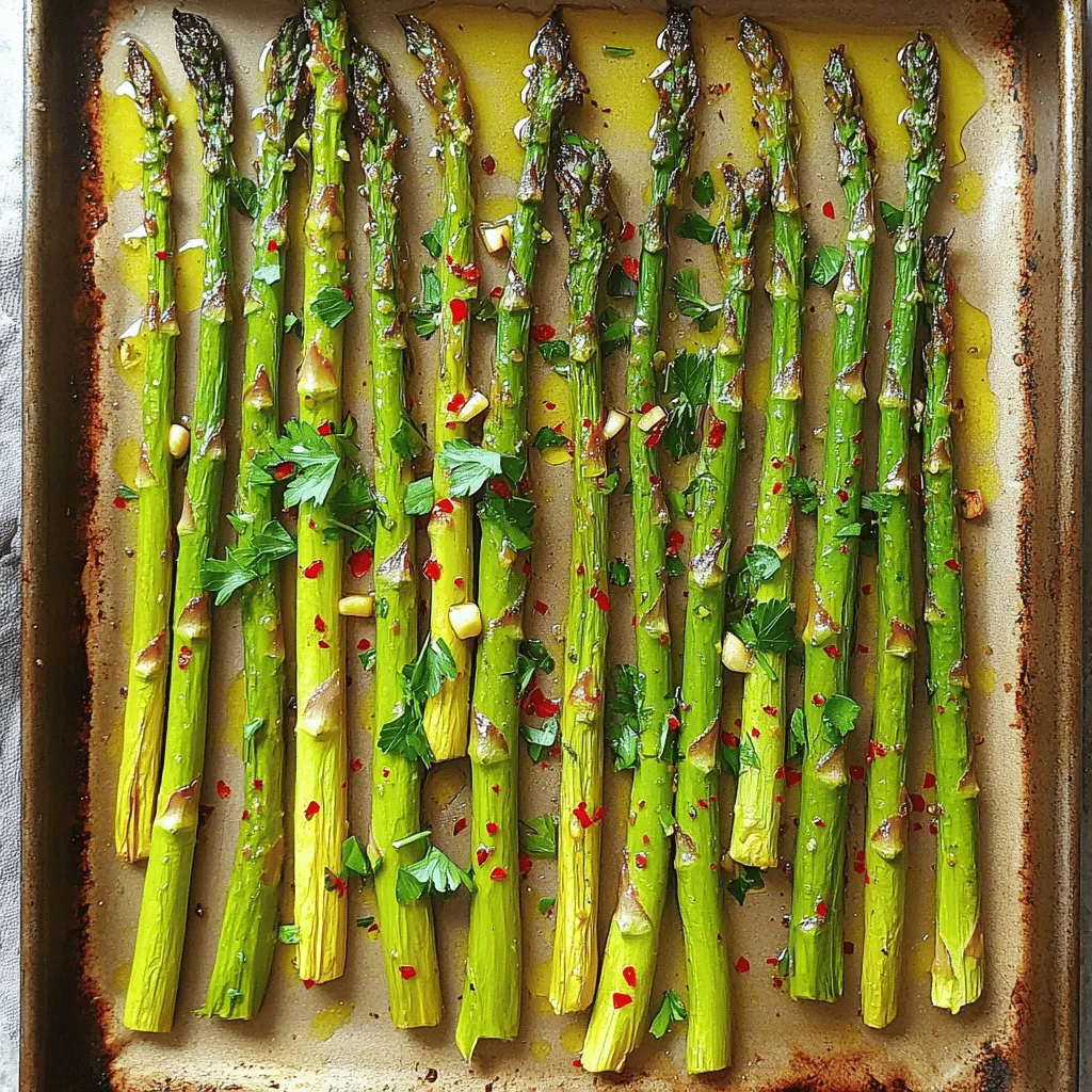 - 1 bunch of fresh asparagus, woody ends trimmed - Zest of 1 large lemon - 3 garlic cloves, finely minced - 3 tablespoons extra-virgin olive oil - Sea salt and freshly cracked black pepper, to taste - 1 teaspoon red pepper flakes (optional for a kick) - Fresh parsley, finely chopped, for a vibrant garnish - 2 tablespoons freshly squeezed lemon juice Fresh asparagus is the star of this dish. Look for bright green, firm stalks. Trim the woody ends to keep the texture tender. Zesting a lemon adds a bright note. The zest releases oils that enhance the flavor. Minced garlic brings depth, giving a warm, savory touch. Use good quality olive oil. It adds richness and helps the flavors meld. Seasoning is key, so use sea salt and fresh pepper to taste. If you want a bit of heat, red pepper flakes are a fun option. They add a little kick without overwhelming the dish. Lastly, fresh parsley is perfect for garnish. It adds color and freshness. Squeezing lemon juice right before serving brightens the dish even more. This combination of flavors makes lemon garlic roasted asparagus a must-try side dish. For the complete cooking steps, check the Full Recipe. - Preheat the oven to 425°F (220°C) - Trim the woody ends of the asparagus To start, I always preheat my oven to 425°F (220°C). This high heat helps the asparagus roast well, leading to that nice crisp. Next, I trim the woody ends. You want to cut off about an inch from the bottom. This part is tough and not tasty. Just hold the asparagus and bend it gently. It will break where it's tender. - In a mixing bowl, combine asparagus, olive oil, garlic, lemon zest, lemon juice, salt, and pepper - Toss until asparagus is thoroughly coated Now, grab a large mixing bowl. Add the fresh asparagus. Pour in three tablespoons of extra-virgin olive oil. Then, add three minced garlic cloves, the zest of one lemon, and two tablespoons of lemon juice. Sprinkle in sea salt and black pepper to taste. If you like a kick, add a teaspoon of red pepper flakes. Gently toss everything together until the asparagus is well-coated. This mixture is what makes the asparagus so flavorful. - Line a baking sheet with parchment paper - Arrange the asparagus in a single layer and roast for 12-15 minutes Next, I line a baking sheet with parchment paper. This makes for easy cleanup. Then, I spread the asparagus out in a single layer. This helps them roast evenly. I pop the baking sheet into the oven and roast for 12 to 15 minutes. You'll know they are done when they are tender and golden brown. For a full recipe, check out the Full Recipe section. Enjoy the wonderful smell filling your kitchen! To roast asparagus well, make sure to preheat your oven. Set it to 425°F (220°C). This heat helps the asparagus become tender and golden. If your asparagus is thick, adjust the cooking time. Thicker stalks need more time, about 15-18 minutes. Thin stalks will need only 10-12 minutes. Keep an eye on them as they cook. For a spicy kick, add red pepper flakes. This simple twist makes the dish exciting. You can also try different herbs like thyme or dill. Each herb brings its own unique taste and character. Garnish your asparagus with fresh parsley. This brightens the dish and adds color. For an extra touch, serve lemon wedges on the side. This allows everyone to squeeze more lemon juice for added flavor. It looks great and tastes even better! {{image_4}} You can change the flavor of your lemon garlic roasted asparagus with simple swaps. - Garlic Powder or Shallots: If you don’t have fresh garlic, use garlic powder. It gives a good taste. Shallots add a sweet, mild flavor. - Cheese Toppings: Try adding grated parmesan or feta cheese before roasting. This gives a rich, creamy flavor to the dish. Mixing different veggies can create a fun twist. - Cherry Tomatoes or Bell Peppers: Toss in some halved cherry tomatoes or sliced bell peppers with your asparagus. They cook well together and add color. - Different Green Veggies: You can also mix asparagus with green beans or broccoli. These pair nicely and add a variety of textures. You don’t have to stick to roasting. There are other easy ways to cook asparagus. - Grilling or Sautéing: Grilling gives a smoky flavor, while sautéing keeps it crisp. Both methods work well with garlic and lemon. - Air Fryer: For a quick option, use an air fryer. It cooks the asparagus fast and keeps it tender without much oil. For more details, check out the Full Recipe for Zesty Garlic Lemon Roasted Asparagus 🧄. To keep your roasted asparagus fresh, place it in the fridge. Use an airtight container to seal in flavor. If you don't have one, wrap it tightly in plastic wrap. This helps keep moisture in and prevents drying out. When you reheat asparagus, you want to keep it crispy. The best way is to use the oven. Preheat it to 350°F (175°C). Place the asparagus on a baking sheet for about 5-7 minutes. Check often to avoid overcooking. Microwaving works too, but it can make the asparagus soggy. If you use the microwave, heat it in short bursts, around 30 seconds. Freezing roasted asparagus is easy but requires care. First, let it cool completely. Then, place it in a freezer-safe bag. Make sure to remove as much air as possible to prevent freezer burn. When you're ready to use it, thaw overnight in the fridge. Thawed asparagus works well in soups or stir-fries but may not hold up well in salads. For the best results, enjoy it fresh or reheated. You can find the Full Recipe for Zesty Garlic Lemon Roasted Asparagus in the article. You can tell when the asparagus is done by looking for a few signs. First, the color will change to a bright green. Next, the tips should be slightly crispy. Finally, the stalks will feel tender when you poke them with a fork. This usually takes about 12 to 15 minutes at 425°F (220°C). Keep an eye on them to avoid overcooking. Yes, you can make Lemon Garlic Roasted Asparagus ahead of time. Roast the asparagus and let it cool. Store it in an airtight container in the fridge for up to three days. When ready to eat, simply reheat it in the oven at 350°F (175°C) for about 5-10 minutes. This will help keep the asparagus crispy and tasty. Lemon Garlic Roasted Asparagus goes well with many dishes. Here are some great options: - Grilled chicken or fish - Quinoa salad - Garlic mashed potatoes - Couscous with herbs - A fresh green salad These pairings balance flavors and textures, creating a delicious meal. You can access the Full Recipe for Zesty Garlic Lemon Roasted Asparagus 🧄 online. This recipe will guide you through each step to make this tasty side dish. Enjoy! In this blog post, I shared a recipe for Lemon Garlic Roasted Asparagus. You learned how to prepare fresh asparagus, mix in simple ingredients, and roast them to perfection. I also provided tips and variations to customize your dish. Asparagus is not only delicious but also easy to make. Enjoy your tasty creation, whether as a side dish or a meal. Remember, cooking is fun, so feel free to experiment and make this recipe your own.