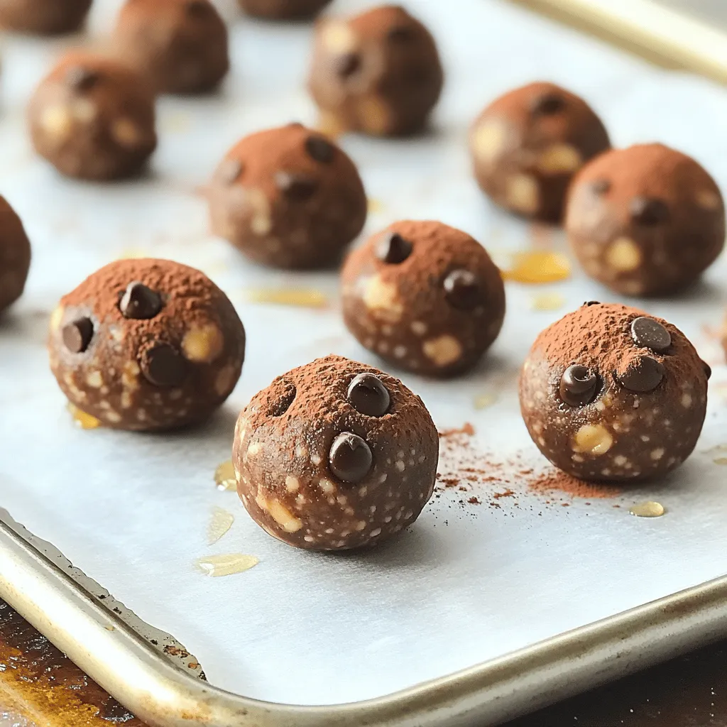 - 1 cup rolled oats - 1/2 cup creamy peanut butter - 1/3 cup honey or maple syrup - 1/4 cup unsweetened cocoa powder - 1/4 cup mini chocolate chips - 1/4 cup ground flaxseed - 1 teaspoon pure vanilla extract - A pinch of sea salt For these chocolate peanut butter energy bites, each ingredient plays a key role. The rolled oats give a chewy base. Creamy peanut butter adds rich flavor and healthy fats. Honey or maple syrup brings sweetness and binds the mix. Unsweetened cocoa powder gives that deep chocolate taste. Mini chocolate chips add fun bursts of sweetness. Ground flaxseed boosts the bites with fiber and omega-3s. Vanilla extract enhances the overall flavor, and sea salt balances the sweetness. These energy bites are not just tasty; they're also nutritious. Each bite delivers a good mix of calories, carbs, fats, and protein. - Calories: About 100 per bite - Carbs: 12g - Fats: 5g - Protein: 3g The ingredients provide many health benefits. Oats are great for heart health. Peanut butter offers protein and good fats. Flaxseed supports digestion and heart health. These bites can fuel your day. If you're out of creamy peanut butter, you can use almond or cashew butter. Each brings its own flavor but keeps the same texture. For sweeteners, you can choose honey or maple syrup. Honey is thicker and sweeter. Maple syrup has a unique taste and a lighter texture. You can use either based on what you like best or what you have at home. 1. Mixing the dry and wet ingredients Start by taking a large mixing bowl. Combine the rolled oats, creamy peanut butter, and honey or maple syrup. Add the unsweetened cocoa powder and ground flaxseed. Use a spatula or spoon to mix well. You want a smooth mixture with all the ingredients blended together. 2. Forming the energy bites Now, take clean hands and scoop out portions of the mixture. Roll them into small balls. Aim for about 1 inch in diameter. Make sure they are compact and hold their shape well. Place the rolled energy bites on a baking sheet lined with parchment paper. Keep some space between them. 1. How to properly roll the bites Use the palms of your hands to roll the bites. This will help keep them smooth and round. If the mixture sticks to your hands, dampen them slightly with water. It makes rolling easier and keeps your bites nice. 2. Chilling time and its importance Once all the bites are shaped, place the baking sheet in the refrigerator. Chill them for at least 30 minutes. This helps the bites firm up and hold their shape. Chilling also enhances the flavors, making each bite even tastier. 1. Signs of a perfect mixture The mixture should be sticky but not too wet. It should hold together when you roll it into a ball. If it falls apart, you may need to add more peanut butter or honey. 2. What to avoid during preparation Make sure not to overmix the ingredients. This can make the energy bites too dense. Also, avoid using too much cocoa powder. It can make the mixture too dry. Balance is key for a great taste and texture. For the complete recipe, refer to the [Full Recipe]. - Use an airtight container for refrigeration. This keeps the bites fresh. - They last up to one week in the fridge. Make sure to check for freshness. - Serve energy bites on a fun platter. You can also fill a clear jar with them. - Pair them with a smoothie or a cup of coffee. They taste great with both! - Add nuts or seeds for extra crunch. Chopped almonds or sunflower seeds work well. - Try spices like cinnamon or a dash of sea salt. These boost the flavor and make them pop. For the full recipe, check out the Choco-Peanut Bliss Energy Bites. {{image_4}} You can change the taste of your energy bites by adding nuts or seeds. Try mixing in chopped almonds, walnuts, or sunflower seeds. Each option adds a great crunch and boosts nutrition. You can also try different types of chocolate. Use dark chocolate chips for a rich flavor. Milk chocolate adds sweetness, while white chocolate gives a creamy touch. Mix and match to find your favorite blend! If you need vegan or gluten-free options, you can easily adapt this recipe. Use maple syrup instead of honey for vegan bites. Make sure to pick gluten-free oats to keep it safe for those with gluten issues. For a low-sugar or keto-friendly snack, swap honey with a sugar alternative like stevia or erythritol. This way, you can enjoy a treat that fits your diet! Incorporating seasonal flavors gives your energy bites a fun twist. For fall, add pumpkin spice or dried cranberries. In winter, consider mixing in peppermint extract or crushed candy canes for a holiday vibe. You can even shape them into festive forms for special occasions. Seasonal energy bites keep your snacks fresh and interesting all year long. How to store Chocolate Peanut Butter Energy Bites? Store these bites in an airtight container. Keep them in the fridge. This helps maintain freshness. They will last up to one week when stored properly. Can I freeze these energy bites? Yes, you can freeze them! Place the bites in a single layer. Use a freezer-safe bag or container. They will keep well for about three months. Just thaw them in the fridge before you eat. What can I use instead of honey? If you want an alternative to honey, use maple syrup. You can also try agave nectar or brown rice syrup. These will give a similar sweetness and texture. How to make them less sweet? To reduce sweetness, cut back on honey or syrup. You can also add more oats or cocoa powder. This will balance the flavors without losing the energy boost. Are energy bites a good pre-workout snack? Absolutely! These bites provide a great mix of protein and carbs. They give you energy without feeling heavy. Enjoy them about 30 minutes before your workout for the best results. Do these bites help with weight management? Yes, they can help! These bites are made with whole ingredients. They provide fiber and healthy fats that keep you full. Just watch your portion sizes to stay on track. To make Chocolate Peanut Butter Energy Bites, start by mixing all your dry and wet ingredients in a large bowl. This includes rolled oats, peanut butter, honey, cocoa powder, and ground flaxseed. Stir until everything blends well. Then, fold in the mini chocolate chips and salt. Next, use your hands to form small balls about one inch in size. Place them on a lined baking sheet and chill for at least 30 minutes. - Prep Time: 15 minutes - Total Time: 45 minutes - Servings: About 16 bites For success with this recipe, use creamy peanut butter for a smooth texture. Make sure to chill the bites well so they hold their shape. Store them in an airtight container in the fridge for up to one week. You can also serve them in a clear jar or on a platter to show off their chocolatey goodness. For extra flair, drizzle melted dark chocolate on top. This easy and quick recipe gives you a tasty boost, perfect for snacks or post-workout energy! We explored a simple and tasty recipe for Chocolate Peanut Butter Energy Bites. You learned about the key ingredients, their benefits, and substitutes like honey and peanut butter. I shared easy steps for mixing, rolling, and storing your bites. You can also experiment with flavors and adjust the recipe to fit your diet. Remember, these energy bites are a quick and healthy snack option. Enjoy making them and find joy in your easy snack that boosts energy!