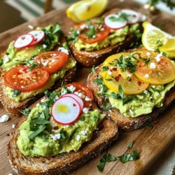 To make a great avocado toast, you need a few key items: - 2 ripe avocados - 4 slices of whole-grain or sourdough bread - 1 small lemon, freshly juiced - 1 teaspoon extra virgin olive oil - Salt and freshly cracked pepper to taste These ingredients form the base of your dish. The ripe avocados bring creaminess, while the bread gives a nice crunch. Once you have the essentials, think about toppings that excite your taste buds. Here are some ideas: - ½ teaspoon red pepper flakes - 1 medium tomato, thinly sliced - ¼ cup feta cheese, crumbled - 1 radish, thinly sliced - Fresh herbs (cilantro or parsley) for garnish These toppings add flavor and texture. You can mix and match them too! Avocado toast is not just tasty; it’s also nutritious. Here’s a quick breakdown: - Avocados are rich in healthy fats. - Whole-grain bread offers fiber and nutrients. - Feta cheese adds protein and calcium. This dish is a great choice for breakfast or a snack. Enjoy all the fresh flavors and health benefits! For the full recipe, check out the Avocado Toast Delight 🥑 section. Toasting bread is simple, but it makes all the difference. I like to use whole-grain or sourdough bread. First, place your bread slices in a toaster. Set it to medium heat for the best result. If you don’t have a toaster, a skillet can work too. Just heat it over medium heat and toast each side for 2-3 minutes. You want your bread to be crispy and golden-brown. This texture holds the toppings well. Next, let's prepare the avocado. Start with two ripe avocados. Cut them in half and remove the pit. Scoop the green flesh into a bowl. Add the juice of one small lemon. This keeps the avocado fresh. Then, drizzle in a teaspoon of olive oil. Sprinkle in salt and pepper to taste. Use a fork to mash everything together. I like to leave some chunks for texture. This creamy mix is the heart of your avocado toast. Now comes the fun part: assembling your toast! Spread the creamy avocado mix generously on each slice of toasted bread. For a fresh twist, add sliced tomatoes on top. Crumble feta cheese over the tomatoes, then finish with a sprinkle of red pepper flakes for some heat. For another variation, top the avocado with thinly sliced radishes. Add fresh herbs like cilantro or parsley for extra flavor. Remember to adjust salt and pepper to your liking. For a full recipe, check out the Avocado Toast Delight 🥑. Enjoy making these tasty variations! When choosing avocados, look for ones that feel slightly soft but not mushy. The skin should be dark green to almost black, depending on the type. Gently press the avocado in your palm. If it yields to light pressure, it is ripe. If it feels hard, wait a few days. If it feels too soft, it may be overripe. Always check the stem end; if it comes off easily and is green underneath, your avocado is fresh. To make your avocado toast stand out, use simple seasonings. Lemon juice adds brightness and keeps the avocado green. Salt and pepper enhance the natural flavors. For a kick, sprinkle red pepper flakes on top. You can also try garlic powder or smoked paprika for a deeper taste. Fresh herbs like cilantro or parsley add a burst of freshness. Experiment with these to find your favorite mix. Serve your avocado toast on a beautiful platter. Arrange the toasts side by side to show off their colors. Use a rustic wooden board for a cozy feel. Add lemon wedges for a bright touch. Place extra toppings in small bowls for guests to add their own. This invites creativity and makes it fun. Remember, we eat with our eyes first, so make it as pretty as it is tasty! For more inspiration, check out the Full Recipe for Avocado Toast Delight. {{image_4}} This version brightens your morning. Start with the creamy avocado layer. Add thin tomato slices right on top. The juicy tomatoes mix well with the soft avocado. Next, sprinkle crumbled feta cheese for a salty touch. Finally, finish with red pepper flakes for some heat. This toast looks colorful and tastes amazing! For a fresh twist, try radishes. After spreading the avocado, layer thin radish slices. Their crunch adds a fun texture. Then, sprinkle fresh herbs like cilantro or parsley. They give a burst of flavor and color. This combo feels light and refreshing. Perfect for a warm day or a light snack. You can go beyond these two. Smoked salmon adds a rich taste. Place it on the creamy avocado for a savory delight. Poached eggs also work great. The warm yolk creates a rich sauce that blends into the avocado. Each bite feels luxurious and filling. Don't be afraid to mix and match your favorite toppings. The options are endless! For more ideas, check the Full Recipe for avocado toast delights that you can create. To keep your avocado mixture fresh, place it in an airtight container. Press plastic wrap directly onto the surface of the avocado. This helps reduce oxidation and keeps it green. Store it in the fridge and use it within one day for the best taste. If you have leftover toast, store it in an airtight container. Avoid stacking the slices to keep them crispy. If you want to save the toppings, store them separately. Toast is best eaten fresh, but it can last up to two days. To reheat your leftover toast, use a toaster or an oven. Set your oven to 350°F (175°C) and heat for about 5-10 minutes. This method keeps the bread crunchy. If using a microwave, heat for only 10-15 seconds to avoid sogginess. Enjoy your avocado toast fresh and warm! Check out the Full Recipe to create your own delicious variations! Yes, you can use frozen avocado. Just thaw it before mashing. The texture may be slightly different. Frozen avocado works well in spreads. It still tastes great on toast. If you prefer fresh, opt for ripe avocados from the store. They should feel soft when gently squeezed. There are many gluten-free bread options. Look for bread made from almond flour or coconut flour. Rice bread is also a good choice. You can find these at most grocery stores. Some brands offer tasty gluten-free sourdough. Check labels to ensure they fit your needs. Making this recipe vegan is easy! Simply omit the feta cheese. You can replace it with nutritional yeast for a cheesy flavor. Add more veggies like cucumbers or bell peppers. Use whole-grain or gluten-free bread that is vegan-friendly. Avocado toast is naturally rich in healthy fats and fiber. You can enjoy it without any animal products. For the full recipe, check out the Avocado Toast Delight. Avocado toast is simple and fun to make. We explored essential ingredients and tasty toppings. You learned how to toast bread and create the perfect avocado mix. We also looked at great storage tips and answered common questions. Remember, many variations exist to keep things interesting. Experiment with your own flavors. Enjoy crafting your avocado toast and share it with friends for a delightful meal!