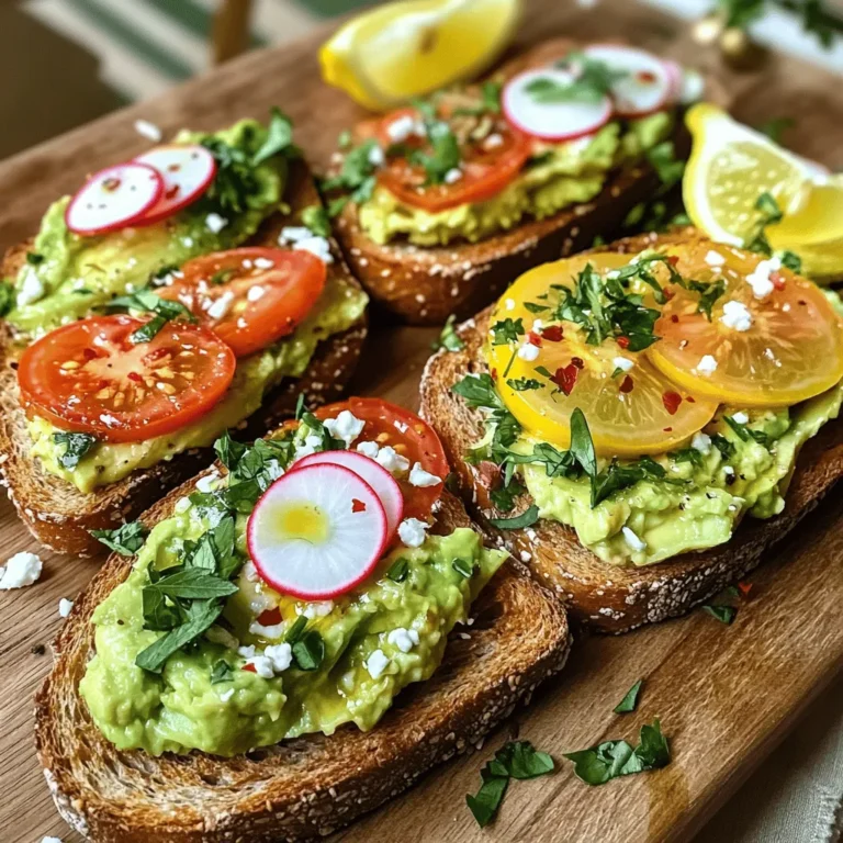 To make a great avocado toast, you need a few key items: - 2 ripe avocados - 4 slices of whole-grain or sourdough bread - 1 small lemon, freshly juiced - 1 teaspoon extra virgin olive oil - Salt and freshly cracked pepper to taste These ingredients form the base of your dish. The ripe avocados bring creaminess, while the bread gives a nice crunch. Once you have the essentials, think about toppings that excite your taste buds. Here are some ideas: - ½ teaspoon red pepper flakes - 1 medium tomato, thinly sliced - ¼ cup feta cheese, crumbled - 1 radish, thinly sliced - Fresh herbs (cilantro or parsley) for garnish These toppings add flavor and texture. You can mix and match them too! Avocado toast is not just tasty; it’s also nutritious. Here’s a quick breakdown: - Avocados are rich in healthy fats. - Whole-grain bread offers fiber and nutrients. - Feta cheese adds protein and calcium. This dish is a great choice for breakfast or a snack. Enjoy all the fresh flavors and health benefits! For the full recipe, check out the Avocado Toast Delight 🥑 section. Toasting bread is simple, but it makes all the difference. I like to use whole-grain or sourdough bread. First, place your bread slices in a toaster. Set it to medium heat for the best result. If you don’t have a toaster, a skillet can work too. Just heat it over medium heat and toast each side for 2-3 minutes. You want your bread to be crispy and golden-brown. This texture holds the toppings well. Next, let's prepare the avocado. Start with two ripe avocados. Cut them in half and remove the pit. Scoop the green flesh into a bowl. Add the juice of one small lemon. This keeps the avocado fresh. Then, drizzle in a teaspoon of olive oil. Sprinkle in salt and pepper to taste. Use a fork to mash everything together. I like to leave some chunks for texture. This creamy mix is the heart of your avocado toast. Now comes the fun part: assembling your toast! Spread the creamy avocado mix generously on each slice of toasted bread. For a fresh twist, add sliced tomatoes on top. Crumble feta cheese over the tomatoes, then finish with a sprinkle of red pepper flakes for some heat. For another variation, top the avocado with thinly sliced radishes. Add fresh herbs like cilantro or parsley for extra flavor. Remember to adjust salt and pepper to your liking. For a full recipe, check out the Avocado Toast Delight 🥑. Enjoy making these tasty variations! When choosing avocados, look for ones that feel slightly soft but not mushy. The skin should be dark green to almost black, depending on the type. Gently press the avocado in your palm. If it yields to light pressure, it is ripe. If it feels hard, wait a few days. If it feels too soft, it may be overripe. Always check the stem end; if it comes off easily and is green underneath, your avocado is fresh. To make your avocado toast stand out, use simple seasonings. Lemon juice adds brightness and keeps the avocado green. Salt and pepper enhance the natural flavors. For a kick, sprinkle red pepper flakes on top. You can also try garlic powder or smoked paprika for a deeper taste. Fresh herbs like cilantro or parsley add a burst of freshness. Experiment with these to find your favorite mix. Serve your avocado toast on a beautiful platter. Arrange the toasts side by side to show off their colors. Use a rustic wooden board for a cozy feel. Add lemon wedges for a bright touch. Place extra toppings in small bowls for guests to add their own. This invites creativity and makes it fun. Remember, we eat with our eyes first, so make it as pretty as it is tasty! For more inspiration, check out the Full Recipe for Avocado Toast Delight. {{image_4}} This version brightens your morning. Start with the creamy avocado layer. Add thin tomato slices right on top. The juicy tomatoes mix well with the soft avocado. Next, sprinkle crumbled feta cheese for a salty touch. Finally, finish with red pepper flakes for some heat. This toast looks colorful and tastes amazing! For a fresh twist, try radishes. After spreading the avocado, layer thin radish slices. Their crunch adds a fun texture. Then, sprinkle fresh herbs like cilantro or parsley. They give a burst of flavor and color. This combo feels light and refreshing. Perfect for a warm day or a light snack. You can go beyond these two. Smoked salmon adds a rich taste. Place it on the creamy avocado for a savory delight. Poached eggs also work great. The warm yolk creates a rich sauce that blends into the avocado. Each bite feels luxurious and filling. Don't be afraid to mix and match your favorite toppings. The options are endless! For more ideas, check the Full Recipe for avocado toast delights that you can create. To keep your avocado mixture fresh, place it in an airtight container. Press plastic wrap directly onto the surface of the avocado. This helps reduce oxidation and keeps it green. Store it in the fridge and use it within one day for the best taste. If you have leftover toast, store it in an airtight container. Avoid stacking the slices to keep them crispy. If you want to save the toppings, store them separately. Toast is best eaten fresh, but it can last up to two days. To reheat your leftover toast, use a toaster or an oven. Set your oven to 350°F (175°C) and heat for about 5-10 minutes. This method keeps the bread crunchy. If using a microwave, heat for only 10-15 seconds to avoid sogginess. Enjoy your avocado toast fresh and warm! Check out the Full Recipe to create your own delicious variations! Yes, you can use frozen avocado. Just thaw it before mashing. The texture may be slightly different. Frozen avocado works well in spreads. It still tastes great on toast. If you prefer fresh, opt for ripe avocados from the store. They should feel soft when gently squeezed. There are many gluten-free bread options. Look for bread made from almond flour or coconut flour. Rice bread is also a good choice. You can find these at most grocery stores. Some brands offer tasty gluten-free sourdough. Check labels to ensure they fit your needs. Making this recipe vegan is easy! Simply omit the feta cheese. You can replace it with nutritional yeast for a cheesy flavor. Add more veggies like cucumbers or bell peppers. Use whole-grain or gluten-free bread that is vegan-friendly. Avocado toast is naturally rich in healthy fats and fiber. You can enjoy it without any animal products. For the full recipe, check out the Avocado Toast Delight. Avocado toast is simple and fun to make. We explored essential ingredients and tasty toppings. You learned how to toast bread and create the perfect avocado mix. We also looked at great storage tips and answered common questions. Remember, many variations exist to keep things interesting. Experiment with your own flavors. Enjoy crafting your avocado toast and share it with friends for a delightful meal!