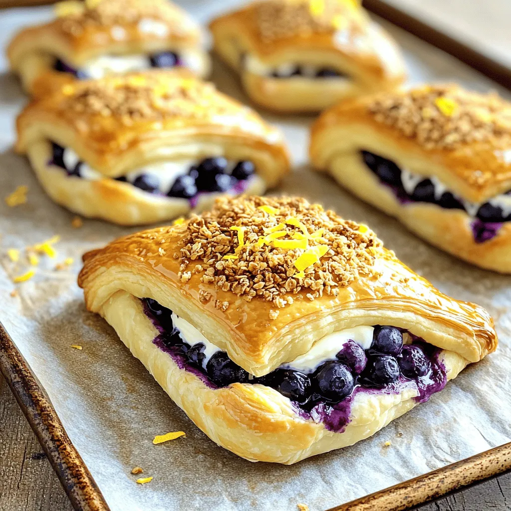 - 1 sheet of puff pastry, thawed - 1 cup fresh wild blueberries - 1/2 cup cream cheese, softened - 1/4 cup powdered sugar - 1 teaspoon vanilla extract - 1/4 teaspoon almond extract - 1 tablespoon lemon juice - 1 egg, beaten (for egg wash) - 1/3 cup granola (for topping) - Zest of 1 lemon (for garnish) To make Wild Blueberry Coffee Cake Danishes, you need simple yet fresh ingredients. Puff pastry serves as the base. It gives the danishes that flaky texture we all love. Fresh wild blueberries add a burst of flavor. They are sweet and slightly tart, perfect for this recipe. The cream cheese mixture brings creaminess. It balances the sweetness and adds richness. You blend cream cheese with powdered sugar, vanilla, almond extract, and lemon juice. This mixture is smooth and dreamy. Toppings and garnishes make the danishes shine. The beaten egg wash gives a golden color. Granola adds crunch on top. Lastly, lemon zest brightens the flavor and makes the dish look beautiful. Gather these ingredients before you start cooking. Each one plays a key role in making your danishes delightful. For the full recipe, check out the provided link. To start, take the puff pastry out of the freezer. Let it thaw in the fridge for a few hours. Once it's soft, place it on a floured surface. Roll it out gently to remove any creases. Aim for a smooth, even sheet. Next, cut the pastry into squares, about 4 inches each. This size will hold the filling well. In a mixing bowl, add the softened cream cheese. Then, pour in the powdered sugar, vanilla extract, almond extract, and lemon juice. Use a hand mixer or spatula to blend these ingredients until smooth. You want a creamy texture. Once mixed, take a tablespoon of this filling and dollop it in the center of each pastry square. Make sure to leave some space at the edges. Now it’s time to add the blueberries. Scatter a few wild blueberries on top of the cream cheese filling. Again, leave space around the edges. Carefully fold the corners of each pastry square toward the center. Pinch the edges firmly to seal in the filling. This step keeps the delicious filling from spilling out while baking. Before baking, use a pastry brush to apply the beaten egg wash on top of the danishes. This gives them a lovely golden color. Then, sprinkle granola over the blueberries for texture. Place the danishes on a baking sheet lined with parchment paper. Bake in a preheated oven at 400°F for 15 to 20 minutes. Check for doneness; they should be golden brown when done. After baking, let them cool slightly. Enjoy these treats warm, and don't forget to check out the [Full Recipe] for more details! - Achieving a perfect golden brown crust: To get that lovely golden color, make sure your oven is hot. Preheating it to 400°F (200°C) is key. Use an egg wash on the pastry. This helps with browning. Apply it right before baking for the best result. - Preventing pastry from becoming soggy: To keep your pastry crisp, avoid overfilling. Place only a small amount of cream cheese and blueberries. Also, ensure you seal the edges well. This prevents moisture from leaking out during baking. - Ideal beverage pairings: These danishes pair beautifully with coffee or tea. The fruity flavors complement the rich cream cheese. You might also enjoy them with a glass of fresh juice for a bright start. - Plating and presentation ideas: Serve the warm danishes on a colorful plate. A sprinkle of powdered sugar adds a sweet touch. Consider garnishing with extra lemon zest for a pop of color. These small details make your treat stand out. Enjoying them warm enhances the flavor and texture, making them even more delightful. {{image_4}} You can easily swap wild blueberries for other fruits. Try raspberries, strawberries, or peaches. Each fruit will bring a new taste. For a twist, mix fruits together. Adding spices or flavored extracts can enhance the filling. A dash of cinnamon or nutmeg warms the flavor. A few drops of orange or almond extract can also give it a fresh kick. For a lighter version, use low-fat cream cheese. This change still keeps the creaminess but cuts calories. You can also try Greek yogurt for a tangy flavor. Incorporating whole grain puff pastry adds nutrition. It boosts fiber while keeping the pastry tender. This small change makes your danishes a bit healthier without losing flavor. Find the Full Recipe for more details and ideas. To store leftover danishes, place them in an airtight container. This keeps them fresh. You can also wrap them in plastic wrap. The shelf life in the fridge is about three days. After that, they may start to lose flavor and texture. You can freeze danishes before or after baking. If you freeze them before, wrap each one in plastic wrap. Then place them in a freezer bag. If you bake them first, let them cool completely. Then, store them in an airtight container. For reheating frozen danishes, preheat your oven to 350°F (175°C). Place the danishes on a baking sheet. Bake for about 15 minutes. This warms them up and keeps the crust nice. Enjoy your delicious Wild Blueberry Coffee Cake Danishes! For the full recipe, check the earlier section. Yes, you can prepare these danishes in advance. Make the filling and cut the puff pastry squares. Store them separately in the fridge. When ready to bake, simply assemble the danishes and follow the baking steps. This helps save time on busy mornings. If you can’t find wild blueberries, fresh blueberries work well too. You can also use raspberries or chopped strawberries. These fruits will add a different flavor while still tasting great. Just be sure to adjust the sugar if the alternative fruit is sweeter. Absolutely! Store-bought cream cheese is perfect for this recipe. It saves time and effort. Just make sure it is softened for easy mixing. You can also try flavored cream cheese for a fun twist on the filling. For more detailed steps on making these danishes, check out the Full Recipe. You can create delicious Wild Blueberry Coffee Cake Danishes with ease. We covered the key ingredients, including puff pastry and a smooth cream cheese mixture. Step-by-step instructions helped you prepare, assemble, and bake the danishes to perfection. Remember the tips for golden crusts and presentation. Don’t forget to explore filling variations and storage tips. These treats can become a staple in your kitchen. Enjoy every bite, and feel free to share this recipe with friends and family!