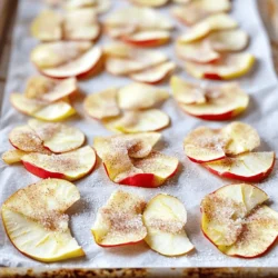 - 3 medium apples (preferably Honeycrisp or Fuji) - 1 tablespoon lemon juice - 2 teaspoons ground cinnamon - 2 tablespoons granulated sugar - Optional: a pinch of sea salt When making cinnamon sugar apple chips, the right apples matter. I recommend using Honeycrisp or Fuji apples. These apples have a sweet taste and crisp texture. Look for apples that feel firm and have smooth skin. Avoid apples with bruises or soft spots. Fresh apples will make your chips taste great. If you want to switch things up, consider using alternatives to granulated sugar. You can try coconut sugar or honey for a different sweet taste. For spices, you can add nutmeg or ginger if you want to mix flavors. These changes keep the recipe fun and interesting. Check out the Full Recipe for more details! First, preheat your oven to 225°F (107°C). This low heat helps the chips dry out slowly. Next, prepare your baking sheet. Line it with parchment paper to stop the apple slices from sticking. This makes cleanup easy and keeps your chips intact. Start by washing your apples under cool water. After that, core them to remove the seeds and stem. For the best chips, slice the apples very thin. I suggest using a mandoline or a sharp knife. Aim for slices about 1/8 inch thick. Remember, thinner slices turn out crispier! Now, it’s time to arrange the apple slices. Lay them out in a single layer on the baking sheet. Make sure they do not overlap. This step is key for even cooking. Next, sprinkle the cinnamon sugar mixture all over the slices. Make sure every slice gets a nice coating! If you want to try something new, add a pinch of sea salt on top. Place the baking sheet in the oven and bake for 1.5 to 2 hours. Flip the apple slices halfway through. This helps them crisp up evenly. Keep an eye on them as they bake. The oven can vary, and thinner slices may cook faster. When the apple chips look golden brown and feel crunchy, take them out of the oven. Let them cool on the baking sheet for about 10 minutes. They’ll get even crunchier as they cool. For storage, put the cooled apple chips in an airtight container. They stay fresh at room temperature for up to a week. For the full recipe, check the section above! To get the best crunch from your apple chips, slice them evenly. Thin slices work best. I recommend using a mandoline for this task. Flipping the chips halfway through baking helps them cook evenly. This step ensures that both sides get crispy and golden. A big mistake is overlapping the apple slices on the baking sheet. When slices overlap, they steam instead of bake. This leads to soggy chips. Also, keep an eye on the baking time. Overbaking can burn them, while underbaking leaves them chewy. Trust me, aim for that perfect crunch! Don’t be afraid to play with flavors. You can add nutmeg or ginger for a spicy kick. Using flavored sugars can also add a fun twist to your chips. Try brown sugar for a deeper flavor or even vanilla sugar. The options are endless, so get creative! For the full recipe, feel free to explore new combinations and enjoy your tasty snacks. {{image_4}} You can add some spice to your apple chips! Try mixing in nutmeg or ginger with the cinnamon. Both spices give a warm taste that really shines. You can also use different sweeteners. Brown sugar adds a rich flavor, while honey or maple syrup can sweeten them naturally. Experimenting with flavors keeps the snack fun and fresh! Get creative when serving your cinnamon sugar apple chips. You can stack them in a jar for a lovely display. They taste great with dips too! Try pairing them with caramel sauce for sweetness or yogurt for a creamy contrast. You can also sprinkle them over ice cream for a crunchy topping. Apple chips are not just a snack! You can add them to salads for a sweet crunch. They work well with greens and nuts. Think about using them in trail mix too! Mix them with nuts, seeds, or even chocolate for a tasty treat on the go. There are so many ways to enjoy these crunchy delights! To keep your cinnamon sugar apple chips fresh, use airtight containers. Glass jars work great. You can also use plastic containers with tight lids. Always let the chips cool completely before storing. This step helps prevent moisture build-up, which can make them soggy. At room temperature, your apple chips can last up to a week. After that, they may lose their crunch. If you notice them feeling soft or chewy, it’s time to toss them out. Look for any signs of mold or odd smells. These are clear signs they are no longer good to eat. If your apple chips lose their crunch, you can easily fix that. Just spread them on a baking sheet. Preheat your oven to 200°F (93°C) and bake them for about 10 minutes. Keep an eye on them to avoid burning. This method can bring back their crispy texture. Always store them properly to keep them crunchy for longer. Homemade cinnamon sugar apple chips can last about one week. Store them in an airtight container at room temperature. Make sure they are completely cool before sealing. This helps keep them crunchy and fresh. Yes, you can make cinnamon sugar apple chips in an air fryer! Slice the apples thin, just like in the oven method. Set the air fryer to 300°F (150°C) and cook for 15-20 minutes. Check and shake the basket every 5 minutes. This ensures even cooking. You can find pre-made cinnamon sugar apple chips at many grocery stores. Look in the snack aisle or health food section. Brands like Bare or Apple Chips offer tasty options. Check local farmers’ markets for homemade versions too. Cinnamon sugar apple chips can be a healthy snack. They contain fiber from apples, which is good for digestion. The cinnamon adds flavor without extra calories. However, watch the sugar content if you’re monitoring your intake. Enjoy them in moderation! Making cinnamon sugar apple chips is simple and fun. We explored the best apples to use, tips for perfect slices, and how to achieve that crisp texture. You learned about substitutions to customize your flavors, as well as creative ways to serve and store your chips. In conclusion, these homemade snacks are a healthy treat you can enjoy anytime. Dive in and let your creativity shine with spices and flavors. Enjoy your tasty apple chips!