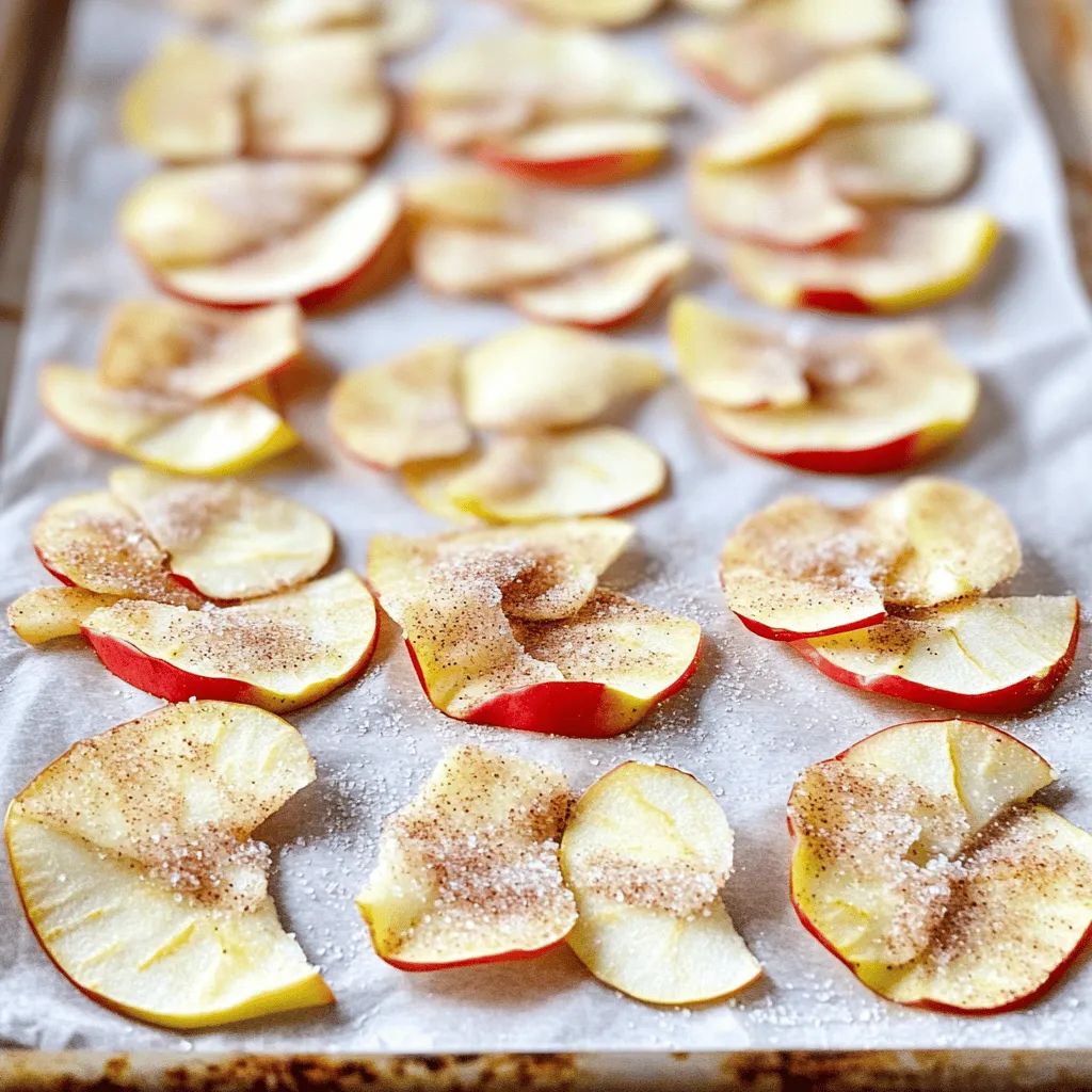 - 3 medium apples (preferably Honeycrisp or Fuji) - 1 tablespoon lemon juice - 2 teaspoons ground cinnamon - 2 tablespoons granulated sugar - Optional: a pinch of sea salt When making cinnamon sugar apple chips, the right apples matter. I recommend using Honeycrisp or Fuji apples. These apples have a sweet taste and crisp texture. Look for apples that feel firm and have smooth skin. Avoid apples with bruises or soft spots. Fresh apples will make your chips taste great. If you want to switch things up, consider using alternatives to granulated sugar. You can try coconut sugar or honey for a different sweet taste. For spices, you can add nutmeg or ginger if you want to mix flavors. These changes keep the recipe fun and interesting. Check out the Full Recipe for more details! First, preheat your oven to 225°F (107°C). This low heat helps the chips dry out slowly. Next, prepare your baking sheet. Line it with parchment paper to stop the apple slices from sticking. This makes cleanup easy and keeps your chips intact. Start by washing your apples under cool water. After that, core them to remove the seeds and stem. For the best chips, slice the apples very thin. I suggest using a mandoline or a sharp knife. Aim for slices about 1/8 inch thick. Remember, thinner slices turn out crispier! Now, it’s time to arrange the apple slices. Lay them out in a single layer on the baking sheet. Make sure they do not overlap. This step is key for even cooking. Next, sprinkle the cinnamon sugar mixture all over the slices. Make sure every slice gets a nice coating! If you want to try something new, add a pinch of sea salt on top. Place the baking sheet in the oven and bake for 1.5 to 2 hours. Flip the apple slices halfway through. This helps them crisp up evenly. Keep an eye on them as they bake. The oven can vary, and thinner slices may cook faster. When the apple chips look golden brown and feel crunchy, take them out of the oven. Let them cool on the baking sheet for about 10 minutes. They’ll get even crunchier as they cool. For storage, put the cooled apple chips in an airtight container. They stay fresh at room temperature for up to a week. For the full recipe, check the section above! To get the best crunch from your apple chips, slice them evenly. Thin slices work best. I recommend using a mandoline for this task. Flipping the chips halfway through baking helps them cook evenly. This step ensures that both sides get crispy and golden. A big mistake is overlapping the apple slices on the baking sheet. When slices overlap, they steam instead of bake. This leads to soggy chips. Also, keep an eye on the baking time. Overbaking can burn them, while underbaking leaves them chewy. Trust me, aim for that perfect crunch! Don’t be afraid to play with flavors. You can add nutmeg or ginger for a spicy kick. Using flavored sugars can also add a fun twist to your chips. Try brown sugar for a deeper flavor or even vanilla sugar. The options are endless, so get creative! For the full recipe, feel free to explore new combinations and enjoy your tasty snacks. {{image_4}} You can add some spice to your apple chips! Try mixing in nutmeg or ginger with the cinnamon. Both spices give a warm taste that really shines. You can also use different sweeteners. Brown sugar adds a rich flavor, while honey or maple syrup can sweeten them naturally. Experimenting with flavors keeps the snack fun and fresh! Get creative when serving your cinnamon sugar apple chips. You can stack them in a jar for a lovely display. They taste great with dips too! Try pairing them with caramel sauce for sweetness or yogurt for a creamy contrast. You can also sprinkle them over ice cream for a crunchy topping. Apple chips are not just a snack! You can add them to salads for a sweet crunch. They work well with greens and nuts. Think about using them in trail mix too! Mix them with nuts, seeds, or even chocolate for a tasty treat on the go. There are so many ways to enjoy these crunchy delights! To keep your cinnamon sugar apple chips fresh, use airtight containers. Glass jars work great. You can also use plastic containers with tight lids. Always let the chips cool completely before storing. This step helps prevent moisture build-up, which can make them soggy. At room temperature, your apple chips can last up to a week. After that, they may lose their crunch. If you notice them feeling soft or chewy, it’s time to toss them out. Look for any signs of mold or odd smells. These are clear signs they are no longer good to eat. If your apple chips lose their crunch, you can easily fix that. Just spread them on a baking sheet. Preheat your oven to 200°F (93°C) and bake them for about 10 minutes. Keep an eye on them to avoid burning. This method can bring back their crispy texture. Always store them properly to keep them crunchy for longer. Homemade cinnamon sugar apple chips can last about one week. Store them in an airtight container at room temperature. Make sure they are completely cool before sealing. This helps keep them crunchy and fresh. Yes, you can make cinnamon sugar apple chips in an air fryer! Slice the apples thin, just like in the oven method. Set the air fryer to 300°F (150°C) and cook for 15-20 minutes. Check and shake the basket every 5 minutes. This ensures even cooking. You can find pre-made cinnamon sugar apple chips at many grocery stores. Look in the snack aisle or health food section. Brands like Bare or Apple Chips offer tasty options. Check local farmers’ markets for homemade versions too. Cinnamon sugar apple chips can be a healthy snack. They contain fiber from apples, which is good for digestion. The cinnamon adds flavor without extra calories. However, watch the sugar content if you’re monitoring your intake. Enjoy them in moderation! Making cinnamon sugar apple chips is simple and fun. We explored the best apples to use, tips for perfect slices, and how to achieve that crisp texture. You learned about substitutions to customize your flavors, as well as creative ways to serve and store your chips. In conclusion, these homemade snacks are a healthy treat you can enjoy anytime. Dive in and let your creativity shine with spices and flavors. Enjoy your tasty apple chips!