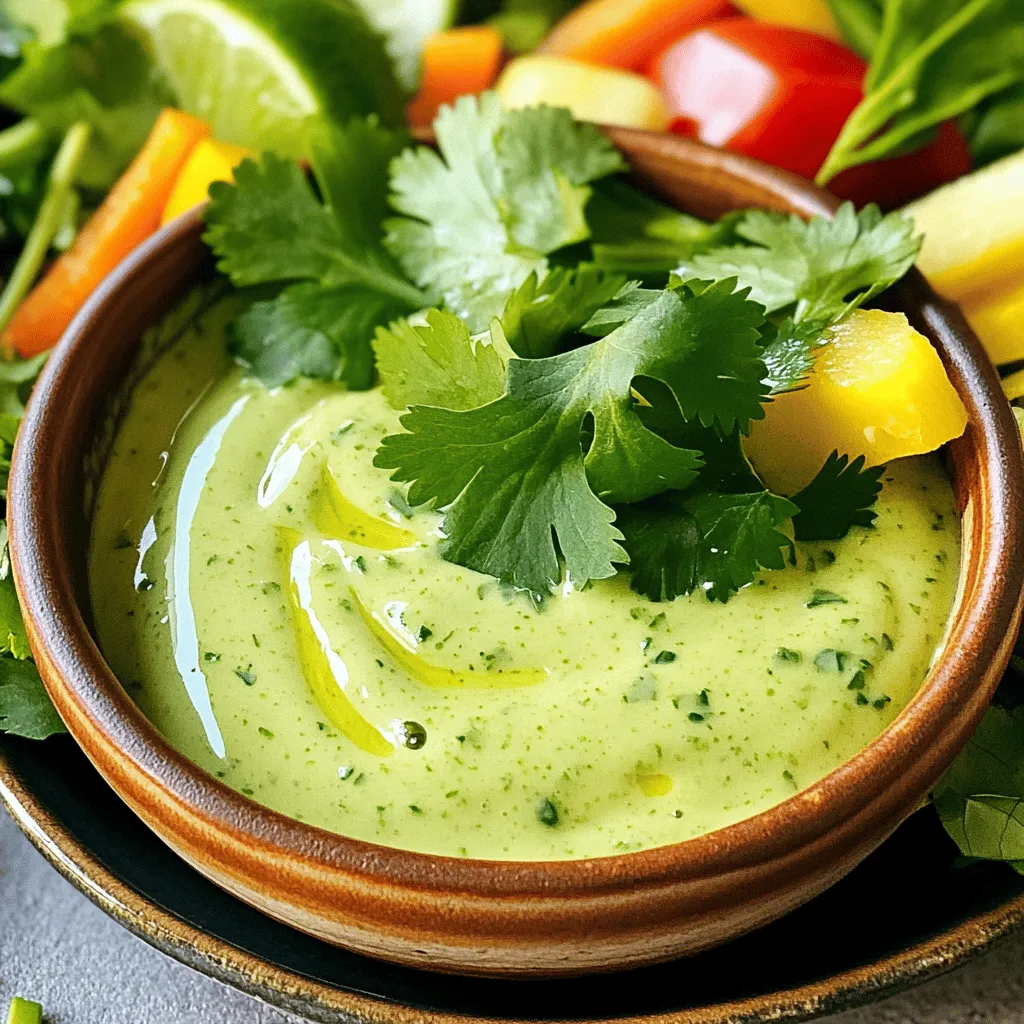 - 1 cup of creamy Greek yogurt - 1/4 cup of fresh cilantro leaves - 2 tablespoons of freshly squeezed lime juice - 1 tablespoon of honey (or agave syrup) - 1 clove of garlic - 1/2 teaspoon of ground cumin - 1/4 teaspoon of salt - 1-2 tablespoons of water Gathering the right ingredients makes all the difference in this creamy cilantro lime dressing. You will need creamy Greek yogurt, which gives it that rich texture. Fresh cilantro leaves add a bright flavor. Lime juice brings a zesty kick. Honey or agave syrup adds sweetness. Garlic adds depth. Ground cumin gives warmth, and salt balances everything out. Finally, water helps you control the thickness. - Greek yogurt alternatives: You can use regular yogurt or sour cream if you prefer. - Vegan ingredient options: Try coconut yogurt or cashew cream for a vegan twist. - Flavor enhancers: Consider adding a splash of vinegar for acidity or a pinch of paprika for heat. These substitutions ensure you can enjoy this dressing no matter your dietary needs. Each option still keeps the dressing creamy and tasty. Don't hesitate to mix and match. Feel free to get creative based on what you have at home. You can find more ideas in the Full Recipe. To make your creamy cilantro lime dressing, start by gathering your ingredients. You’ll need Greek yogurt, fresh cilantro, lime juice, honey, garlic, cumin, and salt. 1. Blending Method: Place all the ingredients in a high-speed blender. This helps mix everything well and creates a smooth texture. 2. Scraping Down the Sides: As you blend, stop to scrape down the sides of the blender. This ensures all the herbs and spices mix evenly. 3. Achieving the Desired Consistency: If the dressing is too thick, add water. Blend well after each tablespoon until you reach the thickness you like. After blending, it’s time to taste your dressing. - Tasting for Saltiness: Check if it needs more salt. A little extra can make a big difference. - Adjusting Lime Juice for Tanginess: If you want more zing, add a splash of lime juice. This brightens the flavor. - Adding Herbs for Extra Flavor: Feel free to mix in more herbs like parsley or dill. This can enhance the freshness even more. This creamy cilantro lime dressing is perfect for salads or as a dip. Make sure to check out the Full Recipe for all the steps! To keep your creamy cilantro lime dressing fresh, store it in an airtight container. A glass jar works great. Make sure the lid is tight to prevent any air from getting in. This dressing stays best in the fridge. The shelf life of this dressing is about one week. You will notice the flavors improve as it sits. The lime and cilantro meld well together. Just give it a good shake before using it again. You can use this dressing in many ways. Drizzle it over a fresh salad for a burst of flavor. It pairs well with greens like spinach or romaine. You can also use it as a dip for crunchy veggies like carrots and bell peppers. This dressing is fantastic with grilled meats too. Try it with chicken or shrimp. The bright flavors of lime and cilantro will enhance the dish. It's also perfect with fish tacos or grilled vegetables. For more delicious ideas, check out the Full Recipe for extra tips! {{image_4}} You can easily change this dressing to fit your taste. Adding jalapeños gives it a nice kick. Start with a small amount, then add more if you want extra heat. The spice level can really change the flavor profile. You can also swap out cilantro for other herbs. Try using fresh parsley or dill instead. Each herb brings its own unique flavor. This way, you keep the dressing fresh and exciting. If you want a nut-based version, use cashew cream. Simply blend soaked cashews with water until smooth. This will make the dressing rich and creamy while keeping it dairy-free. Another great option is avocado. It adds a lovely creaminess without any dairy. Just blend a ripe avocado into the dressing for a smooth texture. This addition is perfect for a healthy twist. For the full recipe, check out the details above. Enjoy experimenting with these variations! To keep your creamy cilantro lime dressing fresh, store it in an airtight container. I prefer using a glass jar. This way, it stays safe and tasty. The best temperature is around 36°F (2°C). This cool spot helps the flavors blend and stay bright. Your dressing will last up to one week in the refrigerator. After this time, it may lose some flavor or texture. Always check for any off smells or changes in color before using it. You can freeze this dressing if you want to save it for later. Pour it into an ice cube tray for easy use. This method allows you to thaw just what you need. Cover the tray with plastic wrap to avoid freezer burn. To thaw, place the dressing in the fridge overnight. For quick defrosting, you can set it in warm water for about 15 minutes. Just remember to stir well after thawing. This helps restore its creamy texture. Creamy cilantro lime dressing can last up to one week in the fridge. Store it in an airtight container. Always check for any signs of spoilage, like an off smell or changes in texture. Yes, you can prepare this dressing in advance. Making it a day ahead allows the flavors to blend well. Just remember to store it in the fridge until you need it. If you don’t have Greek yogurt, try using regular yogurt or sour cream. You can also use cashew cream for a dairy-free version. Each option will give a different taste and creaminess. Yes, this recipe can be made vegan! Simply replace Greek yogurt with a plant-based yogurt and use agave syrup instead of honey. This keeps the dressing creamy and delicious. Cilantro lime dressing works great on salads, tacos, or grilled chicken. You can also use it as a dip for fresh veggies or drizzle it over roasted vegetables. Its bright flavor enhances many dishes. For the full recipe, check out the Zesty Creamy Cilantro Lime Dressing. This blog post shared a simple recipe for creamy cilantro lime dressing. You learned about the main ingredients and their best substitutes. I explained preparation steps and tips for flavor adjustments. You also received smart storage tips and exciting variations. In the end, this dressing enhances many dishes. Try it on salads, dips, or grilled meats. Enjoy the fresh taste by personalizing it with your favorite herbs and spices. Experiment and share your tasty results!