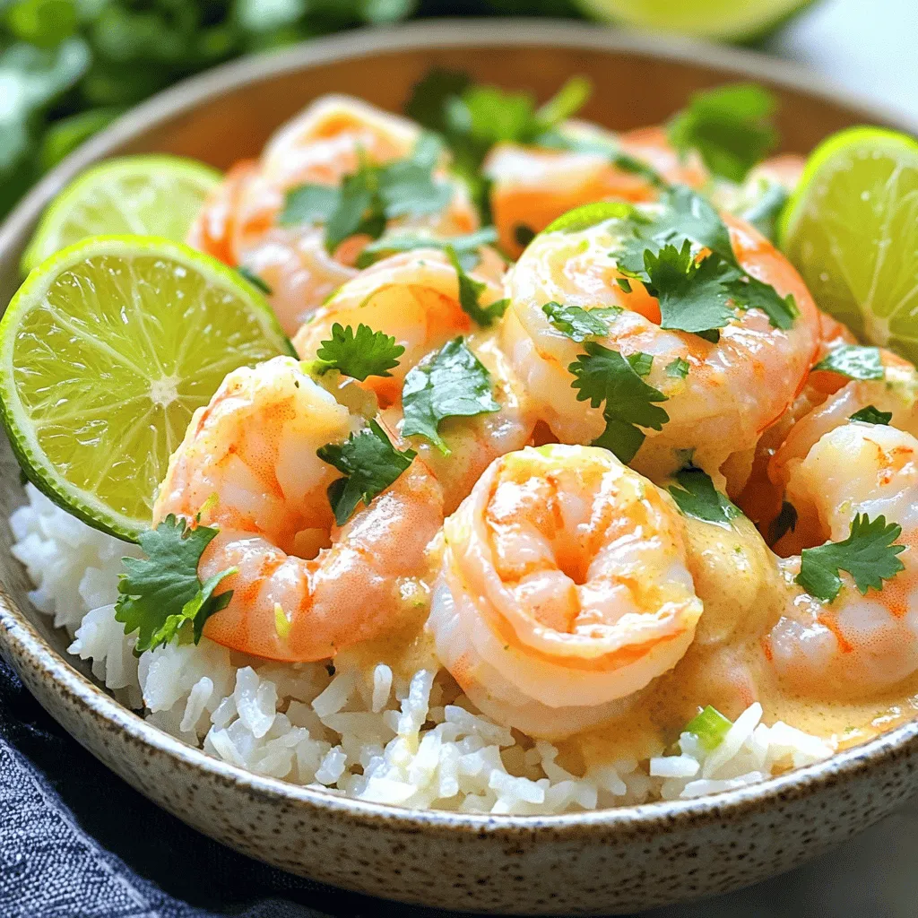 - 1 pound large shrimp, peeled and deveined - 1 can (13.5 oz) coconut milk - 1 lime, zested and juiced - 2 tablespoons fish sauce - 2 tablespoons honey - 2 cloves garlic, finely minced - 1 teaspoon fresh ginger, finely grated - 1 small red chili, seeds removed and finely chopped (optional) - Fresh cilantro for garnish - Cooked jasmine rice for serving - Salt and pepper to taste For this coconut lime shrimp dish, you need fresh ingredients to get the best taste. The shrimp must be large and fresh. This makes them tender and juicy. The coconut milk adds creaminess and a rich flavor. Lime gives a zesty kick that brightens the dish. The fish sauce brings in a salty depth, while honey adds a touch of sweetness. Garlic and ginger give a warm, fragrant layer. If you like heat, consider adding red chili. It gives a nice balance to the flavors. When serving, fresh cilantro adds a pop of color and flavor. Jasmine rice is perfect to soak up the tasty sauce. Remember to season with salt and pepper according to your taste. This dish is not just simple; it is a delightful meal that impresses every time. For the full recipe, check out the details above. First, grab a medium mixing bowl. Whisk together the creamy coconut milk, fresh lime juice, and lime zest. This mix creates a rich and zesty base. Next, add fish sauce, honey, minced garlic, grated ginger, and chopped red chili. Stir well until everything blends nicely. You want a vibrant and aromatic marinade that will soak into our shrimp. Now, take your large shrimp and coat them with the marinade. Make sure each shrimp gets a good layer of that tasty mix. Let the shrimp sit for at least 15 minutes at room temperature. If you have more time, refrigerate them for up to 1 hour. This step deepens the flavor and makes each bite more delicious. Heat a skillet over medium heat. Once hot, add the marinated shrimp along with all the tasty marinade. Cook for about 3-5 minutes. You will see the shrimp turn pink and opaque. Be careful not to overcook them; they can become tough if left too long. Season with salt and pepper to your taste. Once done, sprinkle freshly chopped cilantro on top for a burst of color and flavor. For the full recipe, check out the details above. Enjoy each bite of this delightful dish! To make coconut lime shrimp, avoid overcooking. Cook shrimp just until they turn pink. This keeps them tender and juicy. Use a thermometer to check for doneness. Shrimp should hit 120°F. This method ensures perfect shrimp every time. Want more zing? Add extra lime juice. It brightens the dish and boosts flavor. You can also try a splash of coconut rum. This adds depth and a tropical twist. Experiment with flavors to find what you love most. Presentation matters. Serve coconut lime shrimp in shallow bowls. This makes it look elegant and inviting. Add lime wedges and extra cilantro on top. This not only adds color but also lets guests customize their meal. For the full recipe, check out the complete guide. {{image_4}} You can turn the coconut lime shrimp into tasty tacos. This gives a fun twist to the dish. Start by warming soft tortillas. Next, fill each tortilla with shrimp. Add a slice of avocado or a sprinkle of cabbage for crunch. Fresh cilantro adds a nice touch, too. You can also drizzle some lime juice on top. Suggested toppings for tacos: - Sliced avocado - Shredded cabbage - Fresh cilantro - Lime wedges - Crumbled feta cheese If you like heat, make the shrimp spicy. You can add more chopped chili or a dash of hot sauce. This adds a kick to the dish. Pair your spicy shrimp with sides that match, like spicy rice or jalapeño corn salad. This creates a balance of flavors. Pairing with spicy sides: - Spicy jasmine rice - Jalapeño corn salad - Hot slaw You can adapt the coconut lime shrimp for a veggie option. Use firm tofu or jackfruit instead of shrimp. Marinate them just like the shrimp for great flavor. Cook them until they’re golden and warm. Suggested ingredients for a vegetarian twist: - Firm tofu, cubed - Jackfruit, shredded - Zucchini slices - Bell peppers, sliced For the full recipe, check the earlier section. You can enjoy these variations while keeping the delicious coconut lime flavor. To store leftovers, let the coconut lime shrimp cool down. Place them in an airtight container. This keeps the shrimp fresh. You can store them in the fridge for up to 2 days. Make sure to label the container with the date. Recommended storage containers include glass or plastic with tight lids. They help keep the shrimp juicy and prevent any strong odors. Avoid using metal containers, as they can alter the flavor of the dish. Freezing the coconut lime shrimp is an option if you need to save them longer. First, cool the shrimp completely. Then, place them in a freezer-safe bag. Remove as much air as possible before sealing. This helps prevent freezer burn. You can freeze them for up to 3 months. When you are ready to use them, thaw the shrimp in the fridge overnight. This method keeps the flavor intact and ensures even thawing. For reheating, the best appliances are a skillet or microwave. If using a skillet, heat it on low. Add a splash of coconut milk to keep the shrimp moist. Stir gently until heated through. In the microwave, use a microwave-safe dish. Cover it loosely to allow steam to escape. Heat in short bursts of 30 seconds, stirring in between. This avoids overcooking. To avoid overcooking during reheating, always check the shrimp frequently. Cook until they are just heated through. Overcooked shrimp can become tough and chewy, losing their delightful texture. Yes, you can use frozen shrimp. Just remember to thaw them first. The best way is to place the shrimp in the fridge overnight. If you need them faster, put them in a bowl of cold water for about 20-30 minutes. Avoid using hot water, as it can cook the shrimp unevenly. If you don't have coconut milk, you have options. You can use heavy cream mixed with a bit of water. Another option is almond milk with a touch of coconut extract. Both will give you a creamy texture, but they will change the flavor a bit. Cooked shrimp will turn pink and opaque. You can also look for a slight curl in their shape. The internal temperature should reach 120°F. If you overcook them, they will become tough and rubbery, so keep an eye on them while cooking. Yes, you can prep this dish in advance. Marinate the shrimp and store them in the fridge for up to one hour. If you want to prepare it for later, cook the shrimp and store them in an airtight container in the fridge. Reheat gently to keep them tender. For more details, check out the Full Recipe. This blog post covered how to make a delicious coconut lime shrimp dish. We discussed key ingredients, like shrimp, coconut milk, and lime. I shared step-by-step instructions and offered tips for perfect cooking. You can easily adapt this recipe for tacos or vegetarian options. Don't forget the storage tips for your leftovers. Enjoy trying this recipe, and make it your own! Cooking can be fun and rewarding with the right guidance.