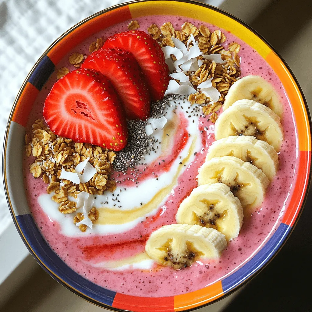 - 1 cup frozen strawberries - 1 ripe banana, sliced - 1/2 cup Greek yogurt (or a dairy-free alternative) - 1/2 cup almond milk (or any milk of your choice) - 1 tablespoon honey or maple syrup - 1 tablespoon chia seeds - 1/4 teaspoon vanilla extract - Additional banana slices - Fresh strawberries - Granola - Coconut flakes To create a tasty Strawberry Banana Smoothie Bowl, gather your ingredients. You need frozen strawberries for that cold, refreshing taste. A ripe banana adds sweetness and creaminess. Greek yogurt gives it a rich texture. Almond milk adds a smooth base. If you want more sweetness, honey or maple syrup works well. Chia seeds can boost nutrition and add crunch. A hint of vanilla enhances the flavor. Now, let's talk about toppings! Sliced bananas and fresh strawberries make it look inviting. Granola adds a nice crunch. Coconut flakes give a tropical touch. You can mix and match these toppings to suit your taste. For the full recipe, check out the Strawberry Banana Bliss Smoothie Bowl. Enjoy making this bright and fun dish! To start, gather your ingredients. You will need: - 1 cup frozen strawberries - 1 ripe banana, sliced - 1/2 cup Greek yogurt (or a dairy-free option) - 1/2 cup almond milk - 1 tablespoon honey or maple syrup (optional) - 1 tablespoon chia seeds - 1/4 teaspoon vanilla extract Now, combine all these ingredients in your blender. Blend on high speed until smooth. If you need to, stop the blender to scrape down the sides. This step ensures all ingredients mix well. A creamy smoothie bowl is the goal. If your mix is too thick, add a splash of almond milk. Blend again until you reach the texture you like. Aim for a thick yet pourable consistency. It should feel light and fluffy, not watery or overly thick. Once your smoothie is ready, pour it into a bowl. This step is fun! Now it’s time to decorate. Arrange your toppings like extra banana slices, fresh strawberries, and crunchy granola. A sprinkle of coconut flakes adds a nice touch. Use your creativity to make it look beautiful. Enjoy every colorful layer! To make the best strawberry banana smoothie bowl, start with ripe fruit. Ripe strawberries are sweeter and more flavorful. A ripe banana adds creaminess and natural sweetness. Look for bananas with a few brown spots. They are perfect for smoothies. For yogurt, Greek yogurt is a great choice. It gives your smoothie bowl a thick and creamy texture. If you prefer a dairy-free option, try coconut yogurt. It adds a nice hint of flavor and creaminess too. The bowl you choose can make a big difference. Use a colorful bowl to make your dish pop. A wide bowl allows for a bigger canvas for your toppings. When arranging toppings, have fun! Place banana slices in a fan shape. Scatter fresh strawberries around the edges. Add granola in the center for crunch. This way, you create a beautiful and inviting smoothie bowl. Make sure to blend your ingredients well. A smooth mixture gives the best texture. If you stop blending too soon, you may get lumps. Scrape down the sides of the blender to mix evenly. Also, avoid overloading your bowl with toppings. Too many toppings can make it hard to enjoy the base. Stick to a few key toppings for the best balance. Now that you know these tips, you’re ready to make the perfect strawberry banana smoothie bowl. For the full recipe, check out the delicious details above! {{image_4}} You can easily change the flavor of your smoothie bowl. Adding other fruits makes it fun. Try mango for a tropical twist. Spinach adds a green boost without changing the taste much. You can also use flavored yogurts like vanilla or berry. This adds extra taste and creaminess to your bowl. If you want a low-calorie version, skip the honey or maple syrup. You can use unsweetened yogurt and milk. For a protein boost, add a scoop of protein powder. You can also mix in nut butter for healthy fats and more protein. This keeps you full longer! Using seasonal fruits can make your smoothie bowl even better. In summer, add fresh peaches or cherries. In fall, you might swap in pumpkin for a warm, cozy flavor. Adjusting for different tastes keeps things exciting. Feel free to experiment with what you love! You can make the smoothie base in advance. Blend the strawberries, banana, yogurt, almond milk, and other ingredients. Store the smoothie in an airtight container. It stays fresh in the fridge for up to two days. This helps you save time on busy mornings. For best results, stir the mixture before serving. This ensures all flavors blend well again. If you have leftover smoothies, you can freeze them. Pour the smoothie into ice cube trays or freezer-safe bags. This way, you can enjoy them later. When you want to drink it, thaw in the fridge overnight. You can also use the microwave on low heat. This keeps it smooth and tasty. Fresh fruits like strawberries and bananas last about three to five days in the fridge. Make sure to check for any signs of spoilage. Greek yogurt can last one to three weeks after opening. Keep it sealed tightly for the best freshness. Always watch the dates on your ingredients. This helps you use them at their best quality. To make this smoothie bowl vegan, swap out dairy ingredients. Use coconut yogurt instead of Greek yogurt. For milk, choose almond, oat, or soy milk. These options keep the bowl creamy and delicious while fitting a vegan diet. You can get creative with toppings! Try using: - Sliced kiwi for a tangy bite - Blueberries for a pop of color - Nuts like almonds or walnuts for crunch - Pumpkin seeds for added nutrition - Dark chocolate shavings for a sweet twist Mix and match these toppings for fun flavors and textures! Yes, you can use fresh strawberries. However, the texture will change. Frozen strawberries make the smoothie cold and thick. Fresh strawberries give a lighter texture. You might want to add ice to keep it chilled. The taste will be bright and fresh, perfect for summer! You’ve learned how to create a delicious strawberry banana smoothie bowl. Start with frozen strawberries and ripe banana for flavor. Add Greek yogurt or your favorite milk for creaminess. Don't forget to explore optional ingredients like honey and chia seeds for an extra boost. Finally, serve it artfully with toppings that make it look great. Experiment with variations to keep it fresh and exciting. Enjoy your healthy treat, and savor each blend!