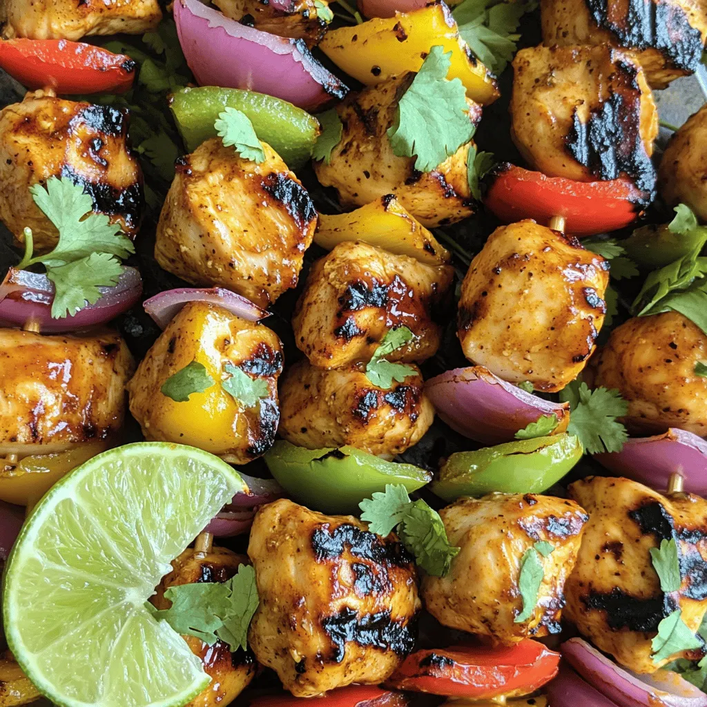 - Chicken and Marinade Essentials - 1 lb chicken breast, cut into 1-inch cubes - 2 tablespoons olive oil - 1 tablespoon fresh lime juice - 1 tablespoon soy sauce - 2 teaspoons packed brown sugar - Optional Vegetables for Skewering - 1 bell pepper, cut into 1-inch cubes (optional) - 1 red onion, cut into 1-inch cubes (optional) - Seasoning and Spice Mix - 1 teaspoon ground allspice - 1 teaspoon dried thyme - 1 teaspoon ground cinnamon - 1 teaspoon garlic powder - 1 teaspoon onion powder - 1/2 teaspoon cayenne pepper (adjust to taste) - Salt and freshly ground black pepper, to taste For this recipe, I recommend using fresh ingredients. Fresh lime juice adds brightness. The chicken should be cut into uniform pieces, so they cook evenly. If you want to add color, the bell pepper and onion work great. They not only look good but also taste great with the chicken. For seasoning, the mix of spices gives jerk chicken its unique flavor. The cayenne pepper can be adjusted based on your heat preference. This list of ingredients sets the stage for a flavorful meal. Check the full recipe for more details on preparing these savory Caribbean jerk chicken skewers. Start by gathering your ingredients. In a medium bowl, mix the olive oil, lime juice, soy sauce, and brown sugar. Whisk until the sugar dissolves. Add the allspice, thyme, cinnamon, garlic powder, onion powder, cayenne, salt, and pepper. Stir until you have a smooth marinade. This blend gives the chicken its bold flavor. Cut the chicken breast into 1-inch cubes. Place the cubes in the marinade. Make sure each piece gets well coated. Cover the bowl with plastic wrap or use a resealable bag. Refrigerate for at least one hour. For the best taste, marinate overnight. This allows the flavors to soak in deeply. Preheat your grill or grill pan to medium-high heat. While it heats, thread the marinated chicken onto soaked bamboo skewers. If you want, add bell pepper and red onion for extra color and taste. Once the grill is hot, place the skewers on it. Cook for 12-15 minutes, turning often to get even marks. Make sure the chicken reaches an internal temperature of 165°F. After grilling, let the skewers rest for a few minutes before serving. This helps keep the juices in! For the full recipe, check the detailed instructions above. To get the best flavor, marinate your chicken for at least one hour. I recommend marinating overnight for the richest taste. Use a bowl or a resealable bag to coat the chicken well. Make sure every piece gets covered in the marinade. This step is key to tender, juicy chicken. For those beautiful grill marks, heat your grill to medium-high. Place the skewers on the grill and don’t move them right away. Let them sear for about 4-5 minutes before flipping. This helps create those lovely charred lines. Flip the skewers only when they easily lift off the grill. Always cook chicken to an internal temperature of 165°F for safety. Use a meat thermometer for accuracy. If you don’t have one, cut into a piece to check for no pink inside. Keep an eye on cooking time. It usually takes about 12-15 minutes, but varies with grill type and heat. Enjoy the deliciousness of your Caribbean jerk chicken skewers! For the full recipe, check out the recipe section above. {{image_4}} You can switch things up by using different proteins. Shrimp works great with jerk flavors. It cooks fast and absorbs the marinade well. You can also try firm fish like salmon or swordfish. These choices add a nice twist to the classic dish. Just ensure they marinate for the right time to soak in all those spicy flavors. For a vegetarian option, try using hearty veggies. Zucchini, mushrooms, and eggplant are perfect. Cut them into bite-sized pieces and soak them in the same marinade. Tofu is another excellent choice. It’s a great protein source and takes on the marinade's flavors wonderfully. Just make sure to press it first to remove excess water. You can create many unique flavors by changing the marinade. For a citrus twist, add orange juice along with lime. Want something sweeter? Try adding pineapple juice or mango puree. If you like heat, mix in some extra cayenne or chili powder. Experimenting with your marinades can lead to exciting new tastes. Enjoy the adventure in your cooking! For the full recipe, check out the complete guide. To keep your leftover skewers fresh, place them in an airtight container. You can refrigerate them for up to three days. Make sure they cool down before storing. This helps keep the chicken juicy and tasty. Want to store them longer? You can freeze the skewers! Wrap them tightly in plastic wrap or foil. Place the wrapped skewers in a freezer-safe bag. They can last up to three months in the freezer. When you're ready to eat, just thaw them in the fridge overnight. To reheat, you can use the oven or a grill. For the oven, preheat to 350°F. Place the skewers on a baking sheet and heat for about 10-15 minutes. If using a grill, cook for about 5-7 minutes, turning often. This keeps them moist and adds flavor. Enjoy your delicious Caribbean jerk chicken skewers again! For the full recipe, check the section above. The best way to cut chicken for skewers is to use a sharp knife. Cut the chicken breast into 1-inch cubes. This size allows for even cooking. Make sure to remove any excess fat or sinew for the best taste. Uniform pieces help the chicken cook at the same rate. Yes, you can make Caribbean jerk chicken skewers ahead of time. Marinate the chicken for at least one hour. For more flavor, let it marinate overnight. After marinating, you can thread the chicken onto skewers and store them in the fridge. Just remember to grill them fresh for the best taste. Caribbean jerk chicken skewers pair well with many sides. Here are some great options: - Coconut rice - Grilled corn on the cob - Fresh mango salsa - Coleslaw with lime dressing - Mixed green salad These sides add freshness and balance to the spicy skewers. Enjoy your meal with a tropical vibe! You can find the Full Recipe for further details. In this post, we covered key points about making Caribbean jerk chicken skewers. We discussed essential ingredients, marinating steps, and grilling tips. I shared variations for different proteins and storage methods to keep your skewers fresh. Using these tips will help you create tasty and fun meals. Enjoy experimenting with flavors and sharing these skewers with friends and family. Happy cooking!