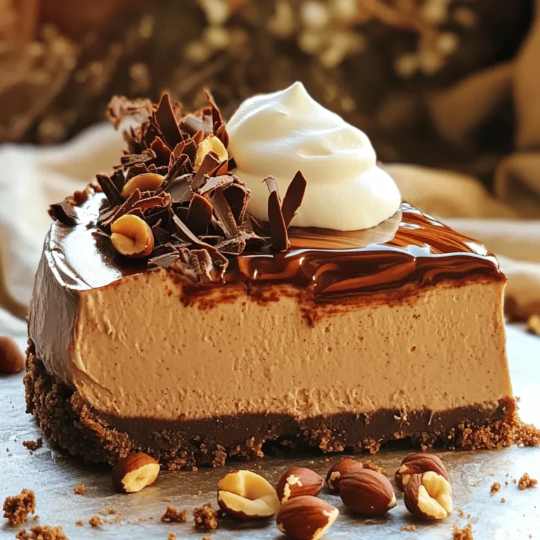 - 1 ¾ cups graham cracker crumbs - ½ cup unsweetened cocoa powder - ½ cup unsalted butter, melted - 1 cup Nutella - 16 oz cream cheese, softened at room temperature - ½ cup powdered sugar - 1 teaspoon pure vanilla extract - 1 cup heavy whipping cream The main ingredients create a rich and creamy cheesecake. The graham cracker crumbs form a crunchy base. Nutella adds that delicious chocolate-hazelnut flavor. Cream cheese provides smoothness and richness. - Chocolate shavings - Hazelnuts for garnish Optional ingredients can enhance your cheesecake. Adding chocolate shavings gives it a fancy touch. Chopped hazelnuts add crunch and flavor. You can skip these if you want a simpler look. For small servings, you can cut the recipe in half. Use ½ cup graham cracker crumbs and ¼ cup Nutella. For larger servings, double the amounts. This way, you can serve more friends and family. Adjust the portions depending on your gathering size. Experiment with the ratios to find what works best for you. For the Full Recipe, check the instructions above. Enjoy making your cheesecake! To start, you need to make the crust. In a medium bowl, combine graham cracker crumbs and cocoa powder. This mix gives your crust a rich chocolate flavor. Next, pour in melted unsalted butter. Mix well until the texture feels like wet sand. Now, it’s time to form the crust. Press this mixture firmly into the bottom of a 9-inch springform pan. Use the back of a measuring cup or your fingers to compact it tightly. Make sure it’s even so it holds together well. Place the pan in the refrigerator to chill while you prepare the filling. Next, let’s make the filling. In a large bowl, beat the softened cream cheese. Use an electric mixer on medium speed until it is smooth and creamy. Add in Nutella, powdered sugar, and pure vanilla extract. Keep mixing until everything is well blended and creamy. Now, we need to whip the cream. In a separate bowl, whip the heavy whipping cream until it forms soft peaks. This step is key for a fluffy cheesecake. Carefully fold the whipped cream into the Nutella mixture. Be gentle to keep the filling light and airy. It’s time to assemble the cheesecake. Pour the Nutella filling over the chilled crust in the springform pan. Use a spatula to smooth the top into an even layer. Now, cover the springform pan tightly with plastic wrap. Refrigerate the cheesecake for at least 4 hours. For the best flavor and texture, chill it overnight. After it sets, the cheesecake will be ready to serve. To get the best flavor and texture, start by ensuring your cream cheese is at room temperature. Cold cream cheese can create lumps in your filling. It’s best to leave it out for about an hour before you make the cheesecake. This small step makes a huge difference in how smooth your cheesecake turns out. When making the filling, gently fold in the whipped cream. This keeps the mixture light and airy. If you stir too hard, you risk losing that fluffy texture. Use a spatula to carefully combine the whipped cream with the Nutella mixture. For the best experience, serve your cheesecake with fresh fruit. Berries like strawberries or raspberries add a nice contrast to the rich filling. You can also pair it with a scoop of vanilla ice cream for an extra treat. For presentation, try serving slices on colorful plates. Top each slice with a dollop of whipped cream and a drizzle of Nutella. Chocolate shavings or chopped hazelnuts also add a nice touch. These details make each serving feel special. One common mistake is overmixing the filling. This can make your cheesecake dense instead of creamy. Mix just until the ingredients are combined, and then stop. Another mistake is skipping the chilling period. It’s tempting to cut into the cheesecake right away, but this is crucial. Let your cheesecake chill for at least four hours, or better yet, overnight. This allows the flavors to meld and the texture to set properly. For the full recipe, check the details earlier in the article. {{image_4}} You can change the flavor of your cheesecake by using different spreads. For example, swap Nutella for peanut butter. This gives a new taste while keeping it creamy. You can also add flavored extracts. A little almond or hazelnut extract can enhance the Nutella flavor. These small changes can make a big difference in taste. If you need a gluten-free version, use gluten-free graham cracker crumbs. This swap ensures everyone can enjoy the dessert. For a vegan alternative, use plant-based cream cheese and whipped cream. This keeps the texture rich while being dairy-free. There are many options to fit different diets without losing flavor. Seasonal fruits can be a fun way to adapt the cheesecake. Top it with fresh strawberries in spring or pumpkin in fall. You can also create themed decorations for holidays. For Halloween, add spooky chocolate designs; for Christmas, use festive sprinkles. These touches make your cheesecake special for any occasion. Explore the [Full Recipe] to create your perfect no-bake Nutella cheesecake. Your no-bake Nutella cheesecake lasts in the fridge for about five days. To keep it fresh, wrap it tightly with plastic wrap or cover it with a lid. This helps prevent it from picking up other flavors from the fridge. You can also place it in an airtight container for extra protection. For long-term storage, you can freeze the cheesecake. First, let it set in the fridge for at least four hours. Then, slice it into pieces and wrap each slice in plastic wrap. After that, place the wrapped slices in a freezer bag. This way, you can enjoy a slice whenever you want. To thaw, simply move a slice to the fridge for several hours or overnight. After storage, the cheesecake may lose some of its creamy texture. To bring back its flavor and creaminess, simply let it sit at room temperature for about 30 minutes before serving. This helps restore its smoothness. If needed, add a dollop of whipped cream or a drizzle of Nutella on top before serving. This adds a fresh touch and makes it more enjoyable! A no-bake cheesecake needs at least 4 hours to set. For the best results, chill it overnight. This longer time helps the flavors blend and the texture firm up. If you cut it too soon, it may be too soft. Waiting ensures a perfect slice every time. You can use low-fat cream cheese, but the texture may change. Low-fat cream cheese often feels less creamy. This might affect the rich taste of your cheesecake. For the best flavor and smoothness, I recommend using full-fat cream cheese. To cut a no-bake cheesecake neatly, use a warm knife. Dip your knife in hot water, then wipe it dry. This helps create clean slices. After each cut, warm the knife again. This way, each piece looks perfect on the plate. Yes, you can make this cheesecake ahead of time. It’s actually better to make it a day in advance. This gives the flavors time to develop. Just store it tightly wrapped in the fridge. You’ll have a delicious dessert ready to impress your guests. You now have all the steps for a tasty no-bake cheesecake. Remember the key ingredients: graham cracker crumbs, Nutella, and cream cheese. Follow the simple instructions for a smooth crust and creamy filling. Use the tips to avoid pitfalls and get perfect results. Don't be afraid to try variations for different flavors or dietary needs. Store the cheesecake properly to keep it fresh. This dessert is sure to impress anyone who tries it. Enjoy making and sharing this delicious treat!