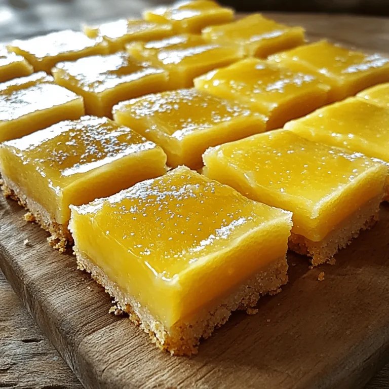 To make zesty lemon bars, you need a few key items. Here’s what you will need: - 1 cup all-purpose flour - 1/4 cup powdered sugar - 1/2 cup unsalted butter, softened - 2 large eggs - 1 cup granulated sugar - 1/4 cup fresh lemon juice (from about 2 lemons) - Zest of 2 lemons - 1/2 teaspoon baking powder - Pinch of salt - Additional powdered sugar for dusting These ingredients create a crumbly crust and a bright filling. The lemon juice and zest give the bars their signature tart flavor. If you’re missing an ingredient, don’t worry. Here are some good substitutes: - Use coconut oil instead of unsalted butter for a dairy-free version. - Substitute lemon juice with lime juice for a different twist. - Replace all-purpose flour with almond flour for a gluten-free option. - Use aquafaba (the liquid from canned chickpeas) as an egg substitute in a vegan version. These swaps keep the taste close to the original while meeting dietary needs. Using fresh ingredients matters a lot in this recipe. Fresh lemons give a bright and lively taste. Old lemons can taste dull and bitter. Fresh eggs also help the bars rise better and taste richer. Always choose the best ingredients for the best results. For the full recipe, check out the detailed instructions to bake your zesty lemon bars. Enjoy! To start, you need to make the crust. First, gather your ingredients. In a medium bowl, mix 1 cup of all-purpose flour and 1/4 cup of powdered sugar. Next, add 1/2 cup of softened butter. Use a fork or your fingers to blend until it looks like coarse crumbs. Once mixed, press the dough into the bottom of an 8x8-inch pan. Make sure it is even. Preheat your oven to 350°F (175°C) while you prepare the crust. Bake this crust for 15 minutes. It should turn light golden brown when done. While the crust bakes, let’s make the lemon filling. In a separate bowl, whisk together 2 large eggs and 1 cup of granulated sugar. Then, add 1/4 cup of fresh lemon juice and the zest of 2 lemons. This adds a bright flavor. Next, mix in 1/2 teaspoon of baking powder and a pinch of salt. Whisk everything until the mixture is smooth. This filling is what makes your lemon bars so tasty. Once the crust is done, carefully pour the lemon filling over it. Return the pan to the oven and bake for another 20-25 minutes. You'll know it's done when the filling sets and does not jiggle. After baking, remove the pan and let it cool on a wire rack. Once cooled, lift the bars using the parchment paper. Dust the top with powdered sugar before cutting. Slice them into squares or rectangles. You can now enjoy your refreshing zesty lemon bars! If you want the full recipe, check out the detailed instructions above. To get the perfect balance, use fresh lemons. The zest adds flavor and aroma. Adjust the sugar to your taste. If you find it too tart, increase the sugar slightly. A little extra lemon juice can also enhance the tartness if desired. Taste your filling before baking to ensure it meets your preference. Cracks often happen due to quick temperature changes. Bake your lemon bars at a steady temperature. Avoid opening the oven door often. Let them cool slowly in the pan. This step reduces sudden temperature shifts. If cracks do appear, dust them with powdered sugar for a lovely finish. Wait until the bars are completely cool before cutting. Use a sharp knife for clean cuts. For neat squares, wipe the knife between cuts. This technique helps keep the edges smooth. Dust with powdered sugar before serving for that elegant touch. Arrange them on a platter for a beautiful presentation. For the full recipe, check out the instructions above. Enjoy your zesty treat! {{image_4}} You can make gluten-free lemon bars easily. Substitute the all-purpose flour with a gluten-free blend. Look for one that works well for baking. This change keeps the texture light and fluffy while still being delicious. You might need to adjust the baking time slightly. Start checking for doneness a few minutes early. For a vegan version, swap the eggs for flax eggs. Mix one tablespoon of flaxseed meal with three tablespoons of water for each egg. Let it sit for a few minutes until thick. You can also use silken tofu as an egg replacement. Blend it until smooth and use half a cup for two eggs. This keeps your lemon bars creamy and tasty. Want to spice things up? Add a bit of ginger or lavender for extra flavor. You can also mix in some berries like raspberries or blueberries. These fruits give a nice contrast to the lemon's tartness. For a fun twist, drizzle melted chocolate on top after they cool. Each bite will burst with new flavors! To keep your lemon bars fresh, place them in an airtight container. Store them in the fridge for up to five days. If you plan to eat them later, make sure they cool completely before storing. This keeps them from getting soggy. Freezing lemon bars is easy. Cut them into squares first. Wrap each square in plastic wrap. Then, place them in a freezer bag or container. They will stay good for up to three months. When you are ready to enjoy, just thaw them in the fridge overnight. Reheating lemon bars is simple. Preheat your oven to 350°F (175°C). Place the bars on a baking sheet for about 10 minutes. This warms them up nicely. Dust with powdered sugar before serving for that extra touch. For a fun twist, serve with whipped cream or fresh fruit. Enjoy your zesty lemon bars! You can use applesauce or mashed bananas. Use 1/4 cup for each egg. Silken tofu is another good choice. Blend it until smooth and add 1/4 cup for each egg. These options keep your lemon bars moist and tasty. To reduce the tartness, add more sugar. Try increasing the granulated sugar by 1/4 cup. You can also use less lemon juice. Start with 3 tablespoons instead of 1/4 cup. Finally, consider adding a pinch of salt. This will balance the flavors nicely. Lemon bars last about 5 to 7 days in the fridge. Store them in an airtight container to keep them fresh. You can also cover them tightly with plastic wrap. This keeps the bars tasting great for longer. Zesty lemon bars are a delightful treat, easy to make with fresh ingredients. The step-by-step guide helps you prepare the dough and filling, ensuring perfect baking each time. Tips on balancing flavors and cutting help avoid common mistakes. Explore variations for gluten-free and vegan options to suit your needs. In summary, making lemon bars is simple and fun. Follow these steps for a tasty dessert that everyone will love. Enjoy your baking journey and share these bright bites with others!