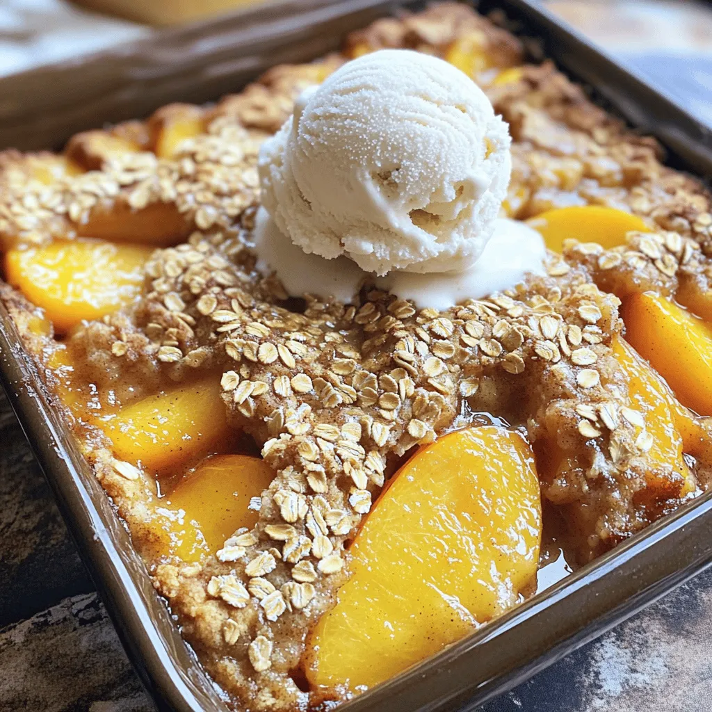 To make this simple dessert, gather these ingredients: - 1 can (29 oz) sliced peaches in syrup - 1 box yellow cake mix - 1 cup unsalted butter, melted - 1 teaspoon ground cinnamon - 1 cup packed brown sugar - 1 cup rolled oats - 1 teaspoon vanilla extract - A pinch of salt These ingredients make the base of your Peach Cobbler Dump Cake. Each one plays a vital role in creating that sweet and comforting flavor. You can tweak some ingredients if you need to. Here are a few swaps you might try: - Use fresh peaches instead of canned for a brighter taste. - Swap yellow cake mix for a gluten-free version if needed. - Replace unsalted butter with coconut oil for a dairy-free option. - Use maple syrup instead of brown sugar for a different sweetness. These substitutions keep the spirit of the recipe but allow you to customize it to your taste or dietary needs. Using fresh ingredients can elevate your dessert. Fresh peaches give a burst of flavor and juicy texture. They add a lovely brightness to the dish. If you use fresh fruits, make sure they are ripe for the best taste. When you use high-quality ingredients, you create a dessert that stands out. This care shows in every bite. The Peach Cobbler Dump Cake becomes not just a dish, but a delicious experience. Start by gathering your baking dish. Use a 9x13-inch dish for this recipe. Make sure it is clean and dry. No need to grease it since the peaches will add moisture. This will help the cake bake nicely and not stick. Now it’s time to layer the ingredients. Pour the can of sliced peaches, syrup included, into the dish. Spread them out evenly. Next, mix the dry ingredients in a bowl. Combine the yellow cake mix, ground cinnamon, brown sugar, rolled oats, and a pinch of salt. Stir until everything is mixed well. Sprinkle this dry mix over the peaches. Make sure to cover them fully. This will create a nice crust as it bakes. Then, take the melted butter and drizzle it over the dry mix. This step is key for a moist cake. Add a teaspoon of vanilla extract on top to enhance the flavor. Preheat your oven to 350°F (175°C) before you start baking. Once your layers are ready, place the dish in the oven. Bake for 40-45 minutes. Watch for the top to turn golden brown and bubbly. This shows the cake is done. When it's ready, take it out and let it cool for 10-15 minutes. This cooling time helps the cake set and makes it easier to serve. You can find the full recipe above for all the details. Enjoy! To get the best texture in your peach cobbler dump cake, follow these tips. First, use a light hand when mixing. Over-mixing can make it tough. You want a nice crumb. Second, ensure your butter is melted but not too hot. Hot butter can cook the cake mix too fast. Aim for a golden brown top. It should feel soft and slightly springy when done. You can boost the flavor with simple additions. Adding ground cinnamon gives warmth. You can also try nutmeg for a cozy touch. A splash of vanilla extract enhances the sweetness. For a twist, consider almond extract. It pairs well with peaches. These small changes can make your cake stand out. Watch out for a few common mistakes. First, don’t skip the syrup from the peaches. It adds moisture and sweetness. Second, avoid using cold butter. It won’t mix well and can lead to uneven baking. Lastly, don’t rush the cooling time. Letting it cool for 10-15 minutes helps the flavors blend and makes it easier to serve. Following these tips will lead you to a delicious peach cobbler dump cake. For more details, check the Full Recipe. {{image_4}} You can change the fruit in this dump cake. Try using blueberries, cherries, or apples. Each fruit gives a new taste. For a fun twist, mix fruits together. You can also use fresh fruit if you have it. Just make sure to add a bit of sugar if the fruit is not sweet. If you need a gluten-free version, swap the yellow cake mix. Look for a gluten-free cake mix in stores. This makes it easy to enjoy the dessert. You can also make your own mix from gluten-free flour. Add some baking powder and a pinch of salt to it. Serving your dump cake is part of the fun. Serve it warm in bowls. Add a scoop of vanilla ice cream on top. It melts and makes the cake extra nice. You can also add whipped cream for more creaminess. A sprinkle of cinnamon or nuts can add a nice touch too. For a fruity flavor, drizzle some peach syrup on top. This enhances the peachy taste. Enjoy your delicious creation! For the full recipe, check the details above. After enjoying your Peach Cobbler Dump Cake, store leftovers in a sealed container. Make sure it cools down first. Keep it in the fridge for up to four days. This keeps it fresh and tasty. If you want to save some longer, consider freezing it. To reheat, take out a slice from the fridge. Place it in a microwave-safe dish. Heat it for about 30 seconds to one minute. Check if it's warm enough. You can also reheat it in the oven. Set the oven to 350°F (175°C) and bake for 10-15 minutes. This method keeps the crust nice and crisp. You can freeze your Peach Cobbler Dump Cake for up to three months. Cut it into slices and wrap each piece tightly in plastic wrap. Then, place the wrapped slices in a freezer-safe bag. When you’re ready to eat, let it thaw in the fridge overnight before reheating. This way, you can enjoy a sweet treat anytime! For the full recipe, check back to ensure you have everything you need for your next bake. To store Peach Cobbler Dump Cake, let it cool completely. After it cools, cover it with plastic wrap or aluminum foil. You can also use an airtight container. Keep it in the fridge for up to four days. If you want to keep it longer, you can freeze it. Just make sure to wrap it well to prevent freezer burn. Yes, you can make Peach Cobbler Dump Cake ahead of time. You can prepare it the day before and store it in the fridge. Just bake it when you're ready to serve. This dessert tastes great warm or at room temperature. If you bake it in advance, reheat it in the oven for about 15 minutes at 350°F (175°C). Peach Cobbler Dump Cake pairs well with several side dishes. Here are some great options: - Vanilla ice cream - Whipped cream - Fresh fruit salad - A scoop of yogurt - Sweetened condensed milk These sides enhance the flavors, making your dessert even more enjoyable. You can find the full recipe to get started on your delicious Peach Cobbler Dump Cake! You’ve learned how to make a great Peach Cobbler Dump Cake. We covered all the key ingredients, step-by-step directions, and helpful tips. Using fresh ingredients will enhance your cake's taste. Don't forget the fun variations and perfect serving ideas. Store any leftovers properly to keep them tasty. Make sure you avoid common mistakes for the best results. Enjoy your baking and share it with others. Now go out there and create a delicious peach cobbler dump cake for everyone to enjoy!