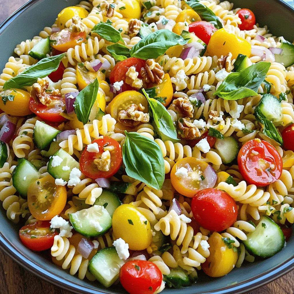 - 8 oz. fusilli pasta - 1 cup cherry tomatoes, halved - 1 cucumber, diced - 1/2 red onion, finely chopped - 1/2 cup fresh basil leaves, roughly torn - 1/4 cup extra virgin olive oil - 3 tablespoons freshly squeezed lemon juice - 1 teaspoon lemon zest - Salt and freshly cracked black pepper, to taste - 1/4 cup feta cheese, crumbled (optional) - 1/4 cup walnuts, coarsely chopped (optional) This Lemon Basil Pasta Salad is both fresh and tasty. The ingredients come together in a way that brightens any meal. First, the fusilli pasta serves as the base. It holds the dressing and toppings well. Then, the cherry tomatoes add a burst of sweetness. They contrast nicely with the crunch of the cucumber. The red onion brings a touch of sharpness. You can adjust how much you use based on your taste. Fresh basil leaves give the salad a lovely aroma. They make it feel light and vibrant. The dressing combines extra virgin olive oil, lemon juice, and zest. This mix adds a zesty kick that wakes up the flavors. Finally, the optional feta cheese and walnuts add a creamy and crunchy layer. This makes the dish even more delightful. For the full recipe, check the instructions above. Enjoy your cooking! To start, you need to boil salted water in a large pot. Once the water is bubbling, add your fusilli pasta. Cook it according to the package directions, which usually takes about 8 to 10 minutes. You want it to be al dente, or firm to the bite. When it’s done, drain the pasta in a colander. Rinse it under cold water to stop the cooking process. This also cools the pasta for the salad. While the pasta cooks, it's time to chop your fresh veggies. Slice the cherry tomatoes in half. Next, dice the cucumber into small pieces. Finely chop the red onion. Once everything is chopped, mix the vegetables in a large bowl. This colorful mix adds freshness to your salad. Now, let’s make the dressing. In a small bowl, whisk together the extra virgin olive oil, lemon juice, and lemon zest. Add a pinch of salt and a dash of pepper to taste. You want a smooth and tasty dressing that will tie the salad together. After the pasta has cooled, add it to your bowl with the mixed vegetables. Pour the zesty dressing over everything. Gently toss the mixture until all the ingredients are well-coated. Now, fold in the torn basil leaves. If you like, sprinkle in crumbled feta cheese and chopped walnuts for extra flavor and texture. Cover the pasta salad with plastic wrap or place it in an airtight container. Chill it in the fridge for at least 30 minutes. This helps the flavors blend nicely. When ready to serve, you can enjoy it cold or at room temperature. For a lovely finish, garnish the salad with extra basil leaves and a light drizzle of olive oil right before serving. For the complete recipe, check out the [Full Recipe]. To make the best lemon basil pasta salad, cook your pasta al dente. This means it should be firm but not hard. Use a large pot of salted boiling water. Follow the package time, usually 8-10 minutes. Drain the pasta and rinse it under cold water. This stops the cooking and cools the pasta for the salad. Next, adjust the dressing to fit your taste. Start with the basic mix of olive oil, lemon juice, and zest. If you like it tangier, add more lemon juice. For extra flavor, toss in more herbs, like parsley or oregano. A pinch of red pepper flakes can also add a nice kick. For a heartier meal, pair this salad with grilled chicken or shrimp. It works great for picnics, barbecues, or potlucks. Serve it at room temperature or chill it for a refreshing dish. Add some extra basil leaves and a sprinkle of feta on top for a beautiful finish. Check out the Full Recipe for more details! {{image_4}} You can have fun with your Lemon Basil Pasta Salad by changing the pasta type. Try farfalle or penne for a twist. You can also use whole wheat pasta for added nutrition. For vegetables, think outside the box. Bell peppers add crunch, while zucchini offers a fresh taste. You can also toss in olives or artichokes for a Mediterranean vibe. If you need a gluten-free option, choose gluten-free pasta. There are many tasty choices made from rice or quinoa. These work well in this salad. For a vegan version, skip the feta cheese. You can use avocado instead for creaminess. It adds healthy fats and keeps the dish delicious. To change up flavors, try different dressings. Balsamic vinegar adds a sweet tang. You can also mix in some pesto for a herby kick. Seasonal ingredients can elevate your salad. In summer, add fresh corn or grilled veggies. In fall, roasted butternut squash adds warmth and sweetness. Adjust your salad based on what’s fresh and bright! To keep your lemon basil pasta salad fresh, store it in the fridge. Use airtight containers to avoid air exposure. This helps prevent the salad from drying out or absorbing other smells in the fridge. Always let the salad cool before sealing it up. This keeps moisture at bay. When stored properly, lemon basil pasta salad can last up to three days in the fridge. Check for any off smells or a slimy texture. These are signs that the salad has spoiled. If you see any mold, throw it away immediately. Pasta salad is best enjoyed cold. If you prefer it warm, reheat gently in a pan. Avoid using the microwave, as it can make the pasta mushy. Always add a splash of olive oil or a bit of lemon juice for freshness. This keeps the flavors bright and tasty. For a quick bite, enjoy it straight from the fridge. Remember, freshness is key! For the Full Recipe, check out the complete guide! You can make this salad ahead of time. First, cook the pasta and let it cool. Next, chop the veggies and mix them in a bowl. Make the dressing and store it separately. When ready to serve, combine all the parts. This keeps the salad fresh and tasty. Store the salad in the fridge for up to two days. If you add toppings like cheese or nuts, wait until serving time. This way, your salad stays crunchy and bright. Freezing this pasta salad is not ideal. Pasta can become mushy when thawed. If you must freeze it, leave out fresh veggies and toppings. Store the pasta and dressing in an airtight container. When you want to eat it, thaw in the fridge overnight. Add fresh ingredients just before serving. You can add many things to this salad! Here are some ideas: - Grilled chicken for protein - Bell peppers for extra crunch - Avocado for creaminess - Olives for a salty bite - Spinach for added greens These ingredients mix well with the lemon and basil flavors. Yes! This recipe works great for meal prep. It keeps well in the fridge. You can portion out servings for lunch or dinner. Make sure to store the dressing separately. This keeps everything fresh and prevents sogginess. Prepare it on a Sunday, and enjoy it all week! This Lemon Basil Pasta Salad is easy and fun to make. You learned how to cook fusilli, prepare fresh veggies, and make a tasty dressing. I shared tips on enhancing flavors and making variations based on your taste. Remember, you can adjust ingredients to fit your diet. This salad lasts well in the fridge, making it great for meal prep. Keep it fresh and enjoy your delicious creation!