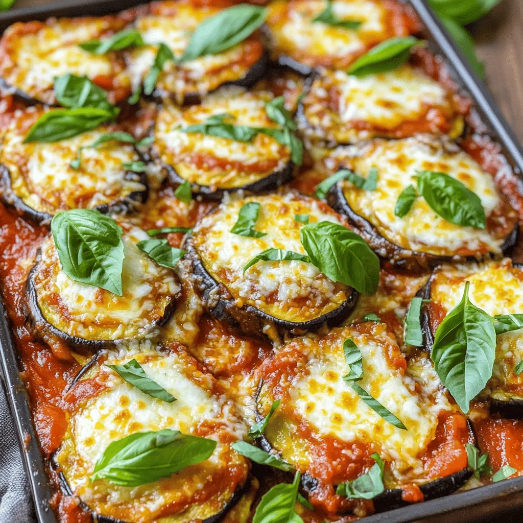 To make a great Eggplant Parmesan Bake, you need these key ingredients: - 2 large eggplants, sliced into 1/2-inch rounds - 3 cups marinara sauce - 2 cups shredded mozzarella cheese - 1 cup grated Parmesan cheese - 1 cup all-purpose flour - 3 large eggs, beaten - 2 cups breadcrumbs (preferably Italian-style for extra flavor) - 1 teaspoon garlic powder - 1 teaspoon dried oregano - 1 teaspoon salt - 1/2 teaspoon black pepper - Olive oil spray These ingredients combine to create layers of flavor, making each bite a delight. You can add some optional ingredients to make your Eggplant Parmesan Bake unique: - Fresh spinach for added nutrients - Roasted red peppers for a sweet twist - Sliced mushrooms for an earthy flavor - Extra herbs like thyme or rosemary for more aroma Feel free to mix and match these ingredients to fit your taste! To prepare your Eggplant Parmesan Bake, gather these tools: - Baking dish (9x13 inches works best) - Large mixing bowls for coating - Whisk for mixing eggs and dry ingredients - Baking sheet for roasting eggplant slices - Aluminum foil for covering the dish while baking Having these tools ready will make your cooking process smooth and fun. First, slice the eggplants into 1/2-inch rounds. This size helps them cook well. Next, sprinkle salt over the slices. Let them sit for about 30 minutes. This step draws out excess moisture. It also reduces any bitterness. After 30 minutes, rinse the slices in water. Pat them dry with a clean towel. This makes them ready for coating. Now, it's time to coat the eggplant. Set up your three bowls: one for flour, one for beaten eggs, and one for breadcrumbs. Mix garlic powder, salt, and black pepper into the flour. Dip each eggplant slice into the flour first, then into the eggs, and finally into the breadcrumbs. Make sure each slice is well-coated. Place them on a baking sheet in a single layer. Spray the tops lightly with olive oil. Bake at 375°F (190°C) for 25-30 minutes. Flip the slices halfway through for even crispiness. While the eggplants bake, prepare the baking dish. Spread 1 cup of marinara sauce evenly on the bottom. Once the eggplants are done, add half of the slices over the sauce. Pour half of the remaining marinara on top. Then, sprinkle 1 cup of mozzarella cheese and half of the Parmesan cheese. Repeat this layering with the rest of the eggplant, sauce, and cheese. Cover the baking dish with aluminum foil. This keeps the moisture inside. Bake it for 30 minutes. After that, remove the foil and bake for an extra 15 minutes. This will make the cheese bubbly and golden. Let the dish cool for 10 minutes before slicing. Garnish with fresh basil leaves for a nice touch. Serve hot and enjoy this savory delight! For complete details, check the Full Recipe. When cooking eggplants, it’s key to choose fresh ones. Look for firm, shiny skin. The color should be deep purple, and the stem should be green. Avoid any with soft spots or blemishes. To remove bitterness, slice the eggplant and sprinkle salt on both sides. Let it sit for 30 minutes, then rinse and pat dry. This step helps improve flavor and texture. To get crispy layers, proper breading is essential. Use the three-step method: coat in flour, dip in beaten eggs, and roll in breadcrumbs. Make sure to press the breadcrumbs onto the eggplant. This helps them stick better. Bake the slices on a baking sheet in a single layer. Lightly spray them with olive oil. This adds crunch and keeps them from drying out. Enhance your Eggplant Parmesan Bake by adding herbs and spices. Use dried oregano and garlic powder in the breadcrumb mix. Fresh basil adds a bright, fresh taste, so don’t skip it! You can also add a pinch of crushed red pepper flakes for a little heat. A hint of Italian herbs will elevate the dish even more. For the full recipe, check the details provided earlier. {{image_4}} For a vegetarian twist, eggplant parmesan already shines. You can keep it classic or go vegan. To make it vegan, swap the eggs with a mix of flaxseed meal and water. Use 1 tablespoon of flaxseed meal mixed with 2.5 tablespoons of water per egg. Choose vegan cheese or skip cheese altogether. The marinara sauce adds plenty of flavor. Gluten-free eaters can enjoy this dish too. Replace the all-purpose flour with almond flour or rice flour. For breadcrumbs, use gluten-free breadcrumbs or crushed nuts. This keeps the dish tasty and safe for those with gluten sensitivities. Get creative with your eggplant parmesan! You can add spinach for a fresh twist. Just sauté it lightly before layering. Roasted red peppers also bring a sweet touch. Chop them finely and mix them in with the marinara sauce. You can also use fresh herbs like basil or oregano for more depth. Each addition can change the dish, making it unique every time you cook. For a full recipe, check out Eggplant Parmesan Bake. To keep your Eggplant Parmesan Bake fresh, allow it to cool first. Then, place it in an airtight container. This helps prevent moisture loss. Store it in the fridge for up to four days. If you have a lot left, slice it into portions. This makes it easier to grab when you're hungry. When you're ready to enjoy leftovers, preheat your oven to 350°F (175°C). Place the slices in a baking dish. Cover it with foil to keep moisture in. Bake for about 20 minutes or until heated through. If you want a crispy top, remove the foil for the last five minutes. You can also use a microwave, but it may not keep the layers as crispy. If you want to save your Eggplant Parmesan Bake for later, freezing is a great option. Allow it to cool completely. Then, wrap the dish tightly with plastic wrap and aluminum foil. You can also place it in a freezer-safe container. It will stay good for three months. When you're ready to eat, thaw it overnight in the fridge. Then, reheat it in the oven for the best texture. You can serve Eggplant Parmesan Bake with a simple green salad. A side of garlic bread also works well. For a heartier meal, pair it with pasta tossed in olive oil and garlic. You might also enjoy a glass of Chianti or a light white wine. Eggplant Parmesan Bake will last about 3 to 5 days in the fridge. Make sure to cover it well. Use an airtight container or wrap it tightly in foil. This helps keep it fresh and tasty for your next meal. Yes, you can prepare it ahead of time! Assemble the layers and cover the dish. Store it in the fridge for up to 24 hours. When you’re ready to bake, just take it out and pop it in the oven. You may need to add a few extra minutes to the cooking time. Absolutely! Eggplant Parmesan Bake is great for meal prep. You can divide it into individual servings. Store each portion in a container for easy lunches or dinners. Just reheat in the oven or microwave when you’re ready to enjoy. You’ll love having a tasty meal ready to go! For the full recipe, check out the Eggplant Parmesan Bake section. In this post, we explored how to make a delicious Eggplant Parmesan Bake. You learned about essential and optional ingredients, cooking tools, and step-by-step instructions. I also shared tips for perfecting the dish, various healthy alternatives, and best storage practices. In closing, preparing this dish can be fun and rewarding. Enjoy making your own Eggplant Parmesan Bake and share it with loved ones. You'll find it easy to customize and savor every bite. Happy cooking!