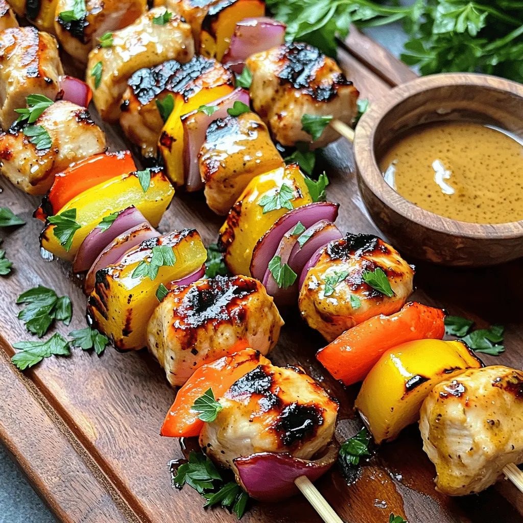 To make delicious Honey Mustard Chicken Skewers, you need some simple ingredients. Here’s what you will need: - 1 lb boneless, skinless chicken breast, cubed - 1/4 cup honey - 1/4 cup Dijon mustard - 2 tablespoons olive oil - 2 tablespoons apple cider vinegar - 2 garlic cloves, minced - 1 teaspoon smoked paprika - Salt and black pepper to taste - Bell pepper and red onion for skewering - Skewers (if using wooden skewers, soak in water for at least 30 minutes to prevent burning) These ingredients blend together to create a wonderful taste. The honey adds sweetness, while the Dijon mustard gives it a nice tang. Olive oil and apple cider vinegar help to soften the chicken and add depth. The garlic and smoked paprika bring in rich flavors. When you skewer the chicken with bell pepper and onion, you create a bright and colorful dish. This makes it not only tasty but also beautiful to serve. For the full recipe, check out the [Full Recipe]. Enjoy cooking these skewers! To start, combine the honey, Dijon mustard, olive oil, apple cider vinegar, garlic, smoked paprika, salt, and black pepper in a medium bowl. This blend creates the base of your marinade. Make sure to whisk until smooth. A good mix ensures the flavors meld well together, making every bite delicious. Next, add the cubed chicken breast to your marinade. Use a spatula or spoon to coat each piece well. Once all the chicken is covered, cover the bowl with plastic wrap or a lid. Pop it in the fridge for at least 30 minutes. This step allows the chicken to soak up all the flavors. For better taste, you can marinate for up to 4 hours. Preheat your grill to medium heat. This is key for cooking the chicken evenly. While the grill heats, thread the marinated chicken onto skewers. Alternate with colorful bell pepper cubes and onion wedges. This adds both color and flavor. Place the skewers on the grill and cook for about 10-12 minutes. Turn them regularly to get nice grill marks. The chicken should be fully cooked, reaching an internal temperature of 165°F. Once done, let the skewers rest for about 5 minutes before serving. This helps keep the chicken juicy. For the full recipe, check out the detailed instructions! To get nice grill marks, heat your grill to medium. This means around 350°F to 400°F. When you place the skewers on the grill, wait about 3-4 minutes before flipping. This timing helps the chicken develop those beautiful marks. After flipping, cook for another 3-4 minutes. Always check that your chicken reaches 165°F inside for safety. To make your skewers even tastier, try adding extra seasonings like cumin or chili powder. You can also swap in different mustards, like whole grain, for a twist. For the best flavor, marinate the chicken for at least 30 minutes. If you have time, let it sit for up to 4 hours. This longer marination infuses more flavor into the chicken. Honey Mustard Chicken Skewers pair well with many sides. A fresh salad or grilled veggies work great. For a fun presentation, arrange the skewers on a large plate. You can garnish with chopped parsley for color. Drizzle some extra honey mustard sauce on top and serve the rest on the side for dipping. This makes the dish look appealing and adds extra flavor! {{image_4}} You can switch up the protein in this dish. Chicken thighs work great because they stay juicy. Shrimp is another fun option. Just make sure to adjust the grilling time. Shrimp cooks faster than chicken. If you use shrimp, grill them for about 5-7 minutes. If you want a meat-free version, try using tofu. Tofu absorbs flavors well, making it tasty. You can also use vegetable skewers, like zucchini, mushrooms, or cherry tomatoes. Marinate the veggies in the same honey mustard sauce. This will give them a nice, rich flavor. Grill them for about 8-10 minutes. Get creative by adding spices from other cuisines. Try adding cumin for a bit of warmth or ginger for a fresh twist. You can also experiment with different types of mustard. Spicy brown mustard adds a kick, while honey mustard gives sweetness. This lets you create your own unique taste with Honey Mustard Chicken Skewers. To keep your Honey Mustard Chicken Skewers fresh, store leftovers in the fridge. Place them in an airtight container. This keeps moisture in and prevents strong smells from other foods. You can use glass or plastic containers with tight lids. If you want, wrap the skewers in plastic wrap before placing them in the container. Yes, you can freeze Honey Mustard Chicken Skewers! To do this, place cooled skewers in a freezer-safe bag. Try to remove as much air as possible to prevent freezer burn. When you want to eat them, thaw them in the fridge overnight. Then, reheat them in the oven or on the grill until hot. In the fridge, your leftovers will last about 3 to 4 days. In the freezer, they can stay fresh for up to 3 months. Just make sure they are well-packed to keep their taste and texture. The average grilling time for chicken skewers is about 10-12 minutes. You should turn the skewers every few minutes. This helps to cook the chicken evenly and get nice grill marks. To ensure your chicken skewers are safe to eat, check the internal temperature. The chicken should reach at least 165°F. You can use a meat thermometer for this. It’s the best way to be sure. Yes, you can use different types of mustard. Honey mustard gives a sweet touch, while Dijon adds a bit of tang. You can also try yellow mustard or whole grain for more texture. Each mustard will change the flavor of the dish a little. Honey Mustard Chicken Skewers go well with many sides. Popular choices include fresh salads and grilled veggies. A simple green salad with vinaigrette is a great match. You can also serve them with corn on the cob or roasted potatoes for a hearty meal. Honey Mustard Chicken Skewers are easy and delicious. We covered the ingredients and steps for making them. I shared tips for grilling and ways to enhance their flavor. You can even explore different proteins or make them vegetarian. Lastly, I provided storage advice to keep leftovers fresh. Enjoy your tasty skewers at your next meal or gathering! They are sure to impress everyone at the table.