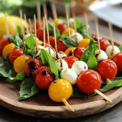 - 12 vibrant cherry tomatoes - 12 fresh basil leaves - 12 small mozzarella balls (bocconcini) - 1 tablespoon balsamic glaze - 1 tablespoon extra virgin olive oil - 1 teaspoon freshly grated lemon zest - Salt and freshly cracked black pepper - 12 small skewers or toothpicks These ingredients bring life to Caprese salad skewers. You’ll find that each element plays a key role in flavor and texture. The cherry tomatoes add a burst of sweetness, while the basil lends a fresh, herbal note. The mozzarella delivers creaminess, making every bite rich and satisfying. - Calories per serving: About 150 calories - Breakdown of macronutrients: Approximately 10g fat, 8g carbohydrates, 8g protein - Potential allergens: Contains dairy This dish is not only tasty but also packs a nutritional punch. The calories come primarily from healthy fats in the olive oil and mozzarella. This balance makes it a smart choice for a snack or appetizer. Always check for allergens if you serve guests. For the full recipe, feel free to explore details on preparation and presentation! To start, rinse your cherry tomatoes and basil leaves under cold water. Make sure they are clean and fresh. Next, if your mozzarella balls are in liquid, drain them well. You want them dry to avoid soggy skewers. Now it’s time to assemble your skewers. Take a small skewer or toothpick. Slide on one cherry tomato first. Then add a fresh basil leaf, followed by a mozzarella ball. Repeat this until you have three cherry tomatoes on each skewer. Aim to make four skewers total for a nice serving. For the dressing, grab a small mixing bowl. Combine the balsamic glaze, extra virgin olive oil, grated lemon zest, salt, and black pepper. Whisk until it’s well mixed. This zesty dressing will bring all the flavors together beautifully. You can find the full recipe with all details, too. Enjoy making these tasty Caprese Salad Skewers! To make your Caprese salad skewers shine, think about how you serve them. You can arrange the skewers vertically in a glass jar. Fill the jar with rock salt or quinoa for a fun touch. This gives a nice look and holds the skewers in place. Alternatively, you can lay them out on a long serving platter. Arrange them in a row for a clean and elegant display. The colors of the tomatoes, basil, and mozzarella will pop beautifully. Add more flavor with extra seasoning. A pinch of garlic powder or a sprinkle of crushed red pepper can make a big difference. You can also mix in herbs like oregano or thyme for a twist. Fresh ingredients matter a lot. Use ripe tomatoes and fragrant basil for the best taste. Fresh mozzarella also brings a creaminess that ties everything together. One common mistake is over-soaking the mozzarella. If it sits in liquid too long, it can become too watery. Drain it well to keep the skewers from getting soggy. Another mistake is not balancing the flavors in the dressing. Make sure to mix the balsamic glaze, olive oil, and lemon zest well. This will ensure a bright and zesty taste that complements the other ingredients perfectly. {{image_4}} You can switch up the tomatoes for heirloom ones. Heirloom tomatoes add unique colors and flavors. They make your skewers look stunning. For cheese, try using feta or goat cheese. Both offer different tastes, adding fun twists. If you want a vegan option, swap out the mozzarella. Use marinated tofu or cashew cheese. They still provide that creamy texture you crave. For the dressing, replace balsamic glaze with a mix of olive oil and lemon juice. This keeps it fresh and bright while staying plant-based. Pair your skewers with crisp white wine or sparkling water. A light drink enhances the flavors of the salad. You can also serve them with a side of garlic bread. This combo makes for a delightful meal. For parties, these skewers fit right in with a summer BBQ theme. Arrange them on a colorful platter with fresh herbs. They also shine during holiday gatherings. Just add seasonal decorations to make them festive. Try adding sliced avocado to your skewers for creaminess. It pairs well with tomatoes and basil. You could also experiment with strawberries for a sweet touch. The contrast of flavors will surprise and delight your guests. Don't forget to play with different herbs. Instead of basil, try mint or cilantro. Each herb brings a new flavor profile. It’s fun to mix things up and find your favorite combination. To keep your Caprese salad skewers fresh, store them in the fridge. Use an airtight container. This protects the flavors and keeps the ingredients crisp. Ideally, enjoy them within two days for the best taste. If you made the skewers ahead of time, add the dressing just before serving. This keeps the basil vibrant and prevents sogginess. If you plan to store ingredients long-term, freezing works well for some items. Freeze mozzarella balls in a single layer on a baking sheet. Once frozen, transfer them to a freezer bag. This prevents clumping. You can also freeze cherry tomatoes, but they may lose their texture. For meal prep, consider assembling skewers without the dressing. Store them in the fridge for easy access during the week. If you have leftovers, serve them chilled. This maintains the fresh taste. To refresh the appearance, drizzle a bit more balsamic glaze over the skewers. This adds shine and a burst of flavor. You can also sprinkle fresh herbs or lemon zest on top to enhance their look and taste. The best way to make Caprese Salad Skewers is simple. First, gather fresh ingredients. Use vibrant cherry tomatoes, fragrant basil leaves, and creamy mozzarella balls. Start by rinsing the tomatoes and basil. Then, drain the mozzarella. Next, take a skewer and thread your ingredients. Alternate between a tomato, a basil leaf, and a mozzarella ball. Repeat until you have a lovely stack. For extra flavor, drizzle with balsamic glaze and olive oil. This easy method makes for a fresh and tasty appetizer. You can store Caprese Salad Skewers in the fridge for up to two days. Place them in an airtight container to keep them fresh. The tomatoes and mozzarella can lose their texture over time. Always check for any signs of spoilage before eating. If you notice any changes, it’s best to toss them. Yes, you can prepare these skewers ahead of time. Make them a few hours before your event. This allows the flavors to blend nicely. Just keep them in the fridge until you are ready to serve. If you need to make them a day in advance, it's still okay. Just remember to add the dressing right before serving for the best taste. If you don’t have balsamic glaze, you can use several alternatives. A simple mix of olive oil and lemon juice works well. Honey or maple syrup can add a sweet touch, too. You can try a splash of red wine vinegar for a tangy flavor. Each option will bring a different taste to your skewers. Caprese Salad Skewers are an excellent choice for parties. They are bright, colorful, and very easy to eat. Guests love the fresh flavors and fun presentation. Plus, they are quick to make, which saves time for busy hosts. Whether it’s a casual get-together or a formal event, these skewers impress everyone. You can find the Full Recipe to create this delightful appetizer. You learned how to make tasty Caprese Salad Skewers using fresh and vibrant ingredients. Following the steps helps create a colorful dish. Use tips for presentation and flavor to make your skewers shine. Remember, you can tweak the recipe with various ingredients to keep it exciting. Storing your skewers properly ensures they stay fresh. Enjoy the flavors and impress your friends with this simple, fun dish. Try these ideas at your next party or gathering!