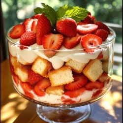 To make a delightful Strawberry Shortcake Trifle, you need fresh and tasty ingredients. Here’s what you will need: - 2 cups fresh strawberries, hulled and sliced - 2 tablespoons granulated sugar (for the strawberries) - 1 cup heavy whipping cream - 1/2 cup powdered sugar - 1 teaspoon pure vanilla extract - 1 package (about 10 oz) store-bought angel food cake or pound cake, cut into 1-inch cubes - 1 cup plain Greek yogurt The trifle also requires a few dry ingredients. These help in creating the sweet layers that make this dessert special: - Granulated sugar enhances the flavor of the strawberries. - Powdered sugar sweetens the whipped cream and makes it light and fluffy. Garnishes add a lovely touch to the trifle. Here are some ideas to enhance your dessert: - Fresh mint leaves for a pop of color and flavor. - Extra sliced strawberries for a beautiful finish. Feel free to check the Full Recipe for more details on how to bring this dessert to life! Start by washing the strawberries. Hull and slice them into small pieces. Place the sliced strawberries in a medium bowl. Add 2 tablespoons of granulated sugar. Toss gently to coat the strawberries. Let them sit for 15 to 20 minutes. This helps the strawberries release their juices and create a sweet syrup. The longer they sit, the better the flavor! In a large mixing bowl, pour in 1 cup of heavy whipping cream. Use an electric mixer on medium speed to whip the cream. Watch for soft peaks to form. Once soft peaks appear, add 1/2 cup of powdered sugar and 1 teaspoon of pure vanilla extract. Continue whipping until stiff peaks form. Be careful not to over-whip. Over-whipped cream can become grainy and lose its smooth texture. Grab a large trifle dish or individual serving glasses. Start with a layer of cake cubes, about 1 inch in size, at the bottom. Spread them evenly. Next, add a layer of the sweetened strawberries. Make sure some juices soak into the cake. This step adds flavor and moisture. Then, spoon a layer of the yogurt-cream mixture over the strawberries. Repeat these layers—cake, strawberries, and yogurt-cream. Keep going until you fill the dish or glasses. Finish with a layer of yogurt-cream on top. For a nice touch, garnish with sliced strawberries and a mint leaf. Cover with plastic wrap and chill for at least one hour before serving. This rest time blends the flavors for a delicious treat. You can find the full recipe for Berry Bliss Shortcake Trifle in the earlier section! To make great whipped cream, start with cold tools. Chill your bowl and beaters in the fridge for 10 minutes. Use heavy whipping cream for the best texture. Whip until soft peaks form, then add powdered sugar and vanilla. Be careful not to over-whip. You want smooth, fluffy cream, not grainy bits. Layering is key to a stunning trifle. Start with cake cubes at the bottom. This gives a solid base. Next, spoon on the strawberries, letting their juices soak into the cake. Follow with a layer of the yogurt-cream mixture. Repeat the layers until your dish is full. Finish with a thick layer of yogurt-cream on top. Letting your trifle chill is crucial. Cover it with plastic wrap and chill for at least 1 hour. This time allows flavors to blend and the texture to improve. For the best taste, chill it overnight. The longer it sits, the better it tastes. {{image_4}} You can change the base of your trifle. Use a sponge cake, pound cake, or ladyfingers. Each cake type adds a different texture. If you want a richer flavor, try using a chocolate cake. For a lighter option, a lemon cake works great. Each choice will give your trifle a new twist. Strawberries are classic, but you can mix it up. Use blueberries, raspberries, or peaches. A mix of berries adds color and taste. Try bananas for a different texture. You can even make a tropical trifle with mango and pineapple. The key is to use fresh fruit for the best flavor. For adults, adding liqueurs can enhance flavor. A splash of amaretto or Grand Marnier pairs well with fruit. Just be careful with the amount. A little goes a long way. Mix it with the strawberries or drizzle it over the cake. This step can make your trifle extra special. For the complete Strawberry Shortcake Trifle recipe, check out the [Full Recipe]. Store any leftover strawberry shortcake trifle in the fridge. Use an airtight container to keep it fresh. If you made it in glasses, cover them with plastic wrap. This helps prevent the layers from drying out. I recommend refrigerating the trifle rather than freezing it. Freezing can change the texture of the cream and strawberries. The trifle is best enjoyed fresh, so eat any leftovers within a few days. - Fresh strawberries: 3-5 days in the fridge. - Whipped cream: 2-3 days when stored properly. - Angel food cake or pound cake: 4-7 days in the pantry, or up to 3 months in the freezer. - Greek yogurt: Check the label for expiration, but it usually lasts 1-2 weeks. By keeping track of these shelf lives, you can enjoy your dessert at its best. For the full recipe, check out the Berry Bliss Shortcake Trifle section. Yes, you can prepare this dessert ahead. Make the layers and assemble them in advance. I suggest assembling it a few hours before serving. This way, the flavors blend well. Just cover it and chill in the fridge. It stays fresh and tasty. If you don’t have heavy cream, use coconut cream or half-and-half. Both options provide creaminess. Coconut cream adds a hint of flavor, while half-and-half gives a lighter taste. To make this trifle gluten-free, choose gluten-free cake. You can also use gluten-free cookies as a base. Just check all labels to ensure ingredients are gluten-free. This way, everyone can enjoy it. Yes, you can use frozen strawberries. Just thaw them first and drain excess juice. This keeps the dessert from getting too watery. Fresh strawberries offer better flavor, but frozen can work in a pinch. You can store the trifle in the fridge for up to three days. After that, the texture may change. The cake might get soggy, and the cream may separate. It tastes best fresh! Absolutely! Mix in blueberries or raspberries for a fruity twist. You can layer different fruits for color and flavor. Just make sure to adjust the sweetness if needed. You can top the trifle with crushed cookies or chocolate shavings. Whipped cream is a great choice too. Add fresh fruit on top for a beautiful finish. It makes the dessert even more inviting! Serve the trifle in clear glasses or a large bowl. This way, guests can see the pretty layers. Use a large spoon to scoop out perfect portions. It’s fun and easy for everyone! This blog post covered how to create a delicious Strawberry Shortcake Trifle. You learned about fresh and dry ingredients, plus optional garnishes for added flair. I shared simple steps for preparing strawberries, whipping cream, and assembling the dessert. Helpful tips helped you master whipped cream and perfect layers. Variations allowed for creativity with cakes and fruits, while storage info ensured your leftovers stay tasty. The FAQs answered common questions you might have. Enjoy making your trifle and impress your friends and family!