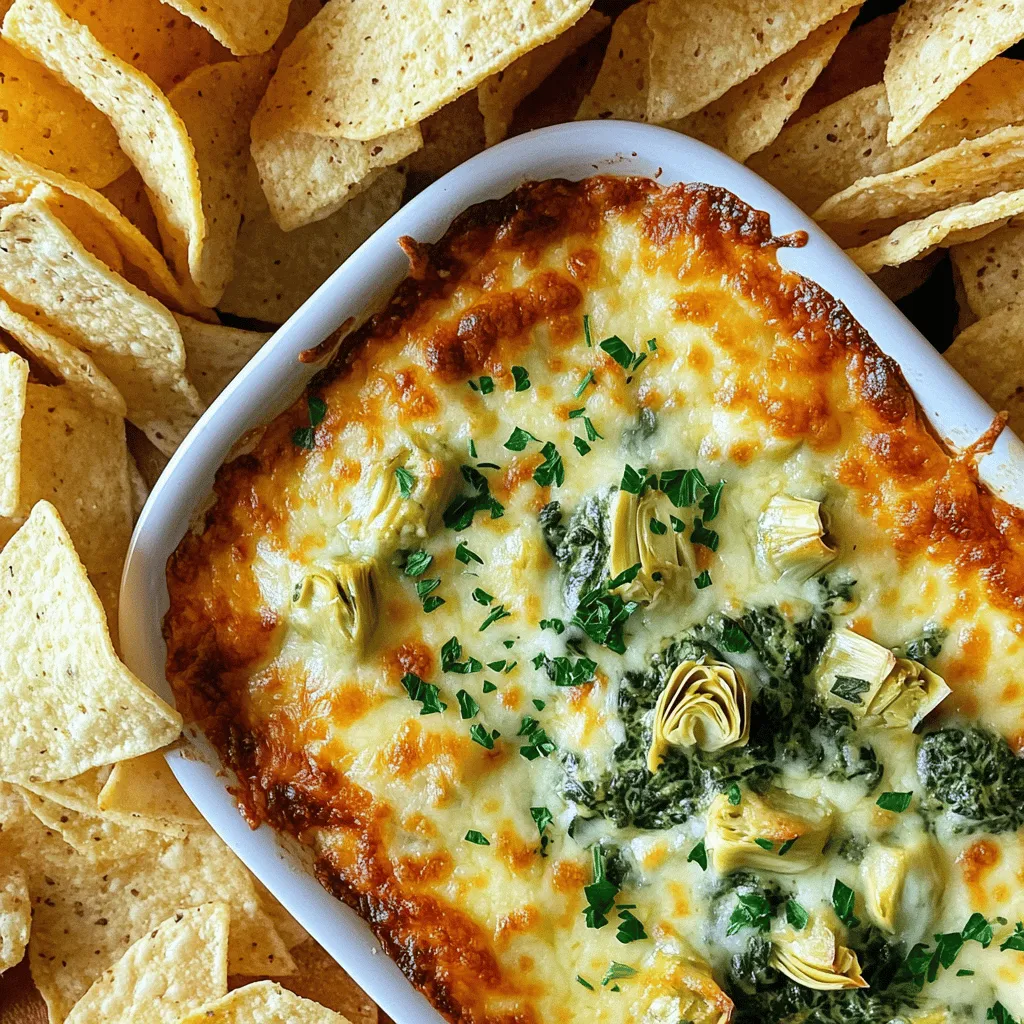 - 1 cup frozen spinach, thoroughly thawed and squeezed of excess moisture - 1 cup canned artichoke hearts, rinsed, drained, and coarsely chopped - 1 cup cream cheese, softened to room temperature - 1 cup sour cream The stars of this dip are frozen spinach and canned artichoke hearts. They pack a lot of flavor. Cream cheese and sour cream give it a nice, creamy base. Make sure the cream cheese is soft, so it mixes well. - 1 cup shredded mozzarella cheese, divided - 1/2 cup grated Parmesan cheese Cheese makes this dip really special. I love using shredded mozzarella for its meltiness. The grated Parmesan adds a nice, sharp flavor. Use half of the mozzarella in the dip and save some for topping. - 2 cloves garlic, finely minced - 1 teaspoon onion powder - 1/4 teaspoon crushed red pepper flakes (optional, for heat) - Salt and freshly ground black pepper to taste Seasonings bring the dip to life. Minced garlic gives it a punch. Onion powder adds depth. If you like heat, add red pepper flakes. Don’t forget to season with salt and pepper to taste. With these ingredients, you can create a cheesy spinach artichoke dip that everyone will love. You can find the Full Recipe for more detailed steps. - Preheat your oven to 350°F (175°C). - In a large bowl, mix 1 cup of cream cheese and 1 cup of sour cream. Use a spatula to blend until smooth and creamy. - Add 1 cup of drained artichoke hearts and 1 cup of spinach to the bowl. - Stir in 2 cloves of minced garlic and 1 teaspoon of onion powder. - Season with salt, pepper, and 1/4 teaspoon of crushed red pepper flakes if you want some heat. - Mix in half of the shredded mozzarella and 1/2 cup of grated Parmesan cheese. - Transfer the mixture into an oven-safe baking dish. - Spread it evenly and top it with the remaining mozzarella cheese. - Bake for 25-30 minutes until bubbly and golden brown. To make your dip extra creamy, consider using low-fat cream cheese. It still gives a rich taste without too much fat. Blend the cream cheese and sour cream until smooth. This creates a base that is easy to mix with other ingredients. If you want a smoother texture, use a blender or food processor. This ensures every bite is velvety and delicious. Want to kick up the flavor? Add more garlic! Garlic adds a warm, savory taste that pairs well with the dip. You can also incorporate herbs like parsley or basil. Fresh herbs bring a bright taste that balances the creaminess. Experimenting with different herbs can lead to unique flavor profiles. What should you serve with this dip? Tortilla chips are a classic choice. They add a nice crunch that complements the creamy dip. Sliced baguette also works well. For a fun twist, try serving it in a hollowed-out bread bowl. You can even top it with fresh parsley for a pop of color. This will impress your guests and make the dip look even more inviting. Enjoy the delightful flavors! {{image_4}} When it comes to Cheesy Spinach Artichoke Dip, variations can make it even better. You can easily adapt this dish to suit your taste or dietary needs. You can replace sour cream with Greek yogurt. This swap cuts calories and adds protein. Using fresh spinach instead of frozen gives the dip brighter color and taste. Fresh spinach is crisp and full of nutrients. Want a meaty kick? Add bacon or chorizo for flavor. These meats bring a smoky touch. You can also try different cheese combinations. Blending cheddar with mozzarella can add a sharpness that delights. If you prefer plant-based options, use plant-based cream cheese. This substitute keeps the creamy texture. You can also choose non-dairy options for cheese and sour cream. Almond or cashew-based products work well. These choices make the dip just as tasty without dairy. To store leftovers, place the dip in an airtight container. Make sure to cool it down first. It can last for about 3 to 4 days in the fridge. If you want to keep it longer, consider freezing it. When reheating, I recommend using the oven. This keeps the dip creamy and tasty. Preheat your oven to 350°F (175°C). Place the dip in an oven-safe dish, then heat for about 15 minutes. If you use a microwave, keep it on low power. Stir it often to avoid hot spots. Yes, you can freeze Cheesy Spinach Artichoke Dip. To freeze it, first cool the dip completely. Then, put it in a freezer-safe container. Make sure to leave some space at the top. It can stay good for up to 3 months. When you’re ready to eat it, thaw it in the fridge overnight before reheating. Cheesy Spinach Artichoke Dip is a warm, creamy dish. It blends spinach, artichokes, and cheese. The flavor is rich and savory with a hint of garlic. Each bite is smooth, cheesy, and full of goodness. You may taste a slight tang from the sour cream and cream cheese. The artichokes add a unique texture, while the spinach brings a fresh note. This dish is perfect for parties or gatherings. Yes, you can prepare this dip ahead of time. Mix all the ingredients and place them in a dish. Cover it tightly and store it in the fridge. You can make it a day ahead for best results. When ready to serve, just bake it until hot and bubbly. This saves you time on the day of your event. I love to serve this dip with crunchy tortilla chips. Sliced baguette also works well for dipping. You can try fresh veggies like carrots and celery sticks too. These add a nice crunch and color to your spread. Pairing with a simple salad can also balance the flavors. The options are endless, so feel free to get creative! Find the detailed Cheesy Spinach Artichoke Delight recipe [here](#). This blog post covered everything you need for Cheesy Spinach Artichoke Dip. We discussed the key ingredients, from spinach and artichokes to various cheeses. The step-by-step guide makes prep easy, while tips help you enhance flavor and texture. Don't forget the fun variations to try, like healthier options or vegan substitutes. Enjoying this dip is simple and perfect for sharing. You can savor it with friends or at parties. With these insights, you’re ready to impress with a delicious dip everyone will love.