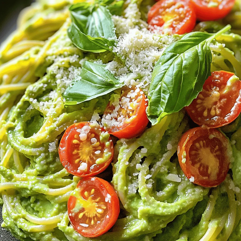 To make creamy avocado pasta, you need a few simple ingredients. Here’s what you’ll need: - 2 ripe avocados - 3 cups cooked pasta (spaghetti or fettuccine are excellent choices) - 2 cloves garlic, minced - 2 tablespoons extra virgin olive oil - 1 tablespoon freshly squeezed lemon juice - 1/4 cup fresh basil leaves, chopped - 1/4 cup grated Parmesan cheese - Sea salt and black pepper to taste - Cherry tomatoes for garnish - Additional basil leaves for garnish These ingredients come together to create a fresh, creamy sauce. The avocados give the dish a rich flavor and a nice, smooth texture. You can use any pasta you like, but spaghetti and fettuccine work best. The garlic and lemon juice add zing, while the basil and Parmesan provide depth. This recipe is not just tasty; it's also quick and easy. You’ll have a delicious meal in no time! For the full recipe, check out the detailed instructions later on. To start, you need to boil water in a large pot. Add a pinch of salt to the water. Once it reaches a rolling boil, add your pasta. I suggest using spaghetti or fettuccine for this dish. Cook the pasta according to the package instructions. This usually takes about 8 to 10 minutes. For an al dente texture, taste the pasta a minute or two before the time is up. It should be firm but not hard. When done, reserve about 1 cup of the starchy water before draining. Use a colander to drain the pasta, then set it aside. While your pasta cooks, it's time to make the creamy avocado sauce. Grab a food processor and add the following: - 2 ripe avocados - 2 cloves garlic, minced - 2 tablespoons extra virgin olive oil - 1 tablespoon lemon juice - 1/4 cup fresh basil leaves, chopped - 1/4 cup grated Parmesan cheese Blend these ingredients until they are smooth and creamy. If the sauce is too thick, add a bit of the reserved pasta water. This will help reach your desired consistency. Next, taste the sauce. You might need to add sea salt or black pepper for extra flavor. Adjust according to your taste. In a large mixing bowl, combine your drained pasta with the creamy avocado sauce. Toss gently so the pasta gets coated evenly. To serve, dish the pasta into bowls. Garnish each bowl with halved cherry tomatoes and extra basil leaves. This adds color and a fresh touch. Enjoy this creamy avocado pasta as a quick yet satisfying meal. For the full recipe, check out the detailed instructions provided above. To keep your creamy avocado pasta smooth, use ripe avocados. They blend easier. If your sauce is too thick, add some starchy pasta water. This helps thin it out without losing flavor. For extra taste, try adding a pinch of red pepper flakes or a dash of smoked paprika. These spices can add a nice kick. A common mistake is overcooking the pasta. Always cook it al dente. This gives a great texture and helps it hold the sauce. When choosing avocados, look for ones that yield slightly to gentle pressure. If they feel hard, they are not ripe yet. Avoid any avocados with dark spots or blemishes. Serve your creamy avocado pasta in bright bowls for a fun look. You can add a sprinkle of extra Parmesan and fresh basil on top. For side dishes, a simple green salad or garlic bread pairs well. You can also roast some vegetables for added flavor. They add color and nutrition too. {{image_4}} For a vegan twist, you can replace cheese and cream easily. Use nutritional yeast instead of Parmesan. It gives a cheesy flavor without dairy. For creaminess, try adding cashew cream. Blend soaked cashews with water until smooth. This will add rich texture. To boost the flavor without animal products, add nutritional yeast. A sprinkle of lemon zest can add brightness. You might also try blending in some spinach for extra nutrients. You can customize your creamy avocado pasta with fun add-ins. For protein, consider cooked chickpeas or grilled tofu. These options are hearty and filling. Adding vegetables can make your dish colorful and healthy. Try sautéed bell peppers, zucchini, or spinach. Fresh herbs like parsley or cilantro can also enhance the taste. Mixing flavors can create a unique dish. A dash of red pepper flakes will add heat. You can even toss in roasted garlic for depth. Using seasonal produce can elevate your creamy avocado pasta. In spring, add fresh peas or asparagus. These vegetables bring a vibrant taste. In the summer, add cherry tomatoes or corn for sweetness. Using local ingredients supports your community and taste buds. Farmers’ markets often have fresh herbs and veggies. This way, you can make a dish that not only tastes great but also feels good to make. To store leftover creamy avocado pasta, place it in an airtight container. Make sure to cover it well to keep air out. You can store it in the fridge for up to two days. After that, the avocado may brown, and the pasta can dry out. Always check for any off smells before eating. When it's time to reheat, use the stovetop for the best results. Add a splash of water or extra olive oil to the pan. Heat it gently over low heat, stirring often. This keeps the pasta creamy. If the sauce has thickened, add a bit of reserved pasta water to bring it back to life. You can freeze creamy avocado pasta, but it may change in texture. To freeze, portion it into small containers. Leave some space at the top, as the pasta may expand. When you're ready to eat, thaw it in the fridge overnight. Reheat gently, adding a bit of liquid if needed. This way, you can enjoy your meal later without losing flavor. To make creamy avocado pasta, start by cooking your pasta until it's al dente. While the pasta cooks, blend ripe avocados, garlic, olive oil, lemon juice, basil, and Parmesan cheese in a food processor. Pulse until smooth. After draining the pasta, combine it with the creamy sauce. Toss well to coat, and serve with cherry tomatoes and basil on top. This recipe is easy and quick! Spaghetti and fettuccine work great with avocado sauce. These pasta types hold the creamy sauce well. You can also try penne or rotini for a fun twist. Choose your favorite pasta to make the dish your own! Yes, you can use frozen avocados for this recipe. Thaw them before blending. If the sauce feels too thick, add a bit of the reserved pasta water. This helps you achieve that creamy texture. Avocado pasta is quite healthy! Avocados are rich in healthy fats, fiber, and vitamins. They support heart health and digestion. Plus, this dish is low in saturated fat. Enjoying creamy avocado pasta gives you a tasty meal with great nutrition. This recipe has shown you how to make creamy avocado pasta. We covered the ingredients, step-by-step instructions, and tips for success. You can get creative by adding proteins or seasonal veggies. Remember, storage and reheating are key for enjoying leftovers. This dish is not just delicious but also healthy. I hope you try this simple recipe soon. Enjoy making it and sharing with others!
