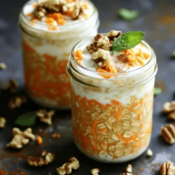 - 1 cup rolled oats - 1 cup almond milk (or your preferred milk) - 1 medium carrot, finely grated - 1/4 cup Greek yogurt (or non-dairy yogurt of choice) - 2 tablespoons maple syrup (or honey) - 1/2 teaspoon ground cinnamon - 1/4 teaspoon freshly grated nutmeg - 1/4 teaspoon vanilla extract - 2 tablespoons raisins (optional) - 2 tablespoons chopped walnuts (optional) - A pinch of sea salt Gathering the right ingredients is key to making carrot cake overnight oats. Rolled oats give the dish its base. I love using almond milk, but any milk works well too. Grating the carrot finely helps it blend smoothly. Greek yogurt adds creaminess and protein, but feel free to swap it for a non-dairy option. Maple syrup or honey sweetens the mix. Ground cinnamon and nutmeg bring warmth and flavor. A splash of vanilla makes everything taste better. You can add raisins and walnuts for extra texture and taste. Lastly, a pinch of sea salt enhances all the flavors in this tasty breakfast delight. Using fresh, quality ingredients makes a big difference. I always recommend looking for organic or local produce when possible. This not only improves taste but also supports sustainable farming. For the full recipe, check out the Carrot Cake Overnight Oats 🥕. 1. First, grab a medium mixing bowl. Combine the rolled oats and finely grated carrot. 2. Next, pour in the almond milk and add Greek yogurt. Stir the mixture well. Ensure the oats soak evenly in the liquid. 3. Now, sweeten your oats. Add maple syrup, ground cinnamon, grated nutmeg, vanilla extract, and a pinch of sea salt. Mix until smooth. 4. For extra flavor, fold in the optional raisins and walnuts. Make sure they spread evenly. 5. Carefully transfer your oat mix to jars or containers. Leave some space at the top for expansion. - Soaking is key to making oats creamy and soft. It allows the oats to absorb flavors. - Refrigerate the jars overnight or for at least 4 hours. This gives the oats time to soak. - In the morning, take your jars out of the fridge. Stir the oats before serving. If you want it creamier, add a splash of almond milk. - For garnishes, sprinkle extra grated carrot, cinnamon, and chopped walnuts on top. This adds crunch and a nice look. You can find the full recipe for these delicious Carrot Cake Overnight Oats above. Enjoy your tasty breakfast delight! Choosing the right oats I always use rolled oats for overnight oats. They soften nicely and absorb flavors well. Instant oats can get mushy, while steel-cut oats need more time. Rolled oats give you that perfect creamy texture. Best practices for grating carrots When grating carrots, use a fine grater. This helps the carrots blend smoothly into the oats. Fresh carrots taste best, so try to use them instead of pre-packaged. Always wash and peel them first for the best flavor. Recommended add-ins I love to add raisins and chopped walnuts to my overnight oats. They give a lovely texture and a burst of flavor. You can also try adding shredded coconut or chopped apples for more variety. How to adjust sweetness If you want your oats sweeter, add more maple syrup or honey. Start with a little, taste, and adjust as needed. You can also use mashed banana or applesauce for a different type of sweetness. Serving ideas using jars I find that serving overnight oats in mason jars looks appealing. It gives a rustic feel and is easy to grab. You can layer the oats with fruit for a fun look. Aesthetic garnishing tips For garnish, add a sprinkle of cinnamon on top. Extra grated carrot or a few chopped walnuts also work well. A small mint leaf can add a pop of color and freshness. These details make your dish more inviting. For the complete recipe, you can refer to the section above. Enjoy making your breakfast a tasty delight! {{image_4}} You can change the spices to make your oats special. Try adding ginger or allspice for a warm kick. You could also mix in cardamom for a unique twist. Want something different? Go tropical! Add coconut and pineapple for a summer vibe. If you love chocolate, try cocoa powder or chocolate chips. These simple changes can make your carrot cake overnight oats exciting and new. If you want a dairy-free version, swap Greek yogurt with non-dairy yogurt. Almond, coconut, or soy yogurt work well. For milk, use any plant-based milk you like. Almond milk is great, but oat or cashew milk is also tasty. These swaps keep the flavor while making it suitable for everyone. Toppings can take your oats to the next level. Consider fresh fruits like bananas, berries, or apples for a pop of color. You can also sprinkle chia seeds or hemp seeds for extra nutrients. Want some crunch? Add granola or nuts. For a sweet touch, drizzle a bit of honey or maple syrup on top. Mix and match these ideas to create your own perfect bowl. For the full recipe, check out the main article! Store your carrot cake overnight oats in airtight containers. Mason jars work great for this. They keep the oats fresh and allow you to see the layers. Make sure you seal the lids tightly to avoid spills. Keep the jars in the fridge. Carrot cake overnight oats last about 3 to 5 days in the fridge. Always check for signs of spoilage. If you see any mold or an off smell, it's best to toss them. Freshness is key for taste and safety. You can enjoy overnight oats cold, but you can also warm them if you prefer. Simply transfer the oats to a bowl and heat in the microwave for about 30 seconds. Stir and check the temperature before eating. Do not heat them too long, as they can become mushy. Enjoy your tasty breakfast delight! Can I make overnight oats without yogurt? Yes, you can skip yogurt. Use more almond milk instead. This keeps it creamy. You can also add mashed banana for extra moisture and flavor. How can I meal prep with overnight oats? Meal prep is easy with overnight oats. Just make a big batch. Store them in jars. You can make up to five servings at once. This saves time during busy mornings. Are carrot cake overnight oats healthy? Yes, they are quite healthy. They have fiber, protein, and healthy fats. This mix keeps you full and happy. Oats help with digestion, and carrots provide vitamins. Nutritional benefits of each ingredient - Rolled oats: High in fiber, good for heart health. - Almond milk: Low in calories, dairy-free option. - Carrot: Packed with vitamins A and C. - Greek yogurt: Great source of protein and probiotics. - Maple syrup: Natural sweetener with antioxidants. - Cinnamon: May help lower blood sugar levels. - Nutmeg: Has anti-inflammatory properties. - Raisins: Provide natural sweetness and iron. - Walnuts: Packed with omega-3 fatty acids. Can I use instant oats instead of rolled? You can use instant oats, but the texture will change. Instant oats absorb liquid faster. This may make your oats mushy. Rolled oats stay chewier and hold up well overnight. How to modify this recipe for a single serving? To make one serving, use half the ingredients. Use 1/2 cup of rolled oats and 1/2 cup of almond milk. Adjust the sweetener and spices to taste. This makes it simple to enjoy alone. For the full recipe, please refer to the earlier sections. Carrot cake overnight oats are easy and tasty. We covered ingredients, preparation, and tips. Soaking oats overnight gives them the perfect texture. You can add your favorite spices and toppings for a twist. Remember, these oats are great for meal prep and stay fresh in the fridge. Enjoy making these delicious oats as a healthy breakfast option or snack. With a little creativity, you can make them your own!