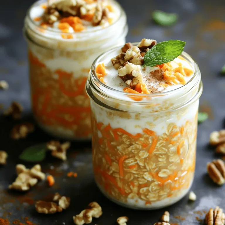 - 1 cup rolled oats - 1 cup almond milk (or your preferred milk) - 1 medium carrot, finely grated - 1/4 cup Greek yogurt (or non-dairy yogurt of choice) - 2 tablespoons maple syrup (or honey) - 1/2 teaspoon ground cinnamon - 1/4 teaspoon freshly grated nutmeg - 1/4 teaspoon vanilla extract - 2 tablespoons raisins (optional) - 2 tablespoons chopped walnuts (optional) - A pinch of sea salt Gathering the right ingredients is key to making carrot cake overnight oats. Rolled oats give the dish its base. I love using almond milk, but any milk works well too. Grating the carrot finely helps it blend smoothly. Greek yogurt adds creaminess and protein, but feel free to swap it for a non-dairy option. Maple syrup or honey sweetens the mix. Ground cinnamon and nutmeg bring warmth and flavor. A splash of vanilla makes everything taste better. You can add raisins and walnuts for extra texture and taste. Lastly, a pinch of sea salt enhances all the flavors in this tasty breakfast delight. Using fresh, quality ingredients makes a big difference. I always recommend looking for organic or local produce when possible. This not only improves taste but also supports sustainable farming. For the full recipe, check out the Carrot Cake Overnight Oats 🥕. 1. First, grab a medium mixing bowl. Combine the rolled oats and finely grated carrot. 2. Next, pour in the almond milk and add Greek yogurt. Stir the mixture well. Ensure the oats soak evenly in the liquid. 3. Now, sweeten your oats. Add maple syrup, ground cinnamon, grated nutmeg, vanilla extract, and a pinch of sea salt. Mix until smooth. 4. For extra flavor, fold in the optional raisins and walnuts. Make sure they spread evenly. 5. Carefully transfer your oat mix to jars or containers. Leave some space at the top for expansion. - Soaking is key to making oats creamy and soft. It allows the oats to absorb flavors. - Refrigerate the jars overnight or for at least 4 hours. This gives the oats time to soak. - In the morning, take your jars out of the fridge. Stir the oats before serving. If you want it creamier, add a splash of almond milk. - For garnishes, sprinkle extra grated carrot, cinnamon, and chopped walnuts on top. This adds crunch and a nice look. You can find the full recipe for these delicious Carrot Cake Overnight Oats above. Enjoy your tasty breakfast delight! Choosing the right oats I always use rolled oats for overnight oats. They soften nicely and absorb flavors well. Instant oats can get mushy, while steel-cut oats need more time. Rolled oats give you that perfect creamy texture. Best practices for grating carrots When grating carrots, use a fine grater. This helps the carrots blend smoothly into the oats. Fresh carrots taste best, so try to use them instead of pre-packaged. Always wash and peel them first for the best flavor. Recommended add-ins I love to add raisins and chopped walnuts to my overnight oats. They give a lovely texture and a burst of flavor. You can also try adding shredded coconut or chopped apples for more variety. How to adjust sweetness If you want your oats sweeter, add more maple syrup or honey. Start with a little, taste, and adjust as needed. You can also use mashed banana or applesauce for a different type of sweetness. Serving ideas using jars I find that serving overnight oats in mason jars looks appealing. It gives a rustic feel and is easy to grab. You can layer the oats with fruit for a fun look. Aesthetic garnishing tips For garnish, add a sprinkle of cinnamon on top. Extra grated carrot or a few chopped walnuts also work well. A small mint leaf can add a pop of color and freshness. These details make your dish more inviting. For the complete recipe, you can refer to the section above. Enjoy making your breakfast a tasty delight! {{image_4}} You can change the spices to make your oats special. Try adding ginger or allspice for a warm kick. You could also mix in cardamom for a unique twist. Want something different? Go tropical! Add coconut and pineapple for a summer vibe. If you love chocolate, try cocoa powder or chocolate chips. These simple changes can make your carrot cake overnight oats exciting and new. If you want a dairy-free version, swap Greek yogurt with non-dairy yogurt. Almond, coconut, or soy yogurt work well. For milk, use any plant-based milk you like. Almond milk is great, but oat or cashew milk is also tasty. These swaps keep the flavor while making it suitable for everyone. Toppings can take your oats to the next level. Consider fresh fruits like bananas, berries, or apples for a pop of color. You can also sprinkle chia seeds or hemp seeds for extra nutrients. Want some crunch? Add granola or nuts. For a sweet touch, drizzle a bit of honey or maple syrup on top. Mix and match these ideas to create your own perfect bowl. For the full recipe, check out the main article! Store your carrot cake overnight oats in airtight containers. Mason jars work great for this. They keep the oats fresh and allow you to see the layers. Make sure you seal the lids tightly to avoid spills. Keep the jars in the fridge. Carrot cake overnight oats last about 3 to 5 days in the fridge. Always check for signs of spoilage. If you see any mold or an off smell, it's best to toss them. Freshness is key for taste and safety. You can enjoy overnight oats cold, but you can also warm them if you prefer. Simply transfer the oats to a bowl and heat in the microwave for about 30 seconds. Stir and check the temperature before eating. Do not heat them too long, as they can become mushy. Enjoy your tasty breakfast delight! Can I make overnight oats without yogurt? Yes, you can skip yogurt. Use more almond milk instead. This keeps it creamy. You can also add mashed banana for extra moisture and flavor. How can I meal prep with overnight oats? Meal prep is easy with overnight oats. Just make a big batch. Store them in jars. You can make up to five servings at once. This saves time during busy mornings. Are carrot cake overnight oats healthy? Yes, they are quite healthy. They have fiber, protein, and healthy fats. This mix keeps you full and happy. Oats help with digestion, and carrots provide vitamins. Nutritional benefits of each ingredient - Rolled oats: High in fiber, good for heart health. - Almond milk: Low in calories, dairy-free option. - Carrot: Packed with vitamins A and C. - Greek yogurt: Great source of protein and probiotics. - Maple syrup: Natural sweetener with antioxidants. - Cinnamon: May help lower blood sugar levels. - Nutmeg: Has anti-inflammatory properties. - Raisins: Provide natural sweetness and iron. - Walnuts: Packed with omega-3 fatty acids. Can I use instant oats instead of rolled? You can use instant oats, but the texture will change. Instant oats absorb liquid faster. This may make your oats mushy. Rolled oats stay chewier and hold up well overnight. How to modify this recipe for a single serving? To make one serving, use half the ingredients. Use 1/2 cup of rolled oats and 1/2 cup of almond milk. Adjust the sweetener and spices to taste. This makes it simple to enjoy alone. For the full recipe, please refer to the earlier sections. Carrot cake overnight oats are easy and tasty. We covered ingredients, preparation, and tips. Soaking oats overnight gives them the perfect texture. You can add your favorite spices and toppings for a twist. Remember, these oats are great for meal prep and stay fresh in the fridge. Enjoy making these delicious oats as a healthy breakfast option or snack. With a little creativity, you can make them your own!