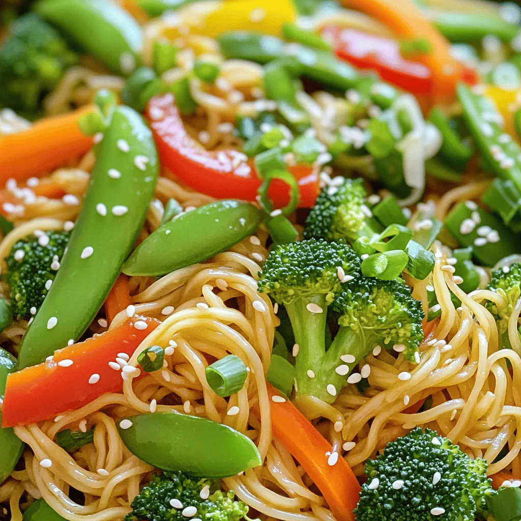 - 8 oz lo mein noodles - 2 tablespoons sesame oil, divided - 1 cup broccoli florets - 1 bell pepper, thinly sliced - 1 medium carrot, julienned - 1 cup sugar snap peas - 4 green onions, chopped - 3 cloves garlic, finely minced - 1-inch piece of fresh ginger, grated - 3 tablespoons soy sauce - 1 tablespoon vegetarian oyster sauce - 1 tablespoon hoisin sauce - Salt and pepper to taste - Sesame seeds for garnish - Other vegetables (mushrooms, bok choy, etc.) - Sriracha for added spice - Tofu or tempeh for protein In this recipe, lo mein noodles are the star. They soak up all the tasty sauce. I love using fresh veggies. They add crunch and color to the dish. You can mix in any veggies you like. Mushrooms or bok choy work great too. The sauces create a rich flavor. Soy sauce gives saltiness. Vegetarian oyster sauce adds sweetness. Hoisin sauce brings depth. You can adjust the salt and pepper to your taste. For added protein, try tofu or tempeh. They soak up the sauce well. Adding sriracha can spice things up. If you want to make it your own, feel free to switch it up! For the full recipe, check out the details above. Happy cooking! To cook lo mein noodles, follow the package instructions closely. Start by boiling water in a large pot. Once boiling, add the noodles and cook until tender, about 4-6 minutes. Make sure to stir them occasionally. - After cooking, drain the noodles in a colander. - To prevent sticking, drizzle a teaspoon of sesame oil over the noodles. - Toss them gently to coat each strand. For the best flavor, use fresh garlic and ginger. Start by heating sesame oil in a large skillet or wok over medium-high heat. Add minced garlic and grated ginger to the hot oil. Sauté for about 1 minute. - Stir constantly to release the aroma. Be careful not to burn them. Next, add your vegetables: broccoli, bell pepper, carrot, and sugar snap peas. Stir-fry for about 5-7 minutes. - You want them to be tender but still crisp. Once your veggies are ready, it's time to mix it all together. Add the cooked lo mein noodles and the white parts of the green onions to the skillet. Toss everything well to combine. - Pour in the soy sauce, vegetarian oyster sauce, and hoisin sauce. - Stir-fry for an additional 3-4 minutes to ensure an even coating. Taste your dish and adjust the seasoning with salt and pepper. Enjoy making your Veggie Delight Lo Mein with these steps from the Full Recipe! 1. Overcooking vegetables: This is a big mistake. When you overcook veggies, they lose their crunch and flavor. Keep an eye on them while stir-frying. You want them tender but still crisp. Aim for about 5-7 minutes of cooking time. 2. Skipping the oil for noodles: After cooking your noodles, don’t forget to add a little sesame oil. It stops them from sticking together. Just a teaspoon will do. Toss them gently to coat. 1. Adding seasonings at the right time: Timing is key. Add seasonings like soy sauce and oyster sauce when your veggies are almost done. This helps the flavors blend well without overpowering the dish. Stir-fry for a few more minutes to heat everything through. 2. Using fresh herbs for garnish: Fresh herbs can boost flavor. Try using chopped green onions or cilantro on top before serving. They add color and a fresh taste that makes your dish pop. 1. How to make it healthier: You can add more veggies to your lo mein. Try mushrooms, bell peppers, or spinach. They add nutrients and make the dish more colorful. You can also use whole grain noodles for extra fiber. 2. Suggestions for low-sodium alternatives: For those watching salt intake, use low-sodium soy sauce. You can also make a simple mix of garlic, ginger, and vinegar for flavor without added salt. This keeps your dish tasty and healthy. Check out the Full Recipe for more on making your Vegetable Lo Mein delicious! {{image_4}} You can easily change the protein in your Vegetable Lo Mein. Tofu is a great choice. It soaks up flavors well and adds a nice texture. To add tofu, press it first to remove excess water. Cut it into cubes and fry it until golden. Then, toss it in with the veggies and noodles. If you prefer chicken, use boneless, skinless pieces. Cut the chicken into thin strips. Cook it before adding the vegetables. This way, the chicken stays juicy and tender. Shrimp is another fun option. You can add peeled shrimp during the last few minutes of cooking. They cook quickly and bring a sweet flavor to the dish. Feel free to swap out vegetables based on your taste. Mushrooms, bok choy, or zucchini work well in this recipe. They add different flavors and textures. For a unique twist, try using seasonal produce. In summer, add fresh corn or bell peppers. In fall, consider using butternut squash. These choices keep your Lo Mein fresh and exciting. If you need a gluten-free meal, you can easily adjust the noodles. Look for gluten-free lo mein noodles made from rice or other gluten-free grains. They taste great and cook just like regular noodles. Another option is to make a rice-based dish. Use cooked jasmine or basmati rice instead of noodles. Stir-fry the rice with the veggies and sauces. This gives you a tasty and gluten-free alternative without losing flavor. Enjoy these variations to make the dish your own! To keep your Vegetable Lo Mein fresh, store it in the fridge. Use airtight containers. This helps prevent moisture loss and keeps flavors intact. Make sure to cool the dish before sealing it. It’s best to eat the leftovers within three days for the best taste. Reheat your lo mein by using the stovetop or microwave. If using the stovetop, add a splash of water or soy sauce. This will help keep the noodles moist. Heat on low until warm, stirring often. In the microwave, place it in a bowl and cover it with a damp paper towel. Heat in 30-second bursts until hot. You can freeze Vegetable Lo Mein for later use. First, let it cool completely. Then, place it in freezer-safe bags or containers. Remove as much air as possible to avoid freezer burn. For best results, eat it within two months. When you’re ready to eat, thaw it overnight in the fridge. Reheat as mentioned above. For a complete guide, check out the Full Recipe. Vegetable Lo Mein is a popular Chinese dish. It features soft noodles mixed with vegetables. This dish has roots in Chinese cuisine, where it became a favorite for its flavor and ease. Traditionally, it uses egg noodles, but we make it with lo mein noodles. The dish allows for many vegetable choices, making it flexible and fun to make. Yes, you can prepare Vegetable Lo Mein in advance. Cook the noodles and vegetables, then store them separately. When you're ready to serve, simply reheat them in a pan. This method keeps the noodles and veggies fresh. Just remember to add the sauces right before serving to keep the flavors bright. If you need a soy sauce alternative, there are options. You can use coconut aminos for a gluten-free choice. Tamari is another great option for those avoiding gluten. For a different flavor, try using teriyaki sauce. Each substitute brings its own taste, so choose what fits your needs best. To add spice to your Vegetable Lo Mein, use Sriracha or chili paste. Start with a small amount and taste as you go. You can also add crushed red pepper flakes for a nice kick. For an even spicier dish, consider using fresh chopped chili peppers. Adjust the heat level to match your preference. Boost the nutrition of your Vegetable Lo Mein by adding more veggies. Try adding spinach, bok choy, or bell peppers. You can also mix in whole grains like brown rice noodles. Adding tofu or edamame increases protein, making the dish more filling. These tweaks make your meal both healthy and tasty. In summary, we've explored how to create a delicious Vegetable Lo Mein. You learned about the key ingredients, cooking steps, and helpful tips. Always remember to avoid overcooking your veggies and use fresh ingredients for the best taste. Whether you opt for tofu, shrimp, or seasonal veggies, the choices are endless. Enjoy your meal and share it with family and friends. With these tips, you can master this dish with ease. Happy cooking!