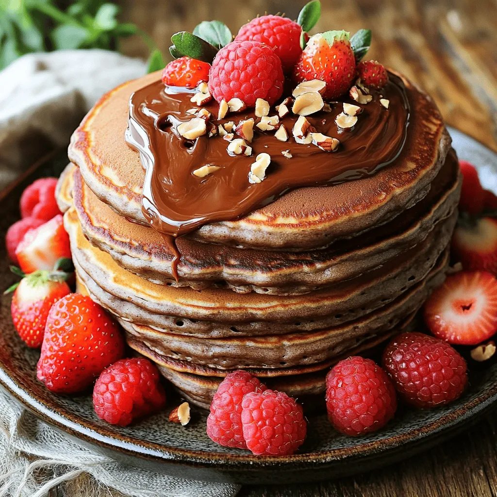 - 1 cup all-purpose flour - 2 tablespoons granulated sugar - 1 tablespoon baking powder - 1/2 teaspoon fine salt - 1 cup milk (or dairy-free alternative) - 1 large egg, at room temperature - 2 tablespoons unsalted butter (or coconut oil) - 1/2 cup creamy chocolate hazelnut spread - 1/2 cup chopped hazelnuts - Fresh berries (strawberries or raspberries) You need these simple ingredients to make your pancakes great. Start with the dry ingredients. They form the base of your batter. Use all-purpose flour for the best results. Sugar adds sweetness, while baking powder helps them rise. Salt balances the flavors. Next, we have the wet ingredients. Milk gives moisture. You can use dairy-free options if you prefer. The egg helps bind everything together and adds fluff. Melted butter or coconut oil adds richness. Finally, the chocolate hazelnut spread is your secret star. It brings that creamy, sweet flavor that everyone loves. For toppings, we have chopped hazelnuts for crunch. They add texture and a nice nutty taste. Fresh berries, like strawberries or raspberries, add brightness and a touch of tartness. You can use any of your favorite toppings or even mix and match! For the full recipe, check out the details above. Enjoy your cooking! Start by taking a large mixing bowl. Add 1 cup of all-purpose flour, 2 tablespoons of granulated sugar, 1 tablespoon of baking powder, and 1/2 teaspoon of fine salt. Use a whisk to mix these dry ingredients until they are well combined. This step is key for fluffy pancakes. In another bowl, beat 1 large egg until it looks smooth. Next, pour in 1 cup of milk. You can use dairy or a dairy-free alternative. Then, add 2 tablespoons of melted unsalted butter or coconut oil. Whisk until this mixture is blended and creamy. Now, it's time to mix the wet and dry ingredients. Gradually pour the wet mixture into the dry bowl. Use a spatula or a spoon to blend them together. Remember not to overmix! It’s okay if your batter has a few lumps. This will help keep your pancakes fluffy. Preheat a non-stick skillet over medium heat. If needed, lightly grease it with butter or oil. For each pancake, pour about 1/4 cup of batter onto the skillet. Cook for 2 to 3 minutes, watching for bubbles on the surface. While they cook, add about 1 tablespoon of chocolate hazelnut spread on top of each pancake. This will melt into a gooey center. Carefully flip each pancake with a spatula. Cook for another 1 to 2 minutes, until the bottoms turn golden brown. Once done, move the pancakes to a warm plate. Cover them lightly with a kitchen towel while you cook the rest. To serve, stack the pancakes on a plate. Top them with chopped hazelnuts and fresh berries like strawberries or raspberries. For an added treat, drizzle more chocolate hazelnut spread over the top. Enjoy your delicious breakfast! Check out the Full Recipe for more details. To make your pancakes fluffy, avoid overmixing the batter. Mix just until the wet and dry ingredients combine. You want a few lumps to stay in the batter. This helps create air pockets that make your pancakes light and airy. Also, use room temperature ingredients. Cold eggs or milk can lead to denser pancakes. When you take them out of the fridge, let them sit for a few minutes. Cook your pancakes on medium heat. If the heat is too low, they will cook slowly and turn out flat. If it's too high, the outside will burn while the inside stays raw. Grease your skillet lightly with butter or oil to keep pancakes from sticking. A non-stick skillet is also a great choice. Make your pancakes look great by stacking them attractively on a plate. Start with one pancake, then add another on top. Sprinkle chopped hazelnuts over the stack for a nice crunch. Add fresh berries like strawberries or raspberries for color and freshness. For a gourmet touch, drizzle extra chocolate hazelnut spread on top. This makes your pancakes not only tasty but also beautiful! {{image_4}} You can make these pancakes gluten-free. Just swap the all-purpose flour for a gluten-free flour blend. This choice keeps the texture light and fluffy while catering to gluten sensitivities. Want to mix it up? Try adding a splash of vanilla extract. A pinch of cinnamon also works great. These small changes add warmth and depth to the flavor without being overpowering. Get creative with your toppings! You can use different nuts like almonds or walnuts. Seeds like chia or pumpkin seeds make good options too. Fresh fruits like bananas or blueberries add a burst of flavor and color. Each topping choice offers a unique twist to your delicious stack. For the full recipe, refer to the Chocolate Hazelnut Delight Pancakes. Enjoy experimenting with these variations! To keep your pancakes fresh, store them in an airtight container in the fridge. This will help prevent them from drying out. They stay good for up to three days. When you're ready to eat them, just take them out and reheat. If you want to save some for later, you can freeze pancakes. First, let them cool completely. Then, stack them with parchment paper in between each one. Place the stack in a freezer bag and seal it tightly. These pancakes can last for up to two months in the freezer. To reheat pancakes, you have a few great options. You can use a microwave for quick heating. Place one pancake on a plate and heat for about 20-30 seconds. For a crispier texture, use a skillet. Just warm it up on medium heat for about one minute on each side. This way, your pancakes will taste fresh and fluffy. To make pancakes fluffy, start by mixing the dry ingredients well. Use a whisk to combine the flour, sugar, baking powder, and salt. This helps air get into the mix. Next, when you mix the wet ingredients, beat the egg until smooth. Add milk and melted butter. Ensure these are at room temperature. When combining wet and dry ingredients, be gentle. Stir until just mixed; lumps are okay. Overmixing can lead to tough pancakes. Keep the batter thick yet pourable. This will help create that light, fluffy texture we all love. Yes, you can substitute chocolate hazelnut spread with other options. A great choice is almond butter or peanut butter. These spreads offer similar creamy textures. You can also try Nutella's other flavors, like white chocolate or vanilla. For a healthier twist, use a banana puree or homemade chocolate spread. Simply mash ripe bananas and mix with cocoa powder. This creates a tasty and nutritious option. There are many delicious options to serve with your pancakes. Fresh berries, like strawberries or raspberries, add brightness. You can also use sliced bananas for extra sweetness. For a crunchy touch, sprinkle chopped hazelnuts on top. A drizzle of maple syrup or honey enhances the flavor. Pair your pancakes with a warm cup of coffee or hot chocolate for a cozy breakfast experience. Enjoy! We covered the ingredients and steps for making tasty pancakes. You learned how to prepare both dry and wet mixtures. Then, we mixed them to cook fluffy pancakes topped with chocolate hazelnut spread, hazelnuts, and berries. Remember to avoid overmixing and control the heat for best results. Try different flavors and toppings to make these pancakes your own. Enjoy creating your perfect pancake stack!