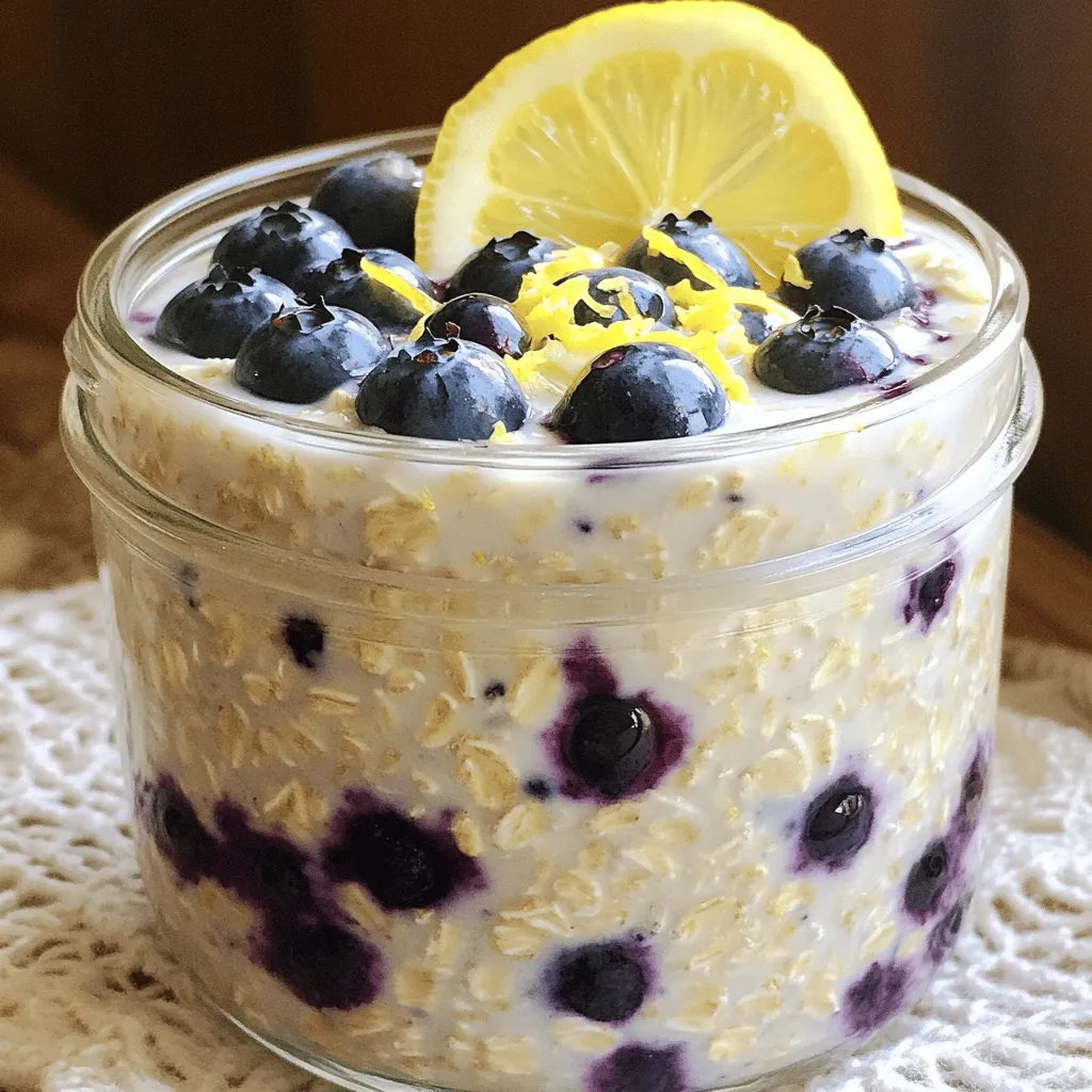 Let's dive into the key ingredients for your Lemon Blueberry Overnight Oats. Each element plays an important role in flavor and nutrition. - 1 cup rolled oats - 1 cup unsweetened almond milk (or milk of your choice) - 1/2 cup Greek yogurt (plain or vanilla) - 1 lemon (for zesting and juicing) - 1 tablespoon honey or maple syrup - 1/2 cup fresh blueberries - 1 tablespoon chia seeds (optional) - A pinch of salt The rolled oats serve as the base. They soak up flavors and create a creamy texture. Almond milk adds a nice, nutty taste. Greek yogurt boosts the creaminess and adds protein. Zest and juice from the lemon brighten the dish with a fresh kick. Honey or maple syrup sweetens it just right. Fresh blueberries add bursts of flavor and color. Chia seeds are optional but add fiber and help thicken the mix. Lastly, a pinch of salt enhances all the flavors. Mixing these ingredients together creates a tasty and nutritious breakfast. For the full recipe, check out the details above. Enjoy this delicious start to your day! - Start by mixing 1 cup of rolled oats with 1 tablespoon of chia seeds. - Add a pinch of salt to enhance the flavors. - In a separate bowl, whisk 1 cup of almond milk, 1/2 cup of Greek yogurt, 1 tablespoon of honey, the zest of 1 lemon, and juice from that lemon. - This mix will give your oats a creamy and zesty flavor. - Pour the wet mixture over the dry ingredients and stir well. - Gently fold in 1/2 cup of fresh blueberries, being careful not to crush them. - Divide the mix into two or three jars for easy storage. - Seal the jars tightly and place them in the refrigerator. - When you are ready to eat, stir each jar well to combine everything. - Top with extra blueberries and a sprinkle of lemon zest for a fresh finish. To get the best texture for your Lemon Blueberry Overnight Oats, adjust the almond milk. If you like thicker oats, use less almond milk. For creamier oats, add a bit more. I recommend soaking the oats for at least four hours. However, soaking them overnight gives better flavor and texture. You can add different sweeteners to your oats. Honey and maple syrup are great options. If you want something different, try agave nectar or stevia. You can also mix in extra ingredients. Consider adding nuts, seeds, or even a scoop of protein powder for a boost. For a beautiful serving, layer the oats in a clear jar. This shows off the vibrant blue of the berries. Finish with a slice of lemon for a pop of color. You can serve these oats as breakfast or a snack. They are delicious chilled or at room temperature. For the full recipe, be sure to check the earlier section! {{image_4}} You can switch up the berries in your overnight oats. Strawberries and raspberries work well. These fruits add a sweet and tart taste. You can also mix in bananas or peaches for a tropical twist. Each fruit brings its own flavor and nutrition. To boost the taste, you can add spices. A sprinkle of cinnamon gives warmth. Vanilla extract adds sweetness without sugar. You can also mix in nut butter, like almond or peanut. This makes your oats creamy and rich. If you want a vegan version, use plant-based yogurt and maple syrup. For gluten-free oats, make sure to choose certified gluten-free rolled oats. These swaps keep the dish tasty while meeting your diet needs. Feel free to explore these options. Each choice can make your Lemon Blueberry Overnight Oats unique and delicious! For the complete recipe, check the Full Recipe. Lemon blueberry overnight oats last up to five days in the fridge. Store them in airtight jars. Glass jars work best as they do not retain odors. Make sure to seal the jars tightly to keep the oats fresh. You can freeze overnight oats for up to three months. Use freezer-safe containers for best results. Leave some space in the jar for expansion. To thaw, place the jar in the fridge overnight. If you need them fast, set the jar in warm water for a few minutes. You can enjoy overnight oats cold or warm. If you prefer them warm, add a splash of milk and heat in the microwave for 30 seconds. Stir and check the temperature. Heat again if needed. Enjoy your tasty oats! Yes, you can use instant oats. However, the texture will be softer. Rolled oats give a nice chewy bite. Instant oats soak up liquid quickly. They might turn mushy if left too long. If you prefer a firmer texture, stick with rolled oats. You should soak the oats for at least 4 hours. Overnight is best for optimal flavor. This soaking time helps them absorb the liquid. It also softens the oats without cooking them. You want a creamy and thick consistency. You can use regular yogurt, dairy-free yogurt, or cottage cheese. Each option gives a different taste. For a lighter meal, try unsweetened applesauce. This keeps the oats creamy and adds flavor without the tang of yogurt. Yes, this recipe is perfect for meal prep. You can make several jars at once. Store them in the fridge for up to 5 days. Just remember to add fresh toppings right before serving. This keeps your oats looking and tasting fresh. Absolutely, adding protein powder is a great idea! It boosts the nutritional value. Mix it in with the wet ingredients. Choose a flavor that complements the lemon and blueberry. This creates a filling and balanced breakfast. Fresh fruits, nuts, and seeds are great toppings. Try more blueberries, sliced bananas, or strawberries. Chopped nuts add crunch and healthy fats. You can also drizzle honey or maple syrup for extra sweetness. Get creative and make it your own! For the full recipe, click [here](#). This blog post guides you through making delicious overnight oats. We explored the ingredients, like rolled oats, almond milk, and fresh blueberries. You learned how to prepare and combine these simple elements for a tasty meal. Don't forget the tips to perfect texture and flavor. With variations for different diets, there’s something for everyone. Now you can store, freeze, or reheat your oats as needed. This helps you enjoy healthy meals with ease. Make your mornings better with these simple steps!