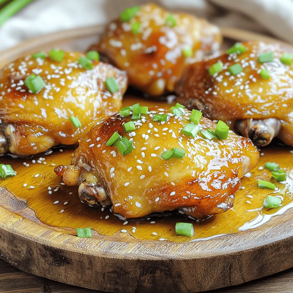 For this Honey Garlic Chicken Thighs recipe, you will need the following ingredients: - 4 bone-in, skin-on chicken thighs: The bone adds flavor. The skin gets crispy. - 1/4 cup honey: This brings sweetness and sticky goodness. - 1/4 cup soy sauce: Use low-sodium for a balanced taste. - 3 cloves garlic, minced: Fresh garlic adds depth and aroma. - 1 tablespoon fresh ginger, finely grated: This gives a warm, spicy note. - 1 tablespoon apple cider vinegar: It adds a nice tang to the sauce. - 1 teaspoon sesame oil: This adds an earthy, nutty flavor. - 1/2 teaspoon red pepper flakes (optional): Use these for a spicy kick. - Salt and freshly ground black pepper: Season to taste for flavor. - Chopped green onions: For garnish, they add color and freshness. - Toasted sesame seeds: Sprinkle for a crunchy finish. Gathering these ingredients will set you up for a tasty meal. You can adjust them based on your taste. For instance, add more garlic if you love its flavor. Enjoy making this dish! For the complete cooking process, check the Full Recipe. To make the sauce, you need to mix the ingredients in a bowl. Start with 1/4 cup of honey and 1/4 cup of soy sauce. Add 3 minced garlic cloves and 1 tablespoon of grated ginger. Next, pour in 1 tablespoon of apple cider vinegar and 1 teaspoon of sesame oil. If you like heat, add 1/2 teaspoon of red pepper flakes. Whisk everything together until it is smooth. This step is key for great flavor. For the right consistency, make sure the honey is not too thick. If it’s too thick, you can warm it slightly to make it easier to mix. A smooth sauce coats the chicken better. Now, let’s get the chicken ready. Use 4 bone-in, skin-on chicken thighs for the best results. Generously season both sides with salt and freshly ground black pepper. This will enhance the flavor of the chicken. Next, heat some oil in a large skillet over medium-high heat. When the oil is hot, place the chicken thighs in the skillet, skin-side down. Sear them for about 5-7 minutes. You want the skin to be crispy and golden brown. This step adds great texture and flavor. After searing, flip the chicken over to the flesh side. Pour the honey garlic sauce over the chicken, making sure each piece is coated. Lower the heat to medium-low and cover the skillet. Let the chicken simmer in the sauce for 20-25 minutes. Always check the internal temperature. The chicken is safe to eat when it reaches 165°F (75°C). After cooking, take the chicken out and let it rest for a few minutes. While it rests, increase the heat to high and let the sauce simmer for 2-3 minutes until it thickens. Finally, return the chicken to the skillet to coat it in the thickened sauce before serving. For the full recipe, you can refer to the complete instructions earlier. Enjoy your flavorful honey garlic chicken thighs! To get the best taste from your honey garlic chicken thighs, marinate the chicken. Use the sauce from the recipe. Let it sit for at least 30 minutes, or up to overnight in the fridge. This will allow the flavors to soak in deeply. For tenderness, sear your chicken thighs skin-side down. This step creates a crispy skin that locks in moisture. Cook them on medium-high heat for that perfect sear. When you flip them, lower the heat to let them simmer gently in the sauce. For serving, arrange the chicken on a large platter. Drizzle the remaining sauce over the top. This makes it look inviting and delicious! Garnish with chopped green onions and toasted sesame seeds. These add a nice pop of color and texture. When plating, place chicken thighs neatly. This gives it a clean and appealing look. You can also add a side of rice or steamed veggies for a complete meal. Avoid common mistakes like cooking on too high heat. This can burn the chicken skin and dry out the meat. Always check for doneness. The chicken should reach an internal temperature of 165°F (75°C). If the flavor is not strong enough, you can adjust it. Add more honey for sweetness or soy sauce for saltiness. Remember, taste as you go! This way, you can tailor the dish to your liking. {{image_4}} You can easily change ingredients in this recipe. For sweeteners, try maple syrup or agave nectar. These options can add a different flavor while keeping it sweet. You can also swap soy sauce with coconut aminos for a soy-free option. If you want to use chicken breasts instead of thighs, it works well too. Just remember, breasts cook faster, so check them at 20 minutes. You want to avoid dry chicken! Want to jazz up the flavor? Add spices like paprika or cumin for a new taste. These spices give the dish a smoky or earthy flavor. You can also add herbs such as cilantro or basil. Fresh herbs change the entire profile of the dish. For a Thai twist, add a bit of lime juice and zest. This will brighten the dish and give it a refreshing taste. You can also add some chili paste for a spicy kick. If you're looking for a lower-calorie version, use less honey or substitute it with a sugar-free sweetener. This can help reduce calories without losing flavor. For gluten-free options, use tamari instead of soy sauce. Tamari is easy to find and tastes great. It keeps the dish gluten-free while still being delicious. For health-conscious cooks, serve with steamed veggies or a salad. This adds fiber and nutrients without much added fat. After enjoying your honey garlic chicken thighs, let them cool down. This helps keep them fresh. Place the chicken in an airtight container. I recommend using glass or BPA-free plastic containers. These options help avoid any unwanted flavors. When reheating, you want to keep that tasty flavor. The best way is to use a skillet. Warm the chicken over medium heat. This method keeps the skin crispy. If you use a microwave, be careful. Microwaves can make the chicken rubbery. If you choose the microwave, heat in short bursts. Check it often to avoid overcooking. Storing and reheating properly ensures you enjoy your delicious chicken again! For the full recipe, check out the detailed guide above. To make sure your chicken is safe to eat, check its internal temperature. Use a meat thermometer. The chicken should reach 165°F (75°C). This temperature ensures the meat is fully cooked. Always check the thickest part of the thigh without touching the bone. Yes, you can use chicken breasts. However, they cook faster than thighs. Chicken breasts may dry out if overcooked. Thighs have more fat, giving them a richer flavor. Adjust cooking time if you switch to breasts. They usually take about 15-20 minutes to cook through. Great side dishes include rice, steamed veggies, or a fresh salad. You can also try mashed potatoes or quinoa. For a fun twist, serve with fried rice for a complete meal. These sides balance the sweet and savory flavors of the chicken. To spice up your sauce, add more red pepper flakes. Start with a little and taste as you go. You can also mix in hot sauce for extra heat. Another option is to add fresh chopped chili peppers. Adjust the spice to your liking for the perfect kick. In this post, we covered how to make delicious Honey Garlic Chicken Thighs. We discussed key ingredients like chicken thighs, honey, and soy sauce, and shared step-by-step instructions. We explored tips for great flavor and variations to suit your taste. Proper storage and reheating methods were also included. I hope this guide helps you create a meal that everyone enjoys. Don't be afraid to experiment and make it your own!