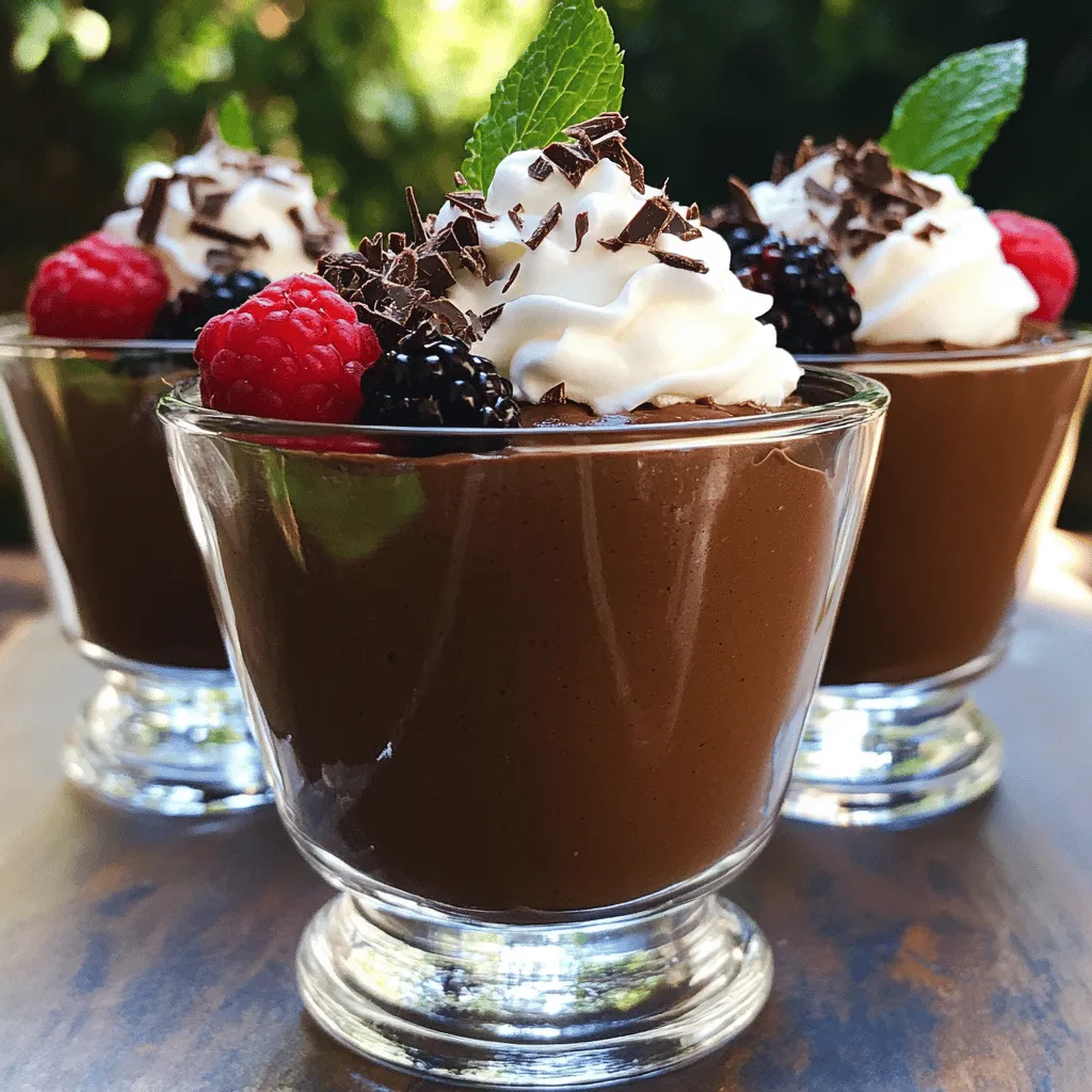 To make this delightful mousse, you need: - 2 ripe avocados - 1/2 cup unsweetened cocoa powder - 1/3 cup maple syrup (or agave syrup for a vegan twist) These main ingredients create a creamy, rich base. Ripe avocados give the mousse its smooth texture and healthy fat. Unsweetened cocoa powder adds that deep chocolate flavor. Maple syrup or agave syrup sweetens it just right. For a smooth blend, you can use: - 1/2 cup almond milk - Other alternatives like soy, coconut, or oat milk Almond milk works well, but feel free to choose any non-dairy milk you like. Each type adds a unique flavor. Coconut milk can give a tropical touch, while oat milk brings a creamier feel. You can dress up your mousse with: - Coconut whipped cream - Dark chocolate shavings - Fresh berries These toppings not only enhance the look but also add fun flavors. Coconut whipped cream adds a light sweetness. Dark chocolate shavings give a rich crunch. Fresh berries bring a burst of color and a hint of tartness. For the full recipe, check out the section above. To start, you must get ripe avocados. Look for ones with a slight give when gently squeezed. They should not be too hard or overly soft. How to slice and scoop: - Cut the avocado in half lengthwise. - Twist the two halves apart to separate them. - Use a spoon to scoop out the rich, green flesh. Now it’s time to blend! The order of additions matters. Start by adding the avocado first. Then, pour in the cocoa powder, maple syrup, almond milk, vanilla extract, and a pinch of sea salt. Importance of texture: Blend on high speed until smooth. You may need to pause to scrape the sides. If it’s too thick, add more almond milk, one tablespoon at a time. The goal is a creamy, dreamy mousse. You need to chill the mousse for at least 30 minutes. This step helps the flavors meld together. Best practices for serving presentation: Spoon the mousse into clear glass cups for a tempting look. Top with coconut whipped cream, dark chocolate shavings, or fresh berries. Add a mint leaf for color. This elevates your dessert and makes it even more inviting. To get the right texture for your mousse, use almond milk. If your mousse is too thick, add almond milk a little at a time. Blend it well after each addition. This will help it become smooth and creamy. For extra creaminess, blend until you can’t see any lumps. A high-powered blender works best for this. You can adjust the sweetness to your taste. If you want it sweeter, add more maple syrup. Blend it again to mix it well. You can also add fun flavors. A teaspoon of coffee or a drop of almond extract adds a nice twist. Try different flavors to find your favorite. Make your mousse look special with easy garnishes. Top it with coconut whipped cream or dark chocolate shavings. Fresh berries add color and taste, making it pop. Serve in clear cups to show off its rich color. You can even add a mint leaf for an extra touch. This makes the dessert look fancy for any occasion. {{image_4}} For a vegan or paleo mousse, you can easily change some ingredients. Use agave syrup instead of maple syrup. This keeps your mousse sweet and vegan-friendly. Choose coconut milk or cashew milk for a richer taste. If you want it paleo, avoid processed sugars. Use raw honey or date syrup instead. Focus on natural sweeteners to keep it clean. You can make your mousse unique with fun add-ins. Adding nut butters like almond or cashew gives it a creamy twist. You can also mix in spices like cinnamon or nutmeg for warmth. Want to swap flavors? Use dark chocolate instead of cocoa powder. This gives a deeper chocolate taste. You can even add a splash of espresso for a coffee kick! Seasonal fruits can make your mousse even better. In summer, top it with fresh berries like strawberries or raspberries. Fall calls for sliced apples or pears with a dash of cinnamon. For a holiday theme, try adding pumpkin spice or peppermint extract. These flavors can create a festive vibe for any gathering. Remember, you can find the full recipe [Full Recipe]. To keep your dairy-free chocolate avocado mousse fresh, store it in the fridge. Use an airtight container to prevent drying. If you have leftover mousse, cover it tightly with plastic wrap. This keeps air out and helps maintain its creamy texture. For freezing, place the mousse in an airtight container. Leave some space at the top. It may expand as it freezes. To thaw, move it to the fridge for a few hours. Stir well before serving. When stored properly in the fridge, the mousse lasts about 3 to 5 days. After this time, it may lose its flavor and texture. If you notice any discoloration or a sour smell, it’s best to toss it. These signs indicate spoilage. Leftover mousse can shine in other recipes. Use it as a filling for cakes or cupcakes. It also makes a great dip for fruit. You can layer it in parfaits with granola and berries. Get creative and enjoy every last bit! For the full recipe, check back to make this tasty treat. Yes, you can make this mousse ahead of time. In fact, it tastes better after chilling. To store it, place the mousse in airtight containers. Cover the tops with plastic wrap to prevent browning. Store in the fridge for up to three days. If you want to keep it longer, freeze it for about a month. Just remember to thaw in the fridge before serving. Avocados are nutrient-rich. They provide healthy fats, fiber, and vitamins. They are high in potassium, which helps regulate blood pressure. The healthy fats in avocados support heart health. Using them in desserts adds creaminess without dairy. Plus, they can help you feel full longer, making this mousse a smart choice. Yes, this mousse is great for kids! It’s naturally sweet and creamy. Plus, it has good fats from avocados. Kids often love the chocolate flavor. Be mindful of any allergies, especially to nuts in almond milk. This mousse can fit various dietary needs, making it a tasty treat for everyone. For the full recipe, check out the complete guide. This blog post showed you how to make a delicious avocado mousse. We explored the best ingredients, like ripe avocados and cocoa powder, that create a rich flavor. You learned about blending techniques and how to chill the mousse for perfect texture. Don't forget the fun tips for customizing your dessert with toppings or seasonal ingredients. Try different variations to keep it exciting. This mousse is easy to store and great for sharing. Enjoy this treat that is tasty, healthy, and fun to make!