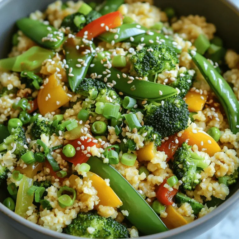 - Cauliflower and Vegetables - 1 medium head of cauliflower, grated to create rice-like pieces - 1 cup broccoli florets, cut into bite-sized pieces - 1 bell pepper (red or yellow), diced for vibrant color - 1 small carrot, julienned for a sweet crunch - 1 cup snap peas, trimmed and ready to crisp - Aromatics and Seasonings - 2 cloves garlic, minced to release aroma - 1 tablespoon fresh ginger, minced for warmth - 3 tablespoons soy sauce or tamari (for gluten-free option) - 1 tablespoon sesame oil for nutty depth - Oils and Garnishes - 1 tablespoon olive oil for sautéing - 2 green onions, finely chopped for garnish - Sesame seeds for an elegant finish - Salt and pepper, to taste Gathering these ingredients is key to a tasty meal. Each veggie adds color and crunch. The garlic and ginger give a warm, spicy note. Soy sauce and sesame oil make the dish savory. Don’t forget the sesame seeds; they add a nice touch! For the full recipe, check out the details provided earlier. To start, I take a medium head of cauliflower. I remove the leaves and stem first. Then, I cut it into quarters. Next, I grab either a grater or a food processor. I grate the cauliflower until it looks like rice grains. This process makes the perfect base for my stir-fry. Once done, I set the cauliflower rice aside to use later. Now, I heat a large skillet or wok over medium-high heat. I add one tablespoon of olive oil to the pan. After the oil warms, I toss in two cloves of minced garlic and one tablespoon of fresh minced ginger. I sauté these for about 30 seconds. I want them fragrant, but not burnt. The aroma fills my kitchen and signals that it’s time for the next step. Next, I introduce my colorful veggies. I add one diced bell pepper, one small julienned carrot, one cup of broccoli florets, and one cup of snap peas. I stir-fry this mix for about 3-5 minutes. I watch closely as they cook, ensuring they stay tender yet crisp. This step adds color and nutrition to my dish. After the vegetables are cooked, I add the cauliflower rice to the skillet. I mix everything together well. This is key to blending the flavors. I let it cook for an extra 4-5 minutes. I stir regularly to avoid sticking and ensure even cooking. This helps achieve a nice texture in my stir-fry. I then drizzle three tablespoons of soy sauce and one tablespoon of sesame oil over the stir-fry. I toss everything to combine. This step ensures that every bite bursts with flavor. I let it cook for 1-2 more minutes. I then season with salt and pepper to taste. To finish, I add two finely chopped green onions and stir again. I then transfer the stir-fry to a serving dish. I sprinkle sesame seeds on top for a nice crunch and visual appeal. This simple yet flavorful dish always impresses my family and friends. For the full recipe, check out the details above. Using fresh ingredients is key. Fresh veggies bring life to your dish. Look for bright colors and firm textures. They make your stir-fry tasty and eye-catching. Try to pick seasonal produce for the best flavor. Adjusting seasonings can elevate your stir-fry. Start with soy sauce for umami. You can modify the amount to fit your taste. If you like it spicy, add chili flakes. A splash of lime juice can add brightness. Always taste as you go to find your perfect blend. Stir-frying is quick and keeps veggies crisp. Use high heat and constant movement. This method locks in flavors and nutrients. Sautéing, while slower, can achieve great results too. Both methods have their place in the kitchen. Avoiding overcooking is essential. Keep an eye on your veggies. They should be tender yet still have a nice crunch. Overcooking can lead to mushy textures. Remember, you want each bite to be delightful. Serving suggestions matter. Arrange the stir-fry on a large dish for sharing. For individual bowls, add a scoop of rice on the side. This makes for a complete meal. Decorative garnishing tips include adding green onions and sesame seeds. A sprinkle of seeds adds a nice texture. A few extra slices of green onion can brighten up the dish. Use these touches to make your meal visually appealing. For the full recipe, check out the details above. {{image_4}} You can easily add protein to your cauliflower rice stir-fry. Tofu is a great choice if you want a vegetarian option. Just press it to remove excess water, then cut it into cubes. Sauté the tofu until it is golden and crispy before adding it to the stir-fry. This adds a nice texture and flavor. If you prefer meat, chicken works well too. Cut the chicken into small pieces and cook it in the skillet before adding the veggies. This way, the chicken absorbs the flavors of the garlic and ginger. You can also try shrimp instead of chicken. Shrimp cooks quickly and brings a tasty twist. Just toss in the shrimp once your veggies are nearly done. Cook until they’re pink and opaque, and you are all set! Feel free to get creative with your veggies. You can add greens like spinach or kale. Just toss them in during the last few minutes of cooking. This keeps them bright and adds extra nutrients. Using seasonal produce is another fun idea. In summer, zucchini or bell peppers are great. In fall, you might add sliced mushrooms or carrots. The more colors you use, the more appealing your dish will look. Changing your sauces or oils can transform your dish. If you want something different, try using coconut aminos instead of soy sauce. It gives a sweeter taste and is soy-free. You can also switch up the oils. Use chili oil for a kick or avocado oil for a milder flavor. If you like spice, add red pepper flakes or sriracha for heat. For sweetness, try a touch of honey or maple syrup. Mixing sweet and spicy gives your dish a unique flavor that will surprise your taste buds! To keep your leftover stir-fry fresh, start by cooling it properly. Leave it at room temperature for about 30 minutes. This helps reduce moisture build-up. After cooling, store it in an airtight container. This keeps out air and prevents sogginess. When you're ready to eat, reheating is key. Use a skillet over medium heat for best results. Add a splash of water to keep it moist. Stir gently until heated through. This method helps maintain the texture and flavor of the veggies. If you want to freeze the stir-fry, choose a freezer-safe container. A heavy-duty freezer bag works well too. Ensure you remove as much air as possible. To thaw, place it in the fridge overnight. Then, reheat in a skillet to bring back the delicious taste. To make cauliflower rice, start with a medium head of cauliflower. First, remove the leaves and stem. Cut the head into quarters. Use a box grater or food processor to grate the cauliflower. Keep grating until it looks like rice grains. This process takes about 5 to 10 minutes. Cauliflower rice is low in calories and high in nutrients. It contains fiber, vitamins C, K, and B6. Cauliflower rice helps with digestion and may aid in weight loss. It is also gluten-free and low-carb. This makes it a great option for many diets. Yes, you can prepare this stir-fry ahead of time. Cook the veggies and cauliflower rice as usual. After cooking, let it cool completely. Store it in an airtight container in the fridge. It will stay fresh for up to three days. When ready to eat, just reheat in a pan or microwave. This saves time on busy days and keeps meals quick and easy. For the full recipe, check out the earlier section. This blog post covered how to create a delicious cauliflower stir-fry. We discussed ingredients, preparation, and cooking steps to enhance flavors. I shared tips on improving taste and various ways to customize your dish. We wrapped up with storage advice to keep leftovers fresh. Stir-frying with cauliflower rice is a fun and healthy choice. You can easily adjust the recipe to fit your tastes. I hope you enjoy trying these ideas in your kitchen!