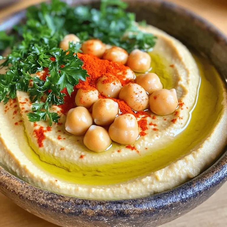 To make classic hummus, you need the following ingredients: - 1 can (15 oz) chickpeas, drained and rinsed - 1/4 cup tahini (sesame seed paste) - 1/4 cup freshly squeezed lemon juice - 2 tablespoons extra virgin olive oil - 1 garlic clove, finely minced - 1/2 teaspoon ground cumin - Sea salt, to taste - Cold water, as needed for the desired consistency - Sweet paprika and fresh parsley, chopped, for garnish Using high-quality ingredients makes a big difference. Choose chickpeas that are firm and fresh. Opt for a good tahini, as it adds creaminess. Use fresh lemon juice, not bottled, for the best flavor. Extra virgin olive oil should be smooth and fragrant. Fresh garlic gives the best taste. Always adjust sea salt for your preference. For texture, cold water is key. Add it slowly to reach your perfect smoothness. The garnish of sweet paprika and parsley adds color and a touch of flavor. This classic hummus recipe is simple but delicious. For the full recipe, refer to the instructions above. 1. Start by adding the drained and rinsed chickpeas into your food processor. 2. Add the tahini to the chickpeas. Pulse for about 30 seconds. The mix should start to blend well. 3. Next, pour in the freshly squeezed lemon juice, minced garlic, extra virgin olive oil, and ground cumin. 4. Process these ingredients together for about one minute. Aim for a smooth and creamy texture. 5. Stop the processor. Use a spatula to scrape down the sides. This helps mix all the flavors. 6. Taste the mixture and add sea salt as you like. 1. To get the right creamy consistency, add cold water. Do this one tablespoon at a time. 2. Blend the mix until it becomes velvety smooth. You want it to be easy to scoop. 3. When you are happy with the texture, scoop the hummus into a nice serving bowl. 4. For a great look, drizzle a bit of extra olive oil on top. Sprinkle sweet paprika and freshly chopped parsley as a garnish. 5. Serve your hummus with fresh veggies, pita bread, or crackers. This makes it perfect for sharing! Enjoy this classic hummus recipe and let the flavors shine! For the full recipe, see the details above. To get the best texture, adjust the water. Start with a little, then add more as needed. This way, you can control how thick or creamy your hummus gets. Use a high-speed food processor. It blends the ingredients evenly and creates a smooth mix. Pulse first to break down the chickpeas, then blend longer. This helps achieve the right consistency. Scrape down the sides often. This ensures every bit gets mixed well. Want to elevate your hummus? Try adding roasted garlic instead of raw. It gives a sweeter, richer taste. You can also include roasted red peppers or sun-dried tomatoes for a twist. Spices can really enhance your hummus, too. Add smoked paprika for a nice depth. A pinch of cayenne can add heat. Experiment with herbs like fresh basil or dill for a fresh touch. For a full recipe, check out the classic hummus delight section. {{image_4}} You can change up the base of your hummus. If you want, use other beans like black beans or lentils instead of chickpeas. These swaps give your dish a new twist. For vegan options, stick to the classic tahini and olive oil. If you want to add creaminess, you can use yogurt, but that makes it non-vegan. Always check what works best for your diet. Hummus is fun because you can add flavors. One popular choice is roasted red pepper hummus. Just blend in roasted red peppers with the chickpeas. This gives a sweet and smoky taste. Another great option is garlic and herb hummus. Add more garlic and fresh herbs like parsley or basil. This makes your hummus bright and fresh. These variations let you create a hummus for every mood. You can try them alongside the full recipe for classic hummus. Enjoy experimenting! To keep your hummus fresh, use an airtight container. Glass jars work well, but plastic containers are fine too. Make sure the lid seals tightly. This keeps air out and helps preserve flavor. Store your hummus in the fridge right after you make it. It stays fresh longer this way. If you leave it out, it can spoil quickly due to bacteria. Aim to refrigerate your hummus within two hours of making it. Hummus lasts about four to seven days in the fridge. The exact time depends on how fresh your ingredients are. Always check for signs that it has gone bad. Look for changes in color or texture. If the hummus smells sour or has mold, it’s time to toss it. Trust your senses; if it seems off, don’t eat it. Enjoy your classic hummus recipe and keep it fresh with these tips! Can I freeze hummus? Yes, you can freeze hummus. Just place it in an airtight container. Make sure to leave some space at the top, as it can expand. When you want to eat it, thaw it in the fridge overnight. Stir it well before serving. What to serve with hummus? You can serve hummus with many tasty things. Fresh veggies like carrots, cucumbers, and bell peppers work great. Pita chips or warm pita bread are also a hit. You can even use crackers or toast for a nice crunch. How to make hummus without a food processor? You can use a blender or even a fork. If you use a blender, blend in small batches. If you use a fork, mash the chickpeas well first, then mix in the other ingredients. It will take more time, but you can still get great hummus. What's the difference between store-bought and homemade hummus? Homemade hummus often tastes fresher and has a creamier texture. You can control the flavors and make it your own. Store-bought hummus may have preservatives and less flavor. Plus, making it at home can be fun and rewarding. For the best taste, try my full recipe! Making your own hummus is simple and fun. We explored the right ingredients, measurements, and storage tips. I shared ways to achieve the perfect texture and flavor. Don’t forget about creative variations, like roasted red pepper or garlic hummus. With these tips, you can make delicious hummus at home. Enjoy experimenting with flavors and share your creations! Your kitchen will become an exciting place for tasty snacks.