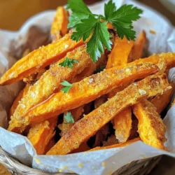 To make baked sweet potato fries, you need a few simple items. Here is what you will need: - 2 large sweet potatoes - 2 tablespoons olive oil - 1 teaspoon garlic powder - 1 teaspoon smoked paprika - ½ teaspoon cayenne pepper (optional) - Salt and freshly ground black pepper, to taste - Fresh parsley, chopped (for garnish) These ingredients come together to create fries that are crispy and packed with flavor. Sweet potatoes give a natural sweetness that pairs well with spices. If you want to amp up the taste, consider adding more seasonings. Here are some ideas: - Cumin for a warm, earthy flavor - Chili powder for some heat - Italian herbs like oregano or basil for a fresh twist - Parmesan cheese for a savory finish Feel free to mix and match these seasonings to create your own unique flavor profile. Experimenting with spices can lead to delightful surprises! To enjoy your baked sweet potato fries, serving them with dips can elevate the experience. Here are a few tasty options: - Homemade garlic aioli for a creamy, garlicky kick - Spicy ketchup for a classic yet zesty flavor - Avocado dip for a fresh, healthy choice - Ranch dressing for a cool, tangy dip For a fun presentation, you can serve the fries in a rustic basket. Line it with parchment paper, and add a small bowl of dip on the side. This adds a nice touch to your snack or meal. For the full recipe, check out the detailed instructions above. Start by preheating your oven to 425°F (220°C). This helps the fries cook evenly and become crispy. Wash and peel your sweet potatoes well. Next, slice them into thin fries, about ¼ inch thick. Thin fries cook better and get crispier. Make sure the cuts are uniform to ensure even cooking. In a large bowl, place the sweet potato fries. Drizzle 2 tablespoons of olive oil over them. Toss the fries gently with your hands or a spatula. This step helps coat each fry in oil, which is key for crispiness. Now, add 1 teaspoon of garlic powder, 1 teaspoon of smoked paprika, and ½ teaspoon of cayenne pepper if you like some heat. Season with salt and fresh black pepper to taste. Toss the fries again so every fry is well-coated with the spices. Spread the seasoned fries in a single layer on a lined baking sheet. Avoid crowding them; this allows hot air to flow and makes them crispy. Bake the fries for 25-30 minutes. Flip them halfway through to ensure they brown evenly on all sides. When they look golden and crispy, take them out. Let them cool for a few minutes before serving. This helps them firm up even more. You can find the full recipe for these delicious fries in the earlier section. To get crispy sweet potato fries, start by using high heat. Preheat your oven to 425°F (220°C). Next, use enough olive oil to coat each fry evenly. This helps them crisp up nicely. Spread the fries in a single layer on the baking sheet. Overcrowding can lead to soggy fries. Flip them halfway through cooking for even crisping. Cutting the sweet potatoes into uniform pieces is very important. Aim for about ¼ inch thick. This ensures all fries cook at the same rate. If some are thick and others are thin, you will end up with a mix of soggy and burnt fries. Consistent sizes mean perfect fries every time. A few common mistakes can ruin your fries. First, don’t skip the oil. It’s key to achieving that crunchy texture. Second, avoid using wet or unpeeled sweet potatoes. Moisture can lead to steaming instead of baking. Lastly, remember to season well. A simple mix of garlic powder and paprika enhances flavor greatly. Check the Full Recipe for more tips on making the best baked sweet potato fries! {{image_4}} You can change the flavor of your sweet potato fries easily. Try different spices to find your favorite. For a zesty twist, mix lime zest with chili powder. For a savory touch, use rosemary and thyme. You can also try curry powder for a warm, exotic flavor. Mixing flavors adds fun and keeps things interesting! Sweet potatoes are great, but other veggies work too! You can use carrots, zucchini, or even beets. Cut them into fry shapes like the sweet potatoes. Season them the same way or try new spices for each. This way, you can have a colorful veggie platter. Each type adds its own taste and nutrition. Dips make your fries even better! A spicy dip is great for those who love heat. Mix Greek yogurt with hot sauce for a creamy kick. For something sweet, try honey mustard. Just mix honey with Dijon mustard for a quick dip. You can also blend peanut butter with soy sauce for a nutty flavor. Dips add a new layer of fun and flavor! To keep your leftover baked sweet potato fries fresh, place them in an airtight container. Make sure the fries are cool before sealing them. This helps prevent moisture buildup, which can make them soggy. Store the container in the fridge for up to three days. When you’re ready to enjoy the fries again, reheating them properly is key. Preheat your oven to 400°F (200°C). Spread the fries on a baking sheet in one layer. Bake for about 10-15 minutes until they are hot and crispy. This method helps restore their original crunch. If you want to store your fries for longer, freezing is a great option. First, let the fries cool completely. Then, spread them out on a baking sheet and freeze until firm. Once frozen, transfer the fries to a freezer-safe bag. They can stay in the freezer for up to three months. When you are ready to eat, bake them directly from the freezer without thawing. For best results, follow the full recipe for seasoning and baking times. Yes, you can use other potatoes. Regular potatoes, like Russets, work well. They may not have the same sweetness, but they bake nicely. You can also try Yukon Golds for a creamy texture. Just remember to adjust the cooking time as needed. To make baked sweet potato fries healthier, use less oil. You can reduce olive oil to one tablespoon. You can also skip the cayenne for a milder flavor. Adding herbs like rosemary or thyme can boost flavor without adding calories. For a crunch, try air frying instead of baking. I recommend baking sweet potato fries at 425°F (220°C). This high temperature helps them crisp up nicely. Make sure to flip them halfway for even browning. The key to great fries is the right heat and space on the baking sheet. For the full recipe, check out the details above. Baked sweet potato fries are easy to make and taste great. We covered essential ingredients, seasonings, and serving ideas. The step-by-step guide helps you prep, season, and bake fries for a crispy finish. I shared tips for achieving perfect fries and explored fun variations and dips. Don't forget how to store leftovers properly. With these insights, you can enjoy tasty fries anytime. Now, grab those sweet potatoes and start baking your own delicious fries!