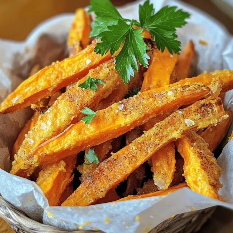 To make baked sweet potato fries, you need a few simple items. Here is what you will need: - 2 large sweet potatoes - 2 tablespoons olive oil - 1 teaspoon garlic powder - 1 teaspoon smoked paprika - ½ teaspoon cayenne pepper (optional) - Salt and freshly ground black pepper, to taste - Fresh parsley, chopped (for garnish) These ingredients come together to create fries that are crispy and packed with flavor. Sweet potatoes give a natural sweetness that pairs well with spices. If you want to amp up the taste, consider adding more seasonings. Here are some ideas: - Cumin for a warm, earthy flavor - Chili powder for some heat - Italian herbs like oregano or basil for a fresh twist - Parmesan cheese for a savory finish Feel free to mix and match these seasonings to create your own unique flavor profile. Experimenting with spices can lead to delightful surprises! To enjoy your baked sweet potato fries, serving them with dips can elevate the experience. Here are a few tasty options: - Homemade garlic aioli for a creamy, garlicky kick - Spicy ketchup for a classic yet zesty flavor - Avocado dip for a fresh, healthy choice - Ranch dressing for a cool, tangy dip For a fun presentation, you can serve the fries in a rustic basket. Line it with parchment paper, and add a small bowl of dip on the side. This adds a nice touch to your snack or meal. For the full recipe, check out the detailed instructions above. Start by preheating your oven to 425°F (220°C). This helps the fries cook evenly and become crispy. Wash and peel your sweet potatoes well. Next, slice them into thin fries, about ¼ inch thick. Thin fries cook better and get crispier. Make sure the cuts are uniform to ensure even cooking. In a large bowl, place the sweet potato fries. Drizzle 2 tablespoons of olive oil over them. Toss the fries gently with your hands or a spatula. This step helps coat each fry in oil, which is key for crispiness. Now, add 1 teaspoon of garlic powder, 1 teaspoon of smoked paprika, and ½ teaspoon of cayenne pepper if you like some heat. Season with salt and fresh black pepper to taste. Toss the fries again so every fry is well-coated with the spices. Spread the seasoned fries in a single layer on a lined baking sheet. Avoid crowding them; this allows hot air to flow and makes them crispy. Bake the fries for 25-30 minutes. Flip them halfway through to ensure they brown evenly on all sides. When they look golden and crispy, take them out. Let them cool for a few minutes before serving. This helps them firm up even more. You can find the full recipe for these delicious fries in the earlier section. To get crispy sweet potato fries, start by using high heat. Preheat your oven to 425°F (220°C). Next, use enough olive oil to coat each fry evenly. This helps them crisp up nicely. Spread the fries in a single layer on the baking sheet. Overcrowding can lead to soggy fries. Flip them halfway through cooking for even crisping. Cutting the sweet potatoes into uniform pieces is very important. Aim for about ¼ inch thick. This ensures all fries cook at the same rate. If some are thick and others are thin, you will end up with a mix of soggy and burnt fries. Consistent sizes mean perfect fries every time. A few common mistakes can ruin your fries. First, don’t skip the oil. It’s key to achieving that crunchy texture. Second, avoid using wet or unpeeled sweet potatoes. Moisture can lead to steaming instead of baking. Lastly, remember to season well. A simple mix of garlic powder and paprika enhances flavor greatly. Check the Full Recipe for more tips on making the best baked sweet potato fries! {{image_4}} You can change the flavor of your sweet potato fries easily. Try different spices to find your favorite. For a zesty twist, mix lime zest with chili powder. For a savory touch, use rosemary and thyme. You can also try curry powder for a warm, exotic flavor. Mixing flavors adds fun and keeps things interesting! Sweet potatoes are great, but other veggies work too! You can use carrots, zucchini, or even beets. Cut them into fry shapes like the sweet potatoes. Season them the same way or try new spices for each. This way, you can have a colorful veggie platter. Each type adds its own taste and nutrition. Dips make your fries even better! A spicy dip is great for those who love heat. Mix Greek yogurt with hot sauce for a creamy kick. For something sweet, try honey mustard. Just mix honey with Dijon mustard for a quick dip. You can also blend peanut butter with soy sauce for a nutty flavor. Dips add a new layer of fun and flavor! To keep your leftover baked sweet potato fries fresh, place them in an airtight container. Make sure the fries are cool before sealing them. This helps prevent moisture buildup, which can make them soggy. Store the container in the fridge for up to three days. When you’re ready to enjoy the fries again, reheating them properly is key. Preheat your oven to 400°F (200°C). Spread the fries on a baking sheet in one layer. Bake for about 10-15 minutes until they are hot and crispy. This method helps restore their original crunch. If you want to store your fries for longer, freezing is a great option. First, let the fries cool completely. Then, spread them out on a baking sheet and freeze until firm. Once frozen, transfer the fries to a freezer-safe bag. They can stay in the freezer for up to three months. When you are ready to eat, bake them directly from the freezer without thawing. For best results, follow the full recipe for seasoning and baking times. Yes, you can use other potatoes. Regular potatoes, like Russets, work well. They may not have the same sweetness, but they bake nicely. You can also try Yukon Golds for a creamy texture. Just remember to adjust the cooking time as needed. To make baked sweet potato fries healthier, use less oil. You can reduce olive oil to one tablespoon. You can also skip the cayenne for a milder flavor. Adding herbs like rosemary or thyme can boost flavor without adding calories. For a crunch, try air frying instead of baking. I recommend baking sweet potato fries at 425°F (220°C). This high temperature helps them crisp up nicely. Make sure to flip them halfway for even browning. The key to great fries is the right heat and space on the baking sheet. For the full recipe, check out the details above. Baked sweet potato fries are easy to make and taste great. We covered essential ingredients, seasonings, and serving ideas. The step-by-step guide helps you prep, season, and bake fries for a crispy finish. I shared tips for achieving perfect fries and explored fun variations and dips. Don't forget how to store leftovers properly. With these insights, you can enjoy tasty fries anytime. Now, grab those sweet potatoes and start baking your own delicious fries!
